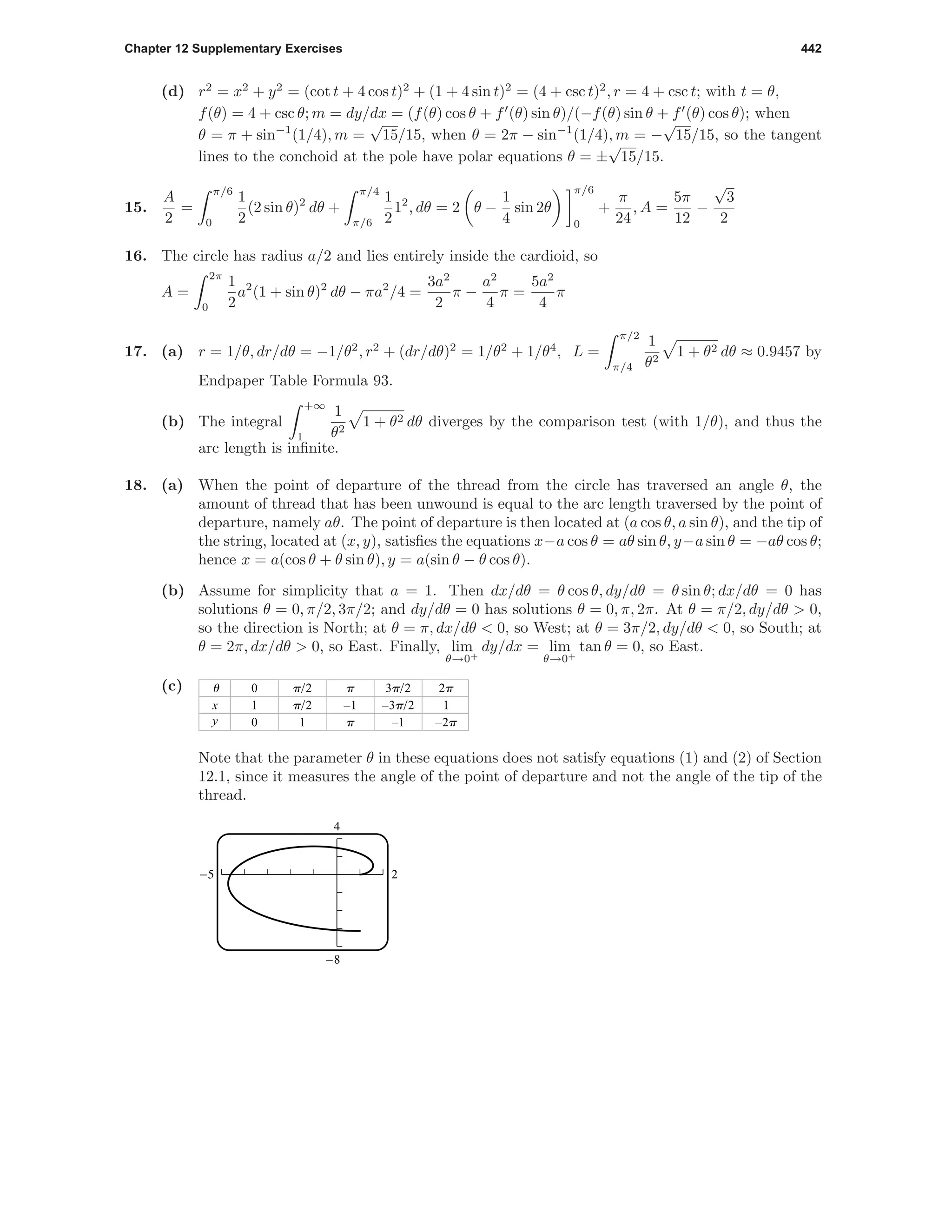 Chapter 12 Supplementary Exercises 442
(d) r2
= x2
+ y2
= (cot t + 4 cos t)2
+ (1 + 4 sin t)2
= (4 + csc t)2
, r = 4 + csc t; with t = θ,
f(θ) = 4 + csc θ; m = dy/dx = (f(θ) cos θ + f (θ) sin θ)/(−f(θ) sin θ + f (θ) cos θ); when
θ = π + sin−1
(1/4), m =
√
15/15, when θ = 2π − sin−1
(1/4), m = −
√
15/15, so the tangent
lines to the conchoid at the pole have polar equations θ = ±
√
15/15.
15.
A
2
=
π/6
0
1
2
(2 sin θ)2
dθ +
π/4
π/6
1
2
12
, dθ = 2 θ −
1
4
sin 2θ
π/6
0
+
π
24
, A =
5π
12
−
√
3
2
16. The circle has radius a/2 and lies entirely inside the cardioid, so
A =
2π
0
1
2
a2
(1 + sin θ)2
dθ − πa2
/4 =
3a2
2
π −
a2
4
π =
5a2
4
π
17. (a) r = 1/θ, dr/dθ = −1/θ2
, r2
+ (dr/dθ)2
= 1/θ2
+ 1/θ4
, L =
π/2
π/4
1
θ2
1 + θ2 dθ ≈ 0.9457 by
Endpaper Table Formula 93.
(b) The integral
+∞
1
1
θ2
1 + θ2 dθ diverges by the comparison test (with 1/θ), and thus the
arc length is inﬁnite.
18. (a) When the point of departure of the thread from the circle has traversed an angle θ, the
amount of thread that has been unwound is equal to the arc length traversed by the point of
departure, namely aθ. The point of departure is then located at (a cos θ, a sin θ), and the tip of
the string, located at (x, y), satisﬁes the equations x−a cos θ = aθ sin θ, y−a sin θ = −aθ cos θ;
hence x = a(cos θ + θ sin θ), y = a(sin θ − θ cos θ).
(b) Assume for simplicity that a = 1. Then dx/dθ = θ cos θ, dy/dθ = θ sin θ; dx/dθ = 0 has
solutions θ = 0, π/2, 3π/2; and dy/dθ = 0 has solutions θ = 0, π, 2π. At θ = π/2, dy/dθ > 0,
so the direction is North; at θ = π, dx/dθ < 0, so West; at θ = 3π/2, dy/dθ < 0, so South; at
θ = 2π, dx/dθ > 0, so East. Finally, lim
θ→0+
dy/dx = lim
θ→0+
tan θ = 0, so East.
(c) u
x
y
0
1
0
p/2
p/2
1
p
–1
p
3p/2
–3p/2
–1
2p
1
–2p
Note that the parameter θ in these equations does not satisfy equations (1) and (2) of Section
12.1, since it measures the angle of the point of departure and not the angle of the tip of the
thread.
4
-8
-5 2
 