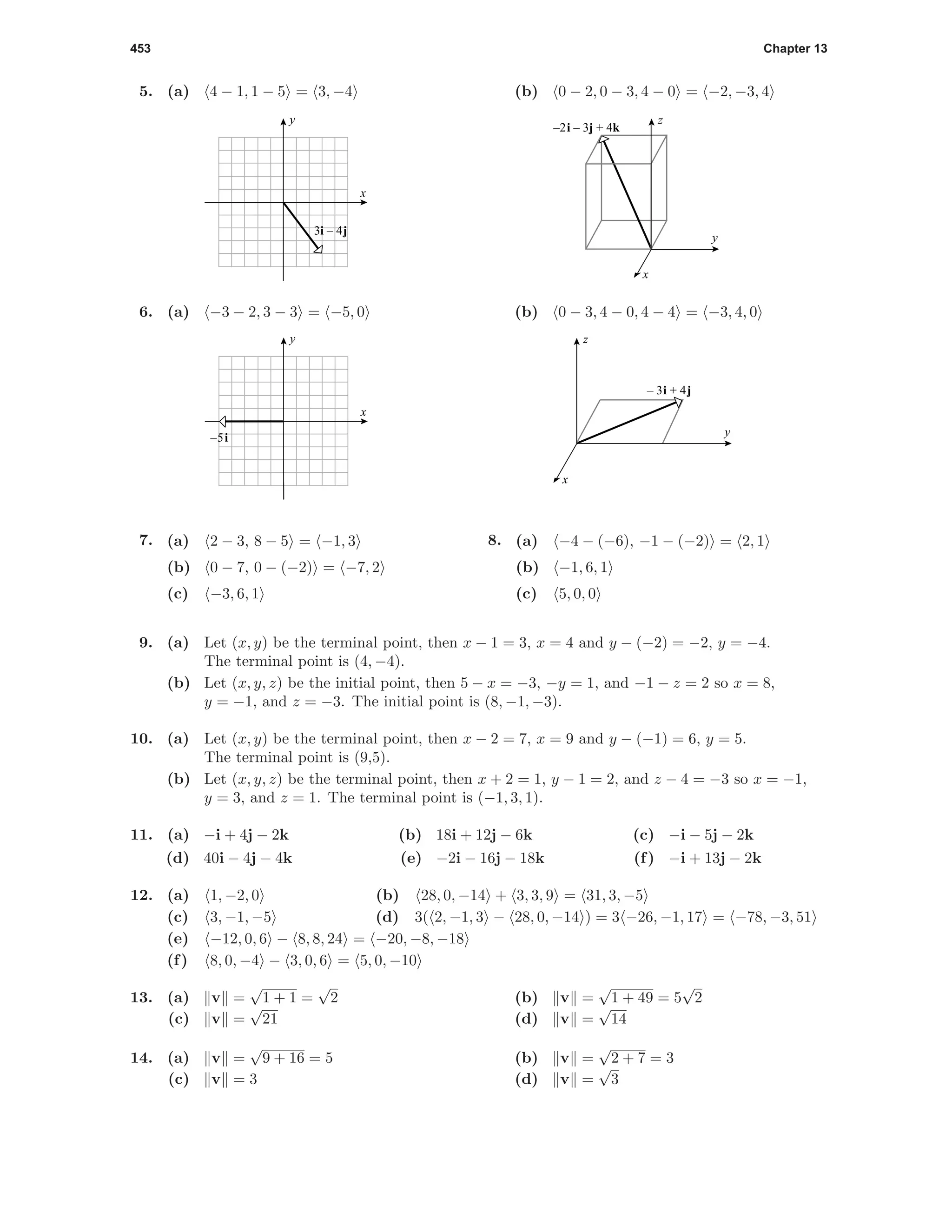 453 Chapter 13
5. (a) 4 − 1, 1 − 5 = 3, −4
x
y
3i – 4j
(b) 0 − 2, 0 − 3, 4 − 0 = −2, −3, 4
y
x
–2i – 3j + 4k
z
6. (a) −3 − 2, 3 − 3 = −5, 0
–5i
x
y
(b) 0 − 3, 4 − 0, 4 − 4 = −3, 4, 0
y
x
– 3i + 4j
z
7. (a) 2 − 3, 8 − 5 = −1, 3
(b) 0 − 7, 0 − (−2) = −7, 2
(c) −3, 6, 1
8. (a) −4 − (−6), −1 − (−2) = 2, 1
(b) −1, 6, 1
(c) 5, 0, 0
9. (a) Let (x, y) be the terminal point, then x − 1 = 3, x = 4 and y − (−2) = −2, y = −4.
The terminal point is (4, −4).
(b) Let (x, y, z) be the initial point, then 5 − x = −3, −y = 1, and −1 − z = 2 so x = 8,
y = −1, and z = −3. The initial point is (8, −1, −3).
10. (a) Let (x, y) be the terminal point, then x − 2 = 7, x = 9 and y − (−1) = 6, y = 5.
The terminal point is (9,5).
(b) Let (x, y, z) be the terminal point, then x + 2 = 1, y − 1 = 2, and z − 4 = −3 so x = −1,
y = 3, and z = 1. The terminal point is (−1, 3, 1).
11. (a) −i + 4j − 2k (b) 18i + 12j − 6k (c) −i − 5j − 2k
(d) 40i − 4j − 4k (e) −2i − 16j − 18k (f) −i + 13j − 2k
12. (a) 1, −2, 0 (b) 28, 0, −14 + 3, 3, 9 = 31, 3, −5
(c) 3, −1, −5 (d) 3( 2, −1, 3 − 28, 0, −14 ) = 3 −26, −1, 17 = −78, −3, 51
(e) −12, 0, 6 − 8, 8, 24 = −20, −8, −18
(f) 8, 0, −4 − 3, 0, 6 = 5, 0, −10
13. (a) v =
√
1 + 1 =
√
2 (b) v =
√
1 + 49 = 5
√
2
(c) v =
√
21 (d) v =
√
14
14. (a) v =
√
9 + 16 = 5 (b) v =
√
2 + 7 = 3
(c) v = 3 (d) v =
√
3
 