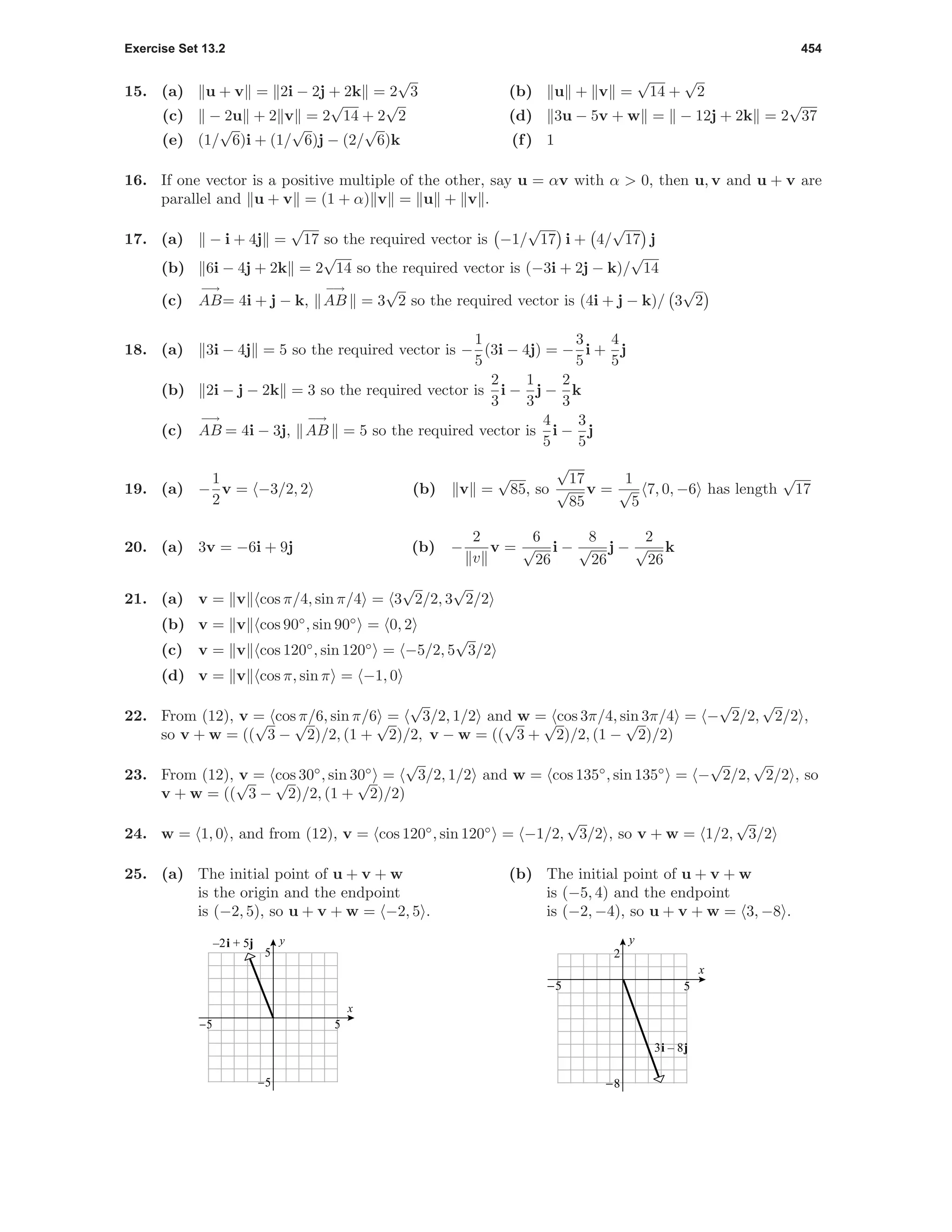 Exercise Set 13.2 454
15. (a) u + v = 2i − 2j + 2k = 2
√
3 (b) u + v =
√
14 +
√
2
(c) − 2u + 2 v = 2
√
14 + 2
√
2 (d) 3u − 5v + w = − 12j + 2k = 2
√
37
(e) (1/
√
6)i + (1/
√
6)j − (2/
√
6)k (f) 1
16. If one vector is a positive multiple of the other, say u = αv with α > 0, then u, v and u + v are
parallel and u + v = (1 + α) v = u + v .
17. (a) − i + 4j =
√
17 so the required vector is −1/
√
17 i + 4/
√
17 j
(b) 6i − 4j + 2k = 2
√
14 so the required vector is (−3i + 2j − k)/
√
14
(c)
−→
AB= 4i + j − k,
−→
AB = 3
√
2 so the required vector is (4i + j − k)/ 3
√
2
18. (a) 3i − 4j = 5 so the required vector is −
1
5
(3i − 4j) = −
3
5
i +
4
5
j
(b) 2i − j − 2k = 3 so the required vector is
2
3
i −
1
3
j −
2
3
k
(c)
−→
AB = 4i − 3j,
−→
AB = 5 so the required vector is
4
5
i −
3
5
j
19. (a) −
1
2
v = −3/2, 2 (b) v =
√
85, so
√
17
√
85
v =
1
√
5
7, 0, −6 has length
√
17
20. (a) 3v = −6i + 9j (b) −
2
v
v =
6
√
26
i −
8
√
26
j −
2
√
26
k
21. (a) v = v cos π/4, sin π/4 = 3
√
2/2, 3
√
2/2
(b) v = v cos 90◦
, sin 90◦
= 0, 2
(c) v = v cos 120◦
, sin 120◦
= −5/2, 5
√
3/2
(d) v = v cos π, sin π = −1, 0
22. From (12), v = cos π/6, sin π/6 =
√
3/2, 1/2 and w = cos 3π/4, sin 3π/4 = −
√
2/2,
√
2/2 ,
so v + w = ((
√
3 −
√
2)/2, (1 +
√
2)/2, v − w = ((
√
3 +
√
2)/2, (1 −
√
2)/2)
23. From (12), v = cos 30◦
, sin 30◦
=
√
3/2, 1/2 and w = cos 135◦
, sin 135◦
= −
√
2/2,
√
2/2 , so
v + w = ((
√
3 −
√
2)/2, (1 +
√
2)/2)
24. w = 1, 0 , and from (12), v = cos 120◦
, sin 120◦
= −1/2,
√
3/2 , so v + w = 1/2,
√
3/2
25. (a) The initial point of u + v + w
is the origin and the endpoint
is (−2, 5), so u + v + w = −2, 5 .
-5 5
-5
5
x
y–2i + 5j
(b) The initial point of u + v + w
is (−5, 4) and the endpoint
is (−2, −4), so u + v + w = 3, −8 .
-5 5
-8
2
x
y
3i – 8j
 