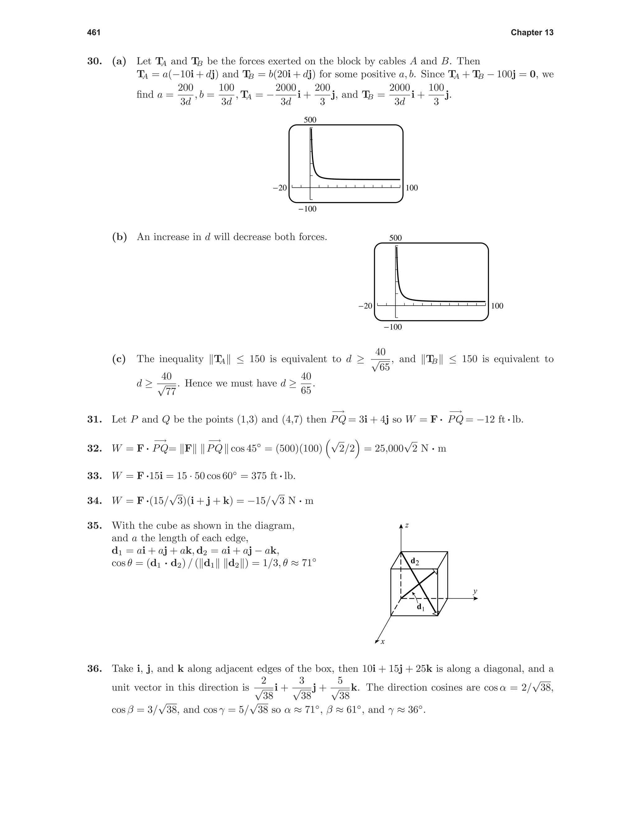461 Chapter 13
30. (a) Let TA and TB be the forces exerted on the block by cables A and B. Then
TA = a(−10i + dj) and TB = b(20i + dj) for some positive a, b. Since TA + TB − 100j = 0, we
ﬁnd a =
200
3d
, b =
100
3d
, TA = −
2000
3d
i +
200
3
j, and TB =
2000
3d
i +
100
3
j.
500
-100
-20 100
(b) An increase in d will decrease both forces. 500
-100
-20 100
(c) The inequality TA ≤ 150 is equivalent to d ≥
40
√
65
, and TB ≤ 150 is equivalent to
d ≥
40
√
77
. Hence we must have d ≥
40
65
.
31. Let P and Q be the points (1,3) and (4,7) then
−→
PQ = 3i + 4j so W = F ·
−→
PQ = −12 ft · lb.
32. W = F ·
−→
PQ= F
−→
PQ cos 45◦
= (500)(100)
√
2/2 = 25,000
√
2 N · m
33. W = F ·15i = 15 · 50 cos 60◦
= 375 ft · lb.
34. W = F ·(15/
√
3)(i + j + k) = −15/
√
3 N · m
35. With the cube as shown in the diagram,
and a the length of each edge,
d1 = ai + aj + ak, d2 = ai + aj − ak,
cos θ = (d1 · d2) / ( d1 d2 ) = 1/3, θ ≈ 71◦
d1
d2
y
x
z
36. Take i, j, and k along adjacent edges of the box, then 10i + 15j + 25k is along a diagonal, and a
unit vector in this direction is
2
√
38
i +
3
√
38
j +
5
√
38
k. The direction cosines are cos α = 2/
√
38,
cos β = 3/
√
38, and cos γ = 5/
√
38 so α ≈ 71◦
, β ≈ 61◦
, and γ ≈ 36◦
.
 