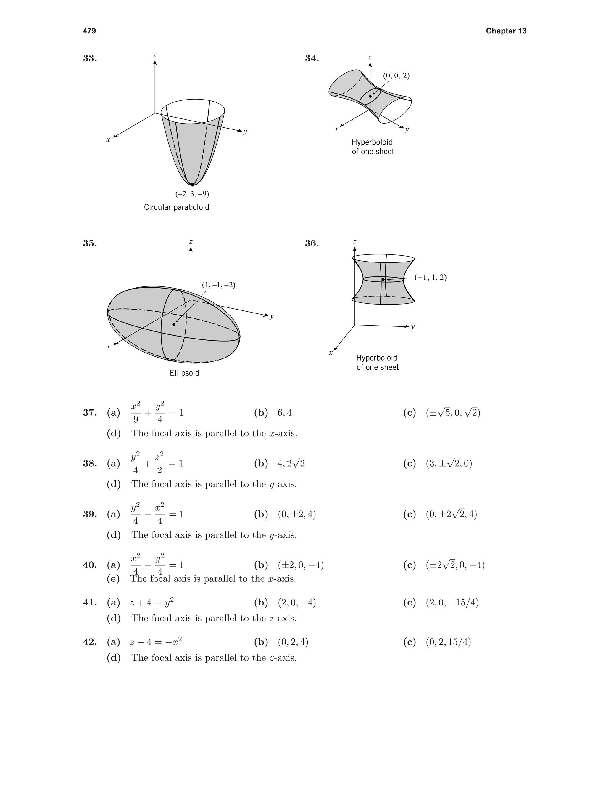 479 Chapter 13
33.
Circular paraboloid
z
y
x
(–2, 3, –9)
34.
Hyperboloid
of one sheet
(0, 0, 2)
yx
z
35.
Ellipsoid
z
y
x
(1, –1, –2)
36.
Hyperboloid
of one sheet
(-1, 1, 2)
y
x
z
37. (a)
x2
9
+
y2
4
= 1 (b) 6, 4 (c) (±
√
5, 0,
√
2)
(d) The focal axis is parallel to the x-axis.
38. (a)
y2
4
+
z2
2
= 1 (b) 4, 2
√
2 (c) (3, ±
√
2, 0)
(d) The focal axis is parallel to the y-axis.
39. (a)
y2
4
−
x2
4
= 1 (b) (0, ±2, 4) (c) (0, ±2
√
2, 4)
(d) The focal axis is parallel to the y-axis.
40. (a)
x2
4
−
y2
4
= 1 (b) (±2, 0, −4) (c) (±2
√
2, 0, −4)
(e) The focal axis is parallel to the x-axis.
41. (a) z + 4 = y2
(b) (2, 0, −4) (c) (2, 0, −15/4)
(d) The focal axis is parallel to the z-axis.
42. (a) z − 4 = −x2
(b) (0, 2, 4) (c) (0, 2, 15/4)
(d) The focal axis is parallel to the z-axis.
 