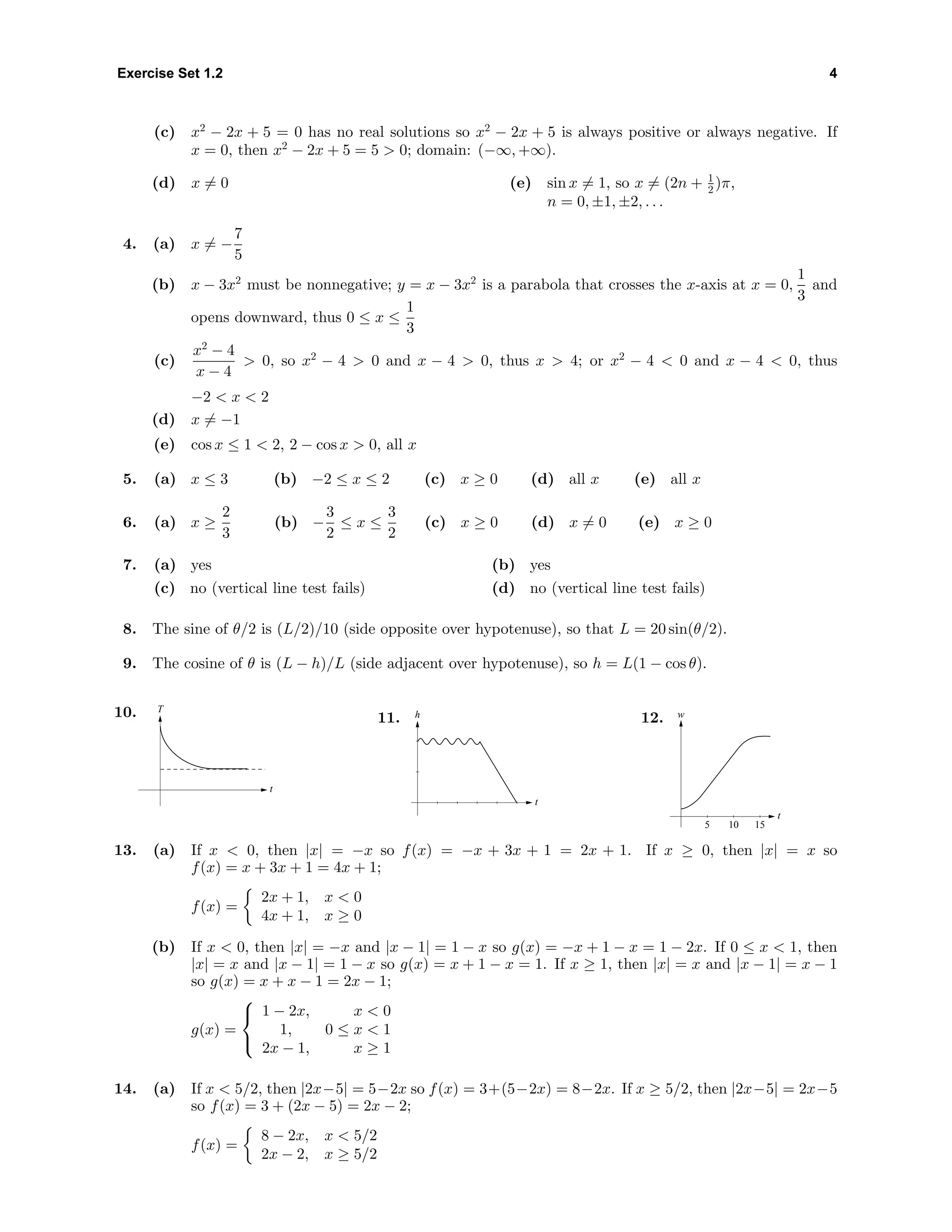 Exercise Set 1.2 4
(c) x2
− 2x + 5 = 0 has no real solutions so x2
− 2x + 5 is always positive or always negative. If
x = 0, then x2
− 2x + 5 = 5 > 0; domain: (−∞, +∞).
(d) x = 0 (e) sin x = 1, so x = (2n + 1
2 )π,
n = 0, ±1, ±2, . . .
4. (a) x = −
7
5
(b) x − 3x2
must be nonnegative; y = x − 3x2
is a parabola that crosses the x-axis at x = 0,
1
3
and
opens downward, thus 0 ≤ x ≤
1
3
(c)
x2
− 4
x − 4
> 0, so x2
− 4 > 0 and x − 4 > 0, thus x > 4; or x2
− 4 < 0 and x − 4 < 0, thus
−2 < x < 2
(d) x = −1
(e) cos x ≤ 1 < 2, 2 − cos x > 0, all x
5. (a) x ≤ 3 (b) −2 ≤ x ≤ 2 (c) x ≥ 0 (d) all x (e) all x
6. (a) x ≥
2
3
(b) −
3
2
≤ x ≤
3
2
(c) x ≥ 0 (d) x = 0 (e) x ≥ 0
7. (a) yes (b) yes
(c) no (vertical line test fails) (d) no (vertical line test fails)
8. The sine of θ/2 is (L/2)/10 (side opposite over hypotenuse), so that L = 20 sin(θ/2).
9. The cosine of θ is (L − h)/L (side adjacent over hypotenuse), so h = L(1 − cos θ).
10. T
t
11.
t
h 12.
5 10 15
t
w
13. (a) If x < 0, then |x| = −x so f(x) = −x + 3x + 1 = 2x + 1. If x ≥ 0, then |x| = x so
f(x) = x + 3x + 1 = 4x + 1;
f(x) =
2x + 1, x < 0
4x + 1, x ≥ 0
(b) If x < 0, then |x| = −x and |x − 1| = 1 − x so g(x) = −x + 1 − x = 1 − 2x. If 0 ≤ x < 1, then
|x| = x and |x − 1| = 1 − x so g(x) = x + 1 − x = 1. If x ≥ 1, then |x| = x and |x − 1| = x − 1
so g(x) = x + x − 1 = 2x − 1;
g(x) =



1 − 2x, x < 0
1, 0 ≤ x < 1
2x − 1, x ≥ 1
14. (a) If x < 5/2, then |2x−5| = 5−2x so f(x) = 3+(5−2x) = 8−2x. If x ≥ 5/2, then |2x−5| = 2x−5
so f(x) = 3 + (2x − 5) = 2x − 2;
f(x) =
8 − 2x, x < 5/2
2x − 2, x ≥ 5/2
 