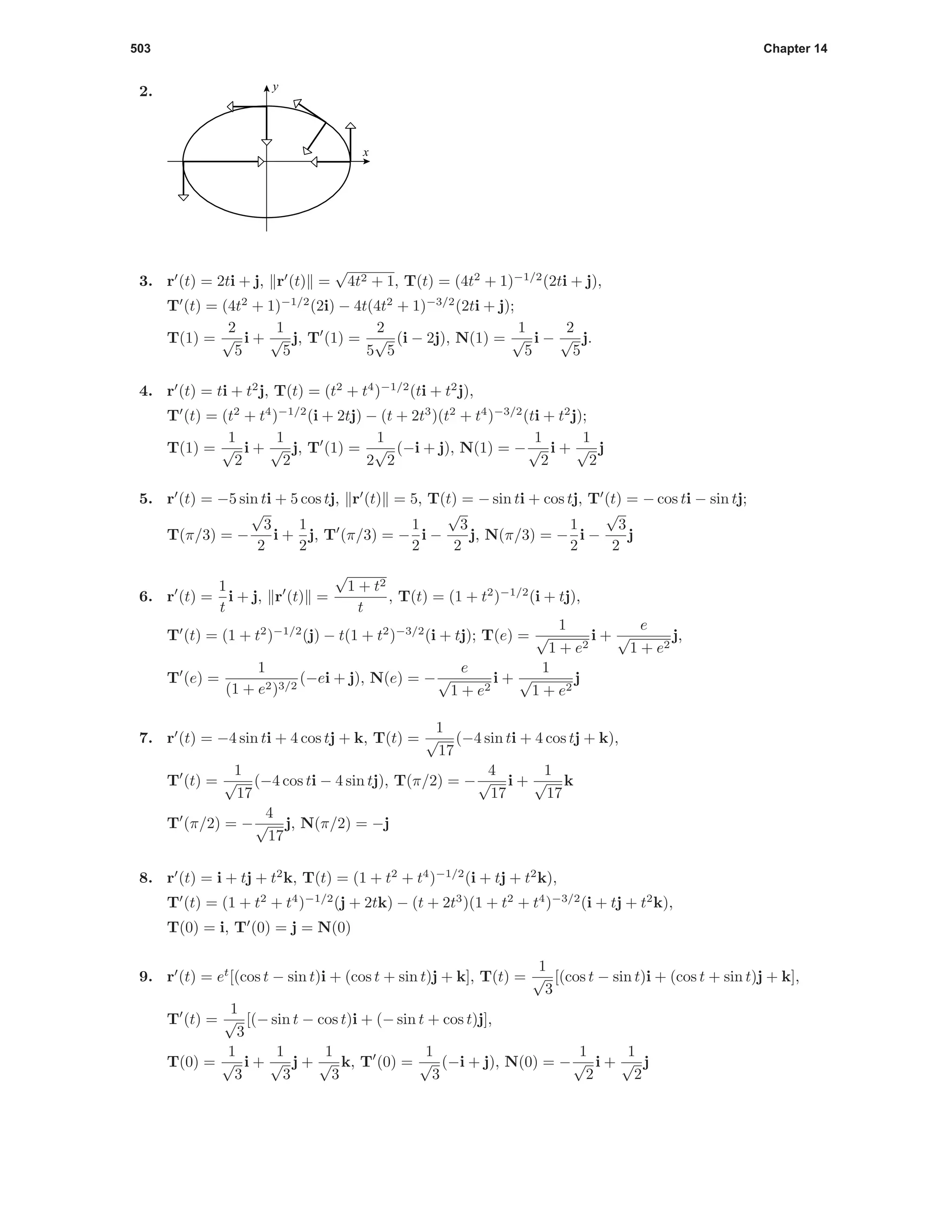 503 Chapter 14
2.
x
y
3. r (t) = 2ti + j, r (t) =
√
4t2 + 1, T(t) = (4t2
+ 1)−1/2
(2ti + j),
T (t) = (4t2
+ 1)−1/2
(2i) − 4t(4t2
+ 1)−3/2
(2ti + j);
T(1) =
2
√
5
i +
1
√
5
j, T (1) =
2
5
√
5
(i − 2j), N(1) =
1
√
5
i −
2
√
5
j.
4. r (t) = ti + t2
j, T(t) = (t2
+ t4
)−1/2
(ti + t2
j),
T (t) = (t2
+ t4
)−1/2
(i + 2tj) − (t + 2t3
)(t2
+ t4
)−3/2
(ti + t2
j);
T(1) =
1
√
2
i +
1
√
2
j, T (1) =
1
2
√
2
(−i + j), N(1) = −
1
√
2
i +
1
√
2
j
5. r (t) = −5 sin ti + 5 cos tj, r (t) = 5, T(t) = − sin ti + cos tj, T (t) = − cos ti − sin tj;
T(π/3) = −
√
3
2
i +
1
2
j, T (π/3) = −
1
2
i −
√
3
2
j, N(π/3) = −
1
2
i −
√
3
2
j
6. r (t) =
1
t
i + j, r (t) =
√
1 + t2
t
, T(t) = (1 + t2
)−1/2
(i + tj),
T (t) = (1 + t2
)−1/2
(j) − t(1 + t2
)−3/2
(i + tj); T(e) =
1
√
1 + e2
i +
e
√
1 + e2
j,
T (e) =
1
(1 + e2)3/2
(−ei + j), N(e) = −
e
√
1 + e2
i +
1
√
1 + e2
j
7. r (t) = −4 sin ti + 4 cos tj + k, T(t) =
1
√
17
(−4 sin ti + 4 cos tj + k),
T (t) =
1
√
17
(−4 cos ti − 4 sin tj), T(π/2) = −
4
√
17
i +
1
√
17
k
T (π/2) = −
4
√
17
j, N(π/2) = −j
8. r (t) = i + tj + t2
k, T(t) = (1 + t2
+ t4
)−1/2
(i + tj + t2
k),
T (t) = (1 + t2
+ t4
)−1/2
(j + 2tk) − (t + 2t3
)(1 + t2
+ t4
)−3/2
(i + tj + t2
k),
T(0) = i, T (0) = j = N(0)
9. r (t) = et
[(cos t − sin t)i + (cos t + sin t)j + k], T(t) =
1
√
3
[(cos t − sin t)i + (cos t + sin t)j + k],
T (t) =
1
√
3
[(− sin t − cos t)i + (− sin t + cos t)j],
T(0) =
1
√
3
i +
1
√
3
j +
1
√
3
k, T (0) =
1
√
3
(−i + j), N(0) = −
1
√
2
i +
1
√
2
j
 
