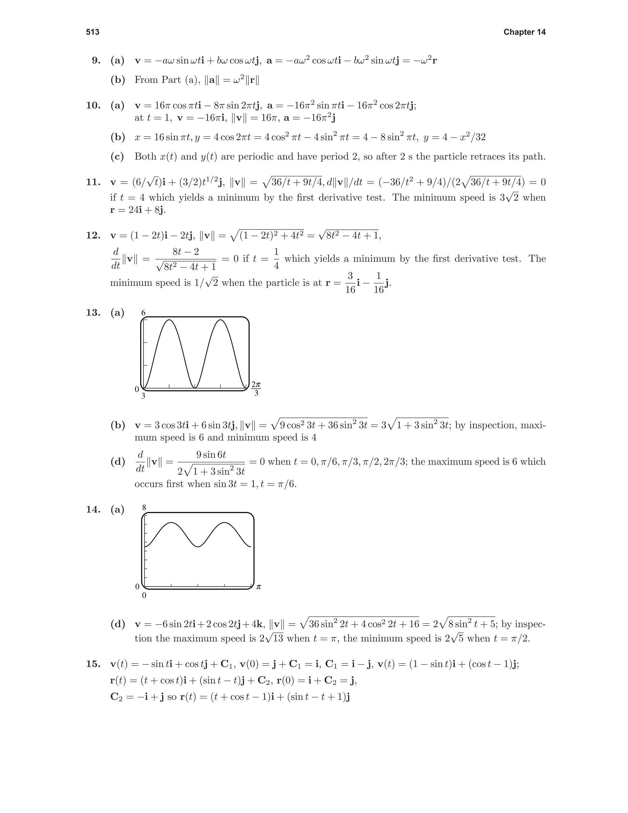513 Chapter 14
9. (a) v = −aω sin ωti + bω cos ωtj, a = −aω2
cos ωti − bω2
sin ωtj = −ω2
r
(b) From Part (a), a = ω2
r
10. (a) v = 16π cos πti − 8π sin 2πtj, a = −16π2
sin πti − 16π2
cos 2πtj;
at t = 1, v = −16πi, v = 16π, a = −16π2
j
(b) x = 16 sin πt, y = 4 cos 2πt = 4 cos2
πt − 4 sin2
πt = 4 − 8 sin2
πt, y = 4 − x2
/32
(c) Both x(t) and y(t) are periodic and have period 2, so after 2 s the particle retraces its path.
11. v = (6/
√
t)i + (3/2)t1/2
j, v = 36/t + 9t/4, d v /dt = (−36/t2
+ 9/4)/(2 36/t + 9t/4) = 0
if t = 4 which yields a minimum by the ﬁrst derivative test. The minimum speed is 3
√
2 when
r = 24i + 8j.
12. v = (1 − 2t)i − 2tj, v = (1 − 2t)2 + 4t2 =
√
8t2 − 4t + 1,
d
dt
v =
8t − 2
√
8t2 − 4t + 1
= 0 if t =
1
4
which yields a minimum by the ﬁrst derivative test. The
minimum speed is 1/
√
2 when the particle is at r =
3
16
i −
1
16
j.
13. (a)
80
3
6
(b) v = 3 cos 3ti + 6 sin 3tj, v = 9 cos2 3t + 36 sin2
3t = 3 1 + 3 sin2
3t; by inspection, maxi-
mum speed is 6 and minimum speed is 4
(d)
d
dt
v =
9 sin 6t
2 1 + 3 sin2
3t
= 0 when t = 0, π/6, π/3, π/2, 2π/3; the maximum speed is 6 which
occurs ﬁrst when sin 3t = 1, t = π/6.
14. (a) 8
0
0 c
(d) v = −6 sin 2ti+2 cos 2tj+4k, v = 36 sin2
2t + 4 cos2 2t + 16 = 2 8 sin2
t + 5; by inspec-
tion the maximum speed is 2
√
13 when t = π, the minimum speed is 2
√
5 when t = π/2.
15. v(t) = − sin ti + cos tj + C1, v(0) = j + C1 = i, C1 = i − j, v(t) = (1 − sin t)i + (cos t − 1)j;
r(t) = (t + cos t)i + (sin t − t)j + C2, r(0) = i + C2 = j,
C2 = −i + j so r(t) = (t + cos t − 1)i + (sin t − t + 1)j
 