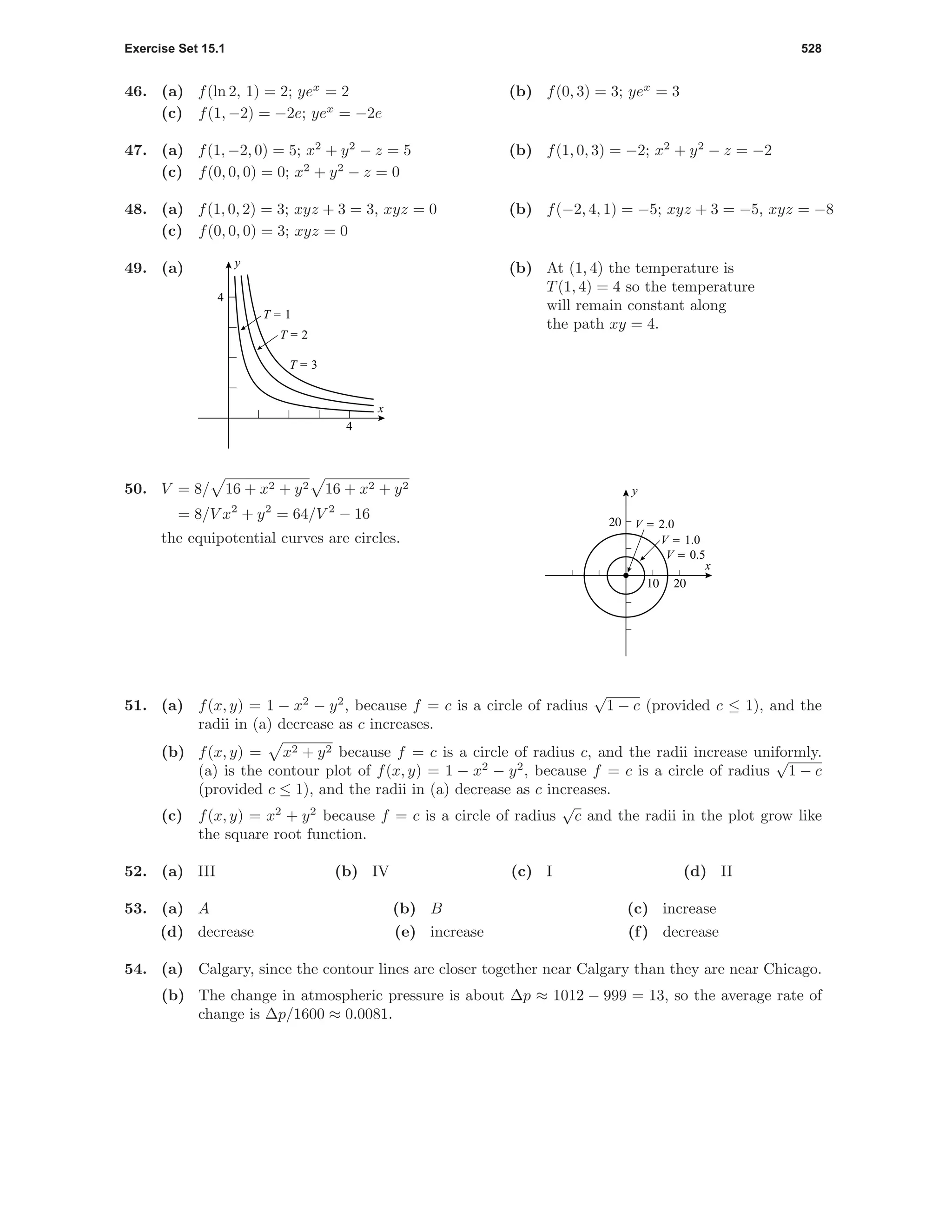 Exercise Set 15.1 528
46. (a) f(ln 2, 1) = 2; yex
= 2 (b) f(0, 3) = 3; yex
= 3
(c) f(1, −2) = −2e; yex
= −2e
47. (a) f(1, −2, 0) = 5; x2
+ y2
− z = 5 (b) f(1, 0, 3) = −2; x2
+ y2
− z = −2
(c) f(0, 0, 0) = 0; x2
+ y2
− z = 0
48. (a) f(1, 0, 2) = 3; xyz + 3 = 3, xyz = 0 (b) f(−2, 4, 1) = −5; xyz + 3 = −5, xyz = −8
(c) f(0, 0, 0) = 3; xyz = 0
49. (a)
4
4
x
y
T = 1
T = 2
T = 3
(b) At (1, 4) the temperature is
T(1, 4) = 4 so the temperature
will remain constant along
the path xy = 4.
50. V = 8/ 16 + x2 + y2 16 + x2 + y2
= 8/V x2
+ y2
= 64/V 2
− 16
the equipotential curves are circles.
10 20
20 V = 2.0
V = 1.0
V = 0.5
x
y
51. (a) f(x, y) = 1 − x2
− y2
, because f = c is a circle of radius
√
1 − c (provided c ≤ 1), and the
radii in (a) decrease as c increases.
(b) f(x, y) = x2 + y2 because f = c is a circle of radius c, and the radii increase uniformly.
(a) is the contour plot of f(x, y) = 1 − x2
− y2
, because f = c is a circle of radius
√
1 − c
(provided c ≤ 1), and the radii in (a) decrease as c increases.
(c) f(x, y) = x2
+ y2
because f = c is a circle of radius
√
c and the radii in the plot grow like
the square root function.
52. (a) III (b) IV (c) I (d) II
53. (a) A (b) B (c) increase
(d) decrease (e) increase (f) decrease
54. (a) Calgary, since the contour lines are closer together near Calgary than they are near Chicago.
(b) The change in atmospheric pressure is about ∆p ≈ 1012 − 999 = 13, so the average rate of
change is ∆p/1600 ≈ 0.0081.
 