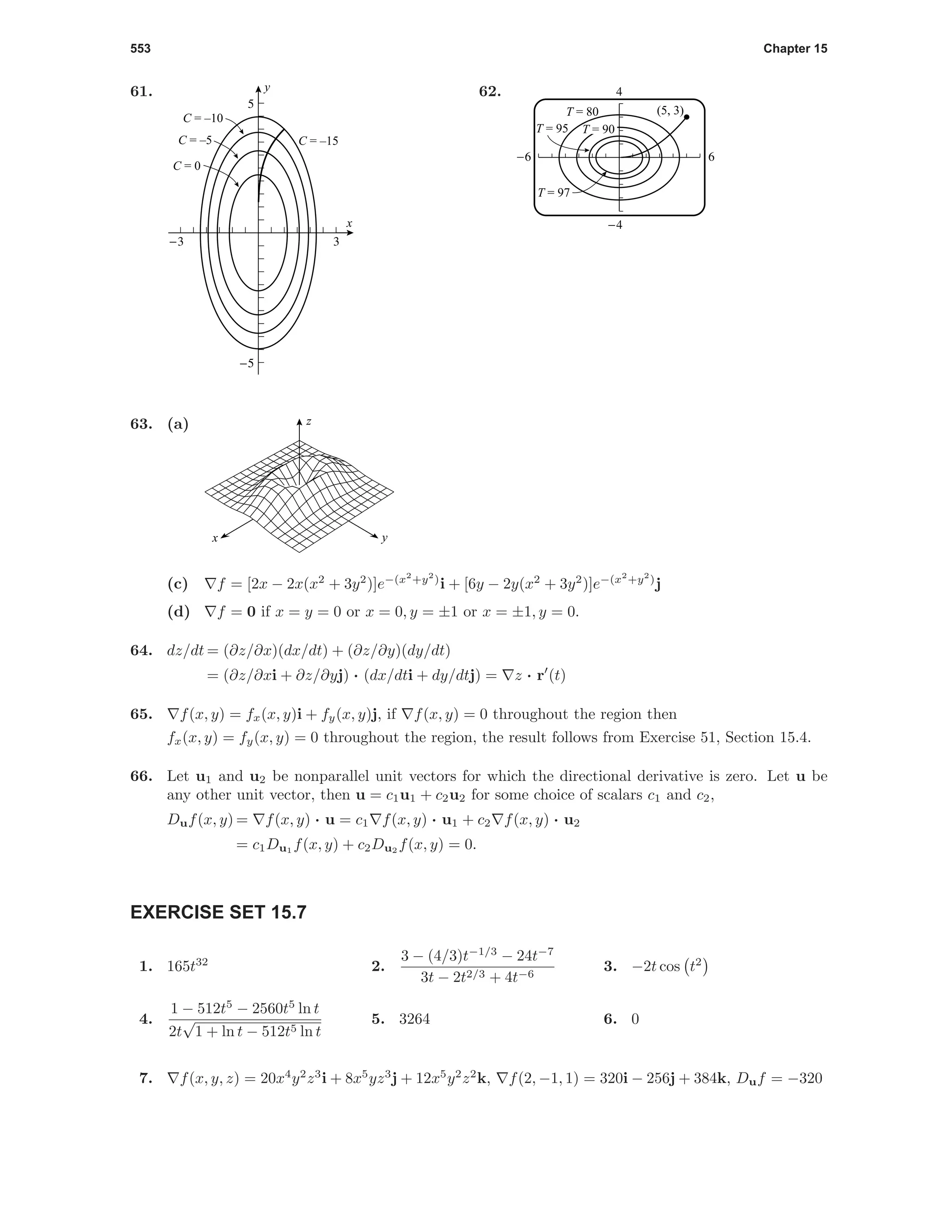 553 Chapter 15
61.
-3 3
-5
5
x
y
C = 0
C = –5
C = –10
C = –15
62. 4
-4
-6 6
T = 80
T = 95
T = 97
(5, 3)
T = 90
63. (a) z
x y
(c) f = [2x − 2x(x2
+ 3y2
)]e−(x2
+y2
)
i + [6y − 2y(x2
+ 3y2
)]e−(x2
+y2
)
j
(d) f = 0 if x = y = 0 or x = 0, y = ±1 or x = ±1, y = 0.
64. dz/dt = (∂z/∂x)(dx/dt) + (∂z/∂y)(dy/dt)
= (∂z/∂xi + ∂z/∂yj) · (dx/dti + dy/dtj) = z · r (t)
65. f(x, y) = fx(x, y)i + fy(x, y)j, if f(x, y) = 0 throughout the region then
fx(x, y) = fy(x, y) = 0 throughout the region, the result follows from Exercise 51, Section 15.4.
66. Let u1 and u2 be nonparallel unit vectors for which the directional derivative is zero. Let u be
any other unit vector, then u = c1u1 + c2u2 for some choice of scalars c1 and c2,
Duf(x, y) = f(x, y) · u = c1 f(x, y) · u1 + c2 f(x, y) · u2
= c1Du1
f(x, y) + c2Du2
f(x, y) = 0.
EXERCISE SET 15.7
1. 165t32
2.
3 − (4/3)t−1/3
− 24t−7
3t − 2t2/3 + 4t−6
3. −2t cos t2
4.
1 − 512t5
− 2560t5
ln t
2t
√
1 + ln t − 512t5 ln t
5. 3264 6. 0
7. f(x, y, z) = 20x4
y2
z3
i + 8x5
yz3
j + 12x5
y2
z2
k, f(2, −1, 1) = 320i − 256j + 384k, Duf = −320
 