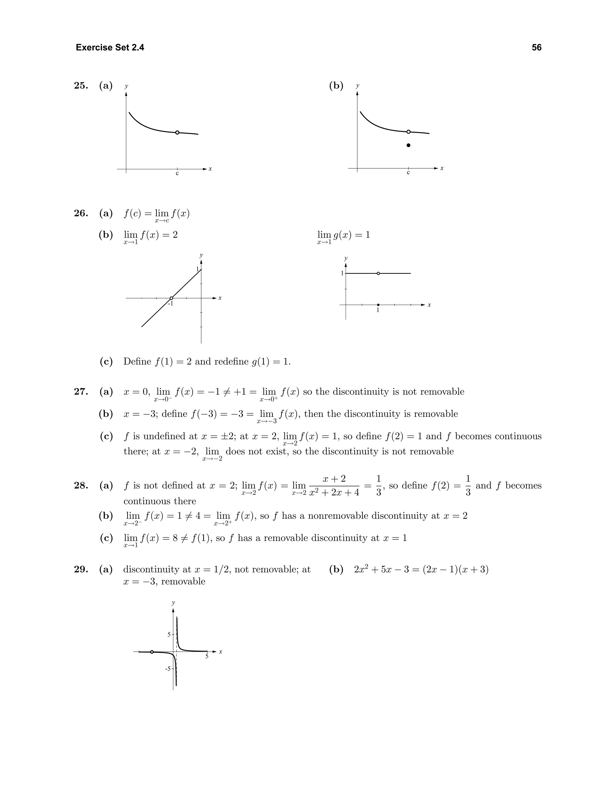 Exercise Set 2.4 56
25. (a) y
x
c
(b) y
x
c
26. (a) f(c) = lim
x→c
f(x)
(b) lim
x→1
f(x) = 2
y
x
1
-1
lim
x→1
g(x) = 1
y
x
1
1
(c) Deﬁne f(1) = 2 and redeﬁne g(1) = 1.
27. (a) x = 0, lim
x→0−
f(x) = −1 = +1 = lim
x→0+
f(x) so the discontinuity is not removable
(b) x = −3; deﬁne f(−3) = −3 = lim
x→−3
f(x), then the discontinuity is removable
(c) f is undeﬁned at x = ±2; at x = 2, lim
x→2
f(x) = 1, so deﬁne f(2) = 1 and f becomes continuous
there; at x = −2, lim
x→−2
does not exist, so the discontinuity is not removable
28. (a) f is not deﬁned at x = 2; lim
x→2
f(x) = lim
x→2
x + 2
x2 + 2x + 4
=
1
3
, so deﬁne f(2) =
1
3
and f becomes
continuous there
(b) lim
x→2−
f(x) = 1 = 4 = lim
x→2+
f(x), so f has a nonremovable discontinuity at x = 2
(c) lim
x→1
f(x) = 8 = f(1), so f has a removable discontinuity at x = 1
29. (a) discontinuity at x = 1/2, not removable; at
x = −3, removable
y
x
-5
5
5
(b) 2x2
+ 5x − 3 = (2x − 1)(x + 3)
 