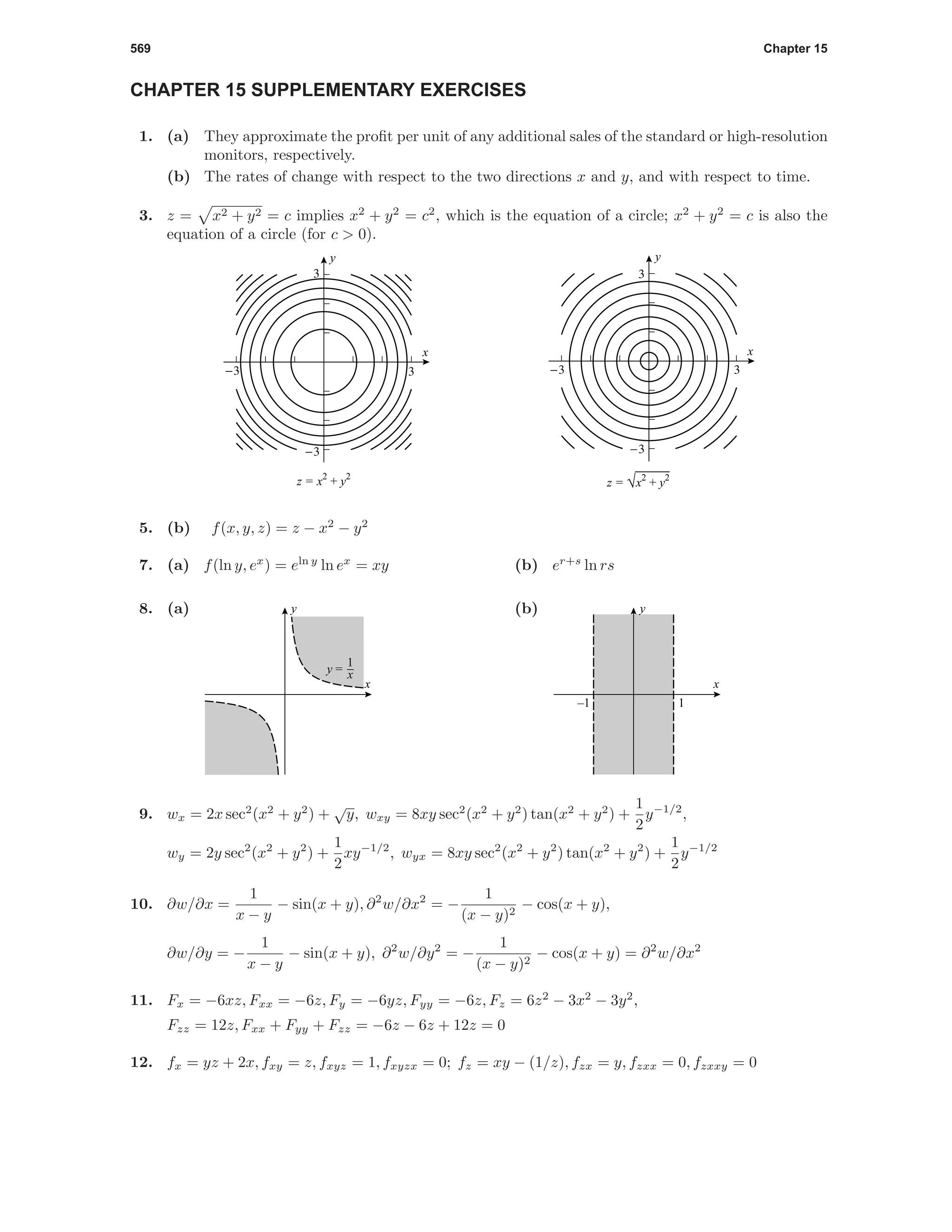 569 Chapter 15
CHAPTER 15 SUPPLEMENTARY EXERCISES
1. (a) They approximate the proﬁt per unit of any additional sales of the standard or high-resolution
monitors, respectively.
(b) The rates of change with respect to the two directions x and y, and with respect to time.
3. z = x2 + y2 = c implies x2
+ y2
= c2
, which is the equation of a circle; x2
+ y2
= c is also the
equation of a circle (for c > 0).
-3 3
-3
3
x
y
z = x2
+ y2
-3 3
-3
3
x
y
z = √x2
+ y2
5. (b) f(x, y, z) = z − x2
− y2
7. (a) f(ln y, ex
) = eln y
ln ex
= xy (b) er+s
ln rs
8. (a)
x
y
y =
1
x
(b)
x
y
–1 1
9. wx = 2x sec2
(x2
+ y2
) +
√
y, wxy = 8xy sec2
(x2
+ y2
) tan(x2
+ y2
) +
1
2
y−1/2
,
wy = 2y sec2
(x2
+ y2
) +
1
2
xy−1/2
, wyx = 8xy sec2
(x2
+ y2
) tan(x2
+ y2
) +
1
2
y−1/2
10. ∂w/∂x =
1
x − y
− sin(x + y), ∂2
w/∂x2
= −
1
(x − y)2
− cos(x + y),
∂w/∂y = −
1
x − y
− sin(x + y), ∂2
w/∂y2
= −
1
(x − y)2
− cos(x + y) = ∂2
w/∂x2
11. Fx = −6xz, Fxx = −6z, Fy = −6yz, Fyy = −6z, Fz = 6z2
− 3x2
− 3y2
,
Fzz = 12z, Fxx + Fyy + Fzz = −6z − 6z + 12z = 0
12. fx = yz + 2x, fxy = z, fxyz = 1, fxyzx = 0; fz = xy − (1/z), fzx = y, fzxx = 0, fzxxy = 0
 