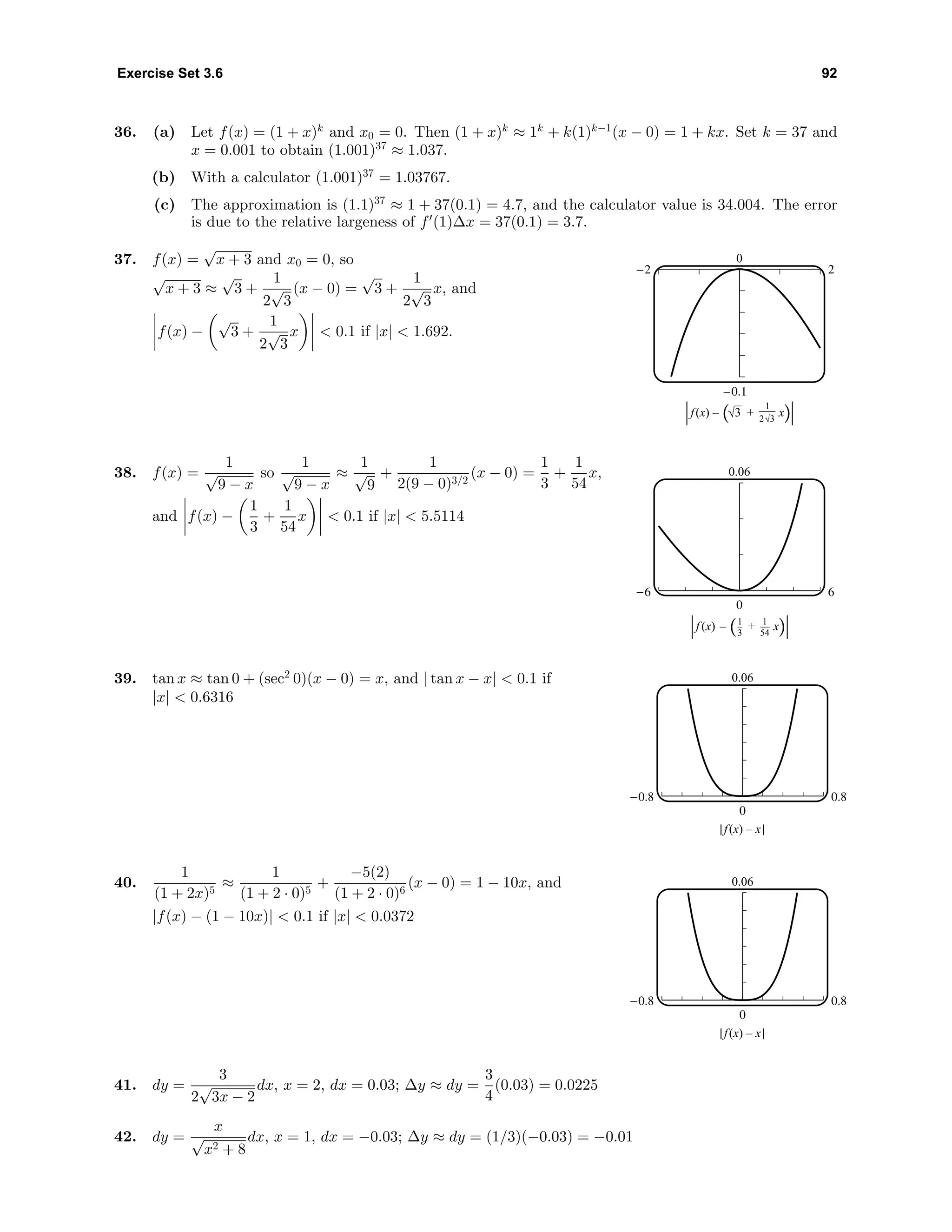 Exercise Set 3.6 92
36. (a) Let f(x) = (1 + x)k
and x0 = 0. Then (1 + x)k
≈ 1k
+ k(1)k−1
(x − 0) = 1 + kx. Set k = 37 and
x = 0.001 to obtain (1.001)37
≈ 1.037.
(b) With a calculator (1.001)37
= 1.03767.
(c) The approximation is (1.1)37
≈ 1 + 37(0.1) = 4.7, and the calculator value is 34.004. The error
is due to the relative largeness of f (1)∆x = 37(0.1) = 3.7.
37. f(x) =
√
x + 3 and x0 = 0, so
√
x + 3 ≈
√
3 +
1
2
√
3
(x − 0) =
√
3 +
1
2
√
3
x, and
f(x) −
√
3 +
1
2
√
3
x < 0.1 if |x| < 1.692.
0
-0.1
-2 2
|f(x) – ( 3 + x)|1
2 3
38. f(x) =
1
√
9 − x
so
1
√
9 − x
≈
1
√
9
+
1
2(9 − 0)3/2
(x − 0) =
1
3
+
1
54
x,
and f(x) −
1
3
+
1
54
x < 0.1 if |x| < 5.5114
0.06
0
-6 6
|f (x) – ( + x)|1
3
1
54
39. tan x ≈ tan 0 + (sec2
0)(x − 0) = x, and | tan x − x| < 0.1 if
|x| < 0.6316
0.06
0
-0.8 0.8
|f(x) – x|
40.
1
(1 + 2x)5
≈
1
(1 + 2 · 0)5
+
−5(2)
(1 + 2 · 0)6
(x − 0) = 1 − 10x, and
|f(x) − (1 − 10x)| < 0.1 if |x| < 0.0372
0.06
0
-0.8 0.8
|f(x) – x|
41. dy =
3
2
√
3x − 2
dx, x = 2, dx = 0.03; ∆y ≈ dy =
3
4
(0.03) = 0.0225
42. dy =
x
√
x2 + 8
dx, x = 1, dx = −0.03; ∆y ≈ dy = (1/3)(−0.03) = −0.01
 