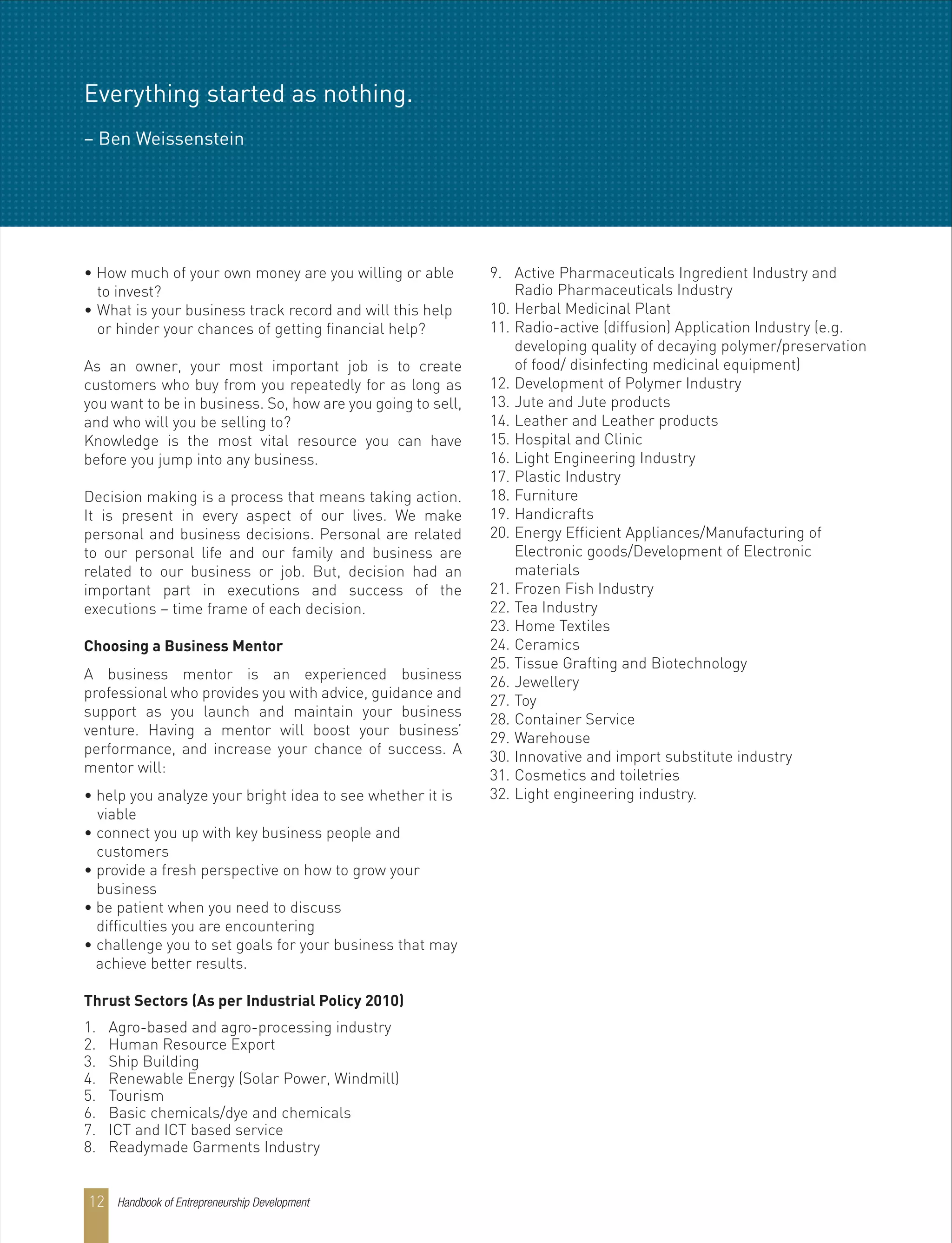 Handbook of Entrepreneurship Development12
• How much of your own money are you willing or able
to invest?
• What is your business track record and will this help
or hinder your chances of getting financial help?
As an owner, your most important job is to create
customers who buy from you repeatedly for as long as
you want to be in business. So, how are you going to sell,
and who will you be selling to?
Knowledge is the most vital resource you can have
before you jump into any business.
Decision making is a process that means taking action.
It is present in every aspect of our lives. We make
personal and business decisions. Personal are related
to our personal life and our family and business are
related to our business or job. But, decision had an
important part in executions and success of the
executions – time frame of each decision.
Choosing a Business Mentor
A business mentor is an experienced business
professional who provides you with advice, guidance and
support as you launch and maintain your business
venture. Having a mentor will boost your business’
performance, and increase your chance of success. A
mentor will:
• help you analyze your bright idea to see whether it is
viable
• connect you up with key business people and
customers
• provide a fresh perspective on how to grow your
business
• be patient when you need to discuss
difficulties you are encountering
• challenge you to set goals for your business that may
achieve better results.
Thrust Sectors (As per Industrial Policy 2010)
1. Agro-based and agro-processing industry
2. Human Resource Export
3. Ship Building
4. Renewable Energy (Solar Power, Windmill)
5. Tourism
6. Basic chemicals/dye and chemicals
7. ICT and ICT based service
8. Readymade Garments Industry
9. Active Pharmaceuticals Ingredient Industry and
Radio Pharmaceuticals Industry
10. Herbal Medicinal Plant
11. Radio-active (diffusion) Application Industry (e.g.
developing quality of decaying polymer/preservation
of food/ disinfecting medicinal equipment)
12. Development of Polymer Industry
13. Jute and Jute products
14. Leather and Leather products
15. Hospital and Clinic
16. Light Engineering Industry
17. Plastic Industry
18. Furniture
19. Handicrafts
20. Energy Efficient Appliances/Manufacturing of
Electronic goods/Development of Electronic
materials
21. Frozen Fish Industry
22. Tea Industry
23. Home Textiles
24. Ceramics
25. Tissue Grafting and Biotechnology
26. Jewellery
27. Toy
28. Container Service
29. Warehouse
30. Innovative and import substitute industry
31. Cosmetics and toiletries
32. Light engineering industry.
Everything started as nothing.
– Ben Weissenstein
 