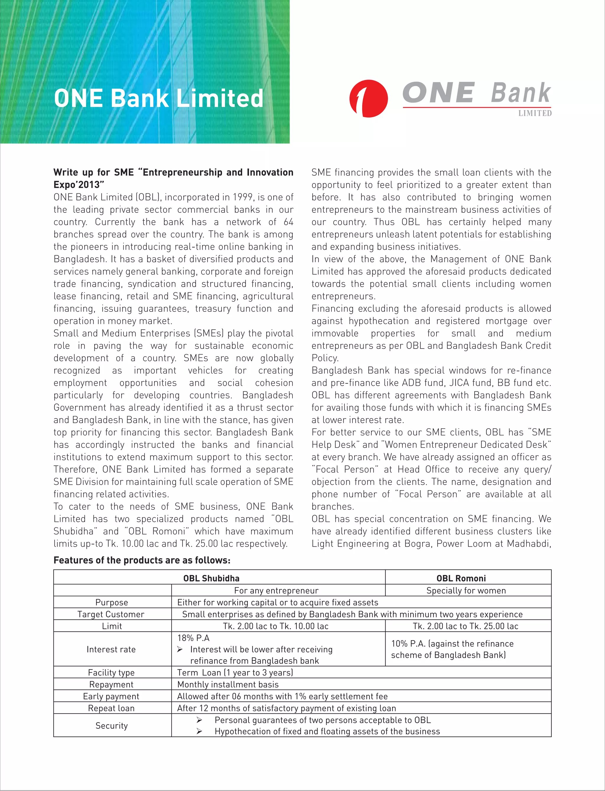 Write up for SME “Entrepreneurship and Innovation
Expo’2013”
ONE Bank Limited (OBL), incorporated in 1999, is one of
the leading private sector commercial banks in our
country. Currently the bank has a network of 64
branches spread over the country. The bank is among
the pioneers in introducing real-time online banking in
Bangladesh. It has a basket of diversified products and
services namely general banking, corporate and foreign
trade financing, syndication and structured financing,
lease financing, retail and SME financing, agricultural
financing, issuing guarantees, treasury function and
operation in money market.
Small and Medium Enterprises (SMEs) play the pivotal
role in paving the way for sustainable economic
development of a country. SMEs are now globally
recognized as important vehicles for creating
employment opportunities and social cohesion
particularly for developing countries. Bangladesh
Government has already identified it as a thrust sector
and Bangladesh Bank, in line with the stance, has given
top priority for financing this sector. Bangladesh Bank
has accordingly instructed the banks and financial
institutions to extend maximum support to this sector.
Therefore, ONE Bank Limited has formed a separate
SME Division for maintaining full scale operation of SME
financing related activities.
To cater to the needs of SME business, ONE Bank
Limited has two specialized products named “OBL
Shubidha” and “OBL Romoni” which have maximum
limits up-to Tk. 10.00 lac and Tk. 25.00 lac respectively.
SME financing provides the small loan clients with the
opportunity to feel prioritized to a greater extent than
before. It has also contributed to bringing women
entrepreneurs to the mainstream business activities of
our country. Thus OBL has certainly helped many
entrepreneurs unleash latent potentials for establishing
and expanding business initiatives.
In view of the above, the Management of ONE Bank
Limited has approved the aforesaid products dedicated
towards the potential small clients including women
entrepreneurs.
Financing excluding the aforesaid products is allowed
against hypothecation and registered mortgage over
immovable properties for small and medium
entrepreneurs as per OBL and Bangladesh Bank Credit
Policy.
Bangladesh Bank has special windows for re-finance
and pre-finance like ADB fund, JICA fund, BB fund etc.
OBL has different agreements with Bangladesh Bank
for availing those funds with which it is financing SMEs
at lower interest rate.
For better service to our SME clients, OBL has “SME
Help Desk” and “Women Entrepreneur Dedicated Desk”
at every branch. We have already assigned an officer as
“Focal Person” at Head Office to receive any query/
objection from the clients. The name, designation and
phone number of “Focal Person” are available at all
branches.
OBL has special concentration on SME financing. We
have already identified different business clusters like
Light Engineering at Bogra, Power Loom at Madhabdi,
OBL Shubidha OBL Romoni
For any entrepreneur Specially for women
Purpose Either for working capital or to acquire fixed assets
Target Customer Small enterprises as defined by Bangladesh Bank with minimum two years experience
Limit Tk. 2.00 lac to Tk. 10.00 lac Tk. 2.00 lac to Tk. 25.00 lac
Interest rate
18% P.A
 Interest will be lower after receiving
refinance from Bangladesh bank
10% P.A. (against the refinance
scheme of Bangladesh Bank)
Facility type Term Loan (1 year to 3 years)
Repayment Monthly installment basis
Early payment Allowed after 06 months with 1% early settlement fee
Repeat loan After 12 months of satisfactory payment of existing loan
Security
 Personal guarantees of two persons acceptable to OBL
 Hypothecation of fixed and floating assets of the business
Features of the products are as follows:
ONE Bank Limited
 