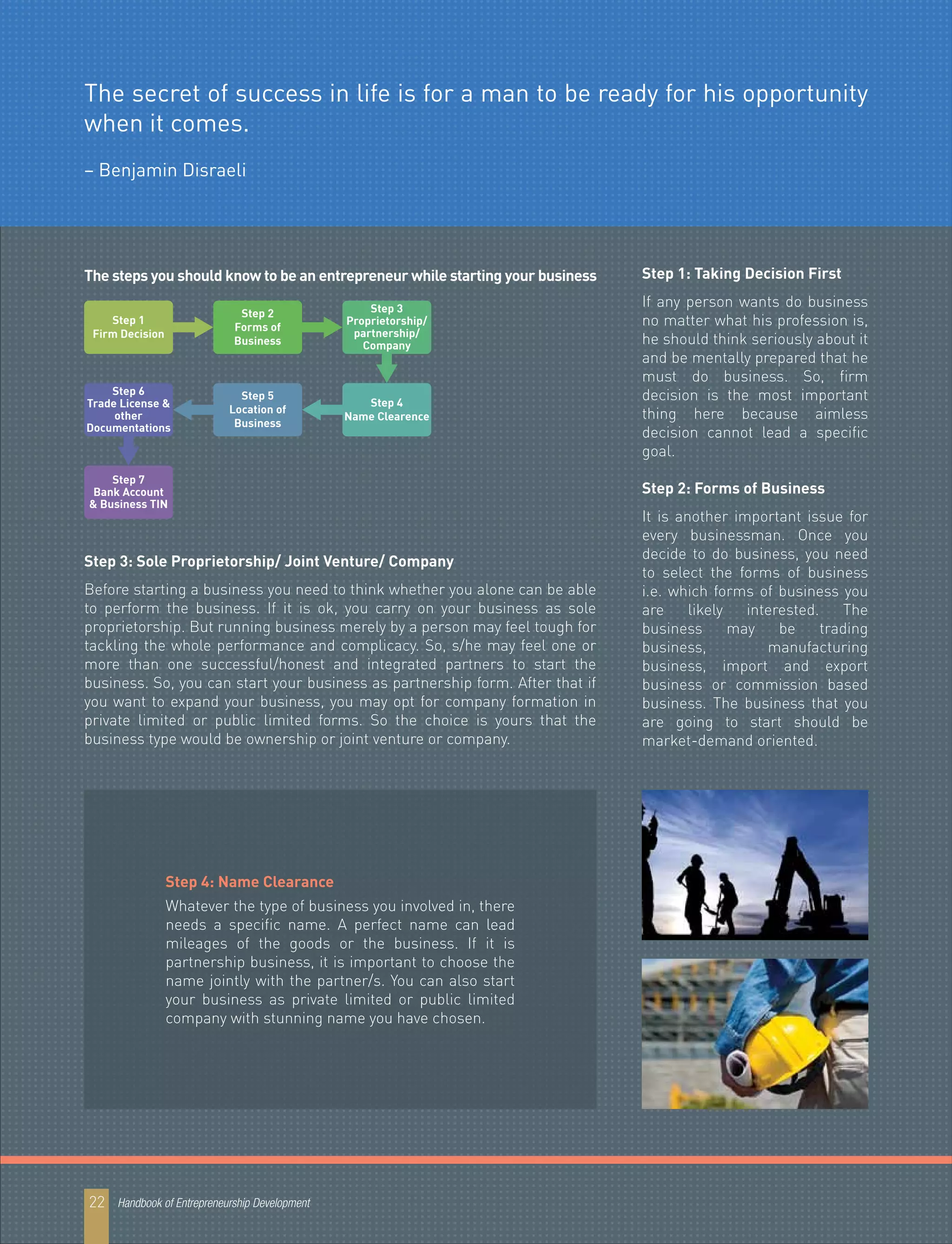The steps you should know to be an entrepreneur while starting your business Step 1: Taking Decision First
If any person wants do business
no matter what his profession is,
he should think seriously about it
and be mentally prepared that he
must do business. So, firm
decision is the most important
thing here because aimless
decision cannot lead a specific
goal.
Step 2: Forms of Business
It is another important issue for
every businessman. Once you
decide to do business, you need
to select the forms of business
i.e. which forms of business you
are likely interested. The
business may be trading
business, manufacturing
business, import and export
business or commission based
business. The business that you
are going to start should be
market-demand oriented.
Step 3: Sole Proprietorship/ Joint Venture/ Company
Before starting a business you need to think whether you alone can be able
to perform the business. If it is ok, you carry on your business as sole
proprietorship. But running business merely by a person may feel tough for
tackling the whole performance and complicacy. So, s/he may feel one or
more than one successful/honest and integrated partners to start the
business. So, you can start your business as partnership form. After that if
you want to expand your business, you may opt for company formation in
private limited or public limited forms. So the choice is yours that the
business type would be ownership or joint venture or company.
Step 4: Name Clearance
Whatever the type of business you involved in, there
needs a specific name. A perfect name can lead
mileages of the goods or the business. If it is
partnership business, it is important to choose the
name jointly with the partner/s. You can also start
your business as private limited or public limited
company with stunning name you have chosen.
Step 1
Firm Decision
Step 6
Trade License &
other
Documentations
Step 7
Bank Account
& Business TIN
Step 5
Location of
Business
Step 4
Name Clearence
Step 2
Forms of
Business
Step 3
Proprietorship/
partnership/
Company
Handbook of Entrepreneurship Development22
The secret of success in life is for a man to be ready for his opportunity
when it comes.
– Benjamin Disraeli
 