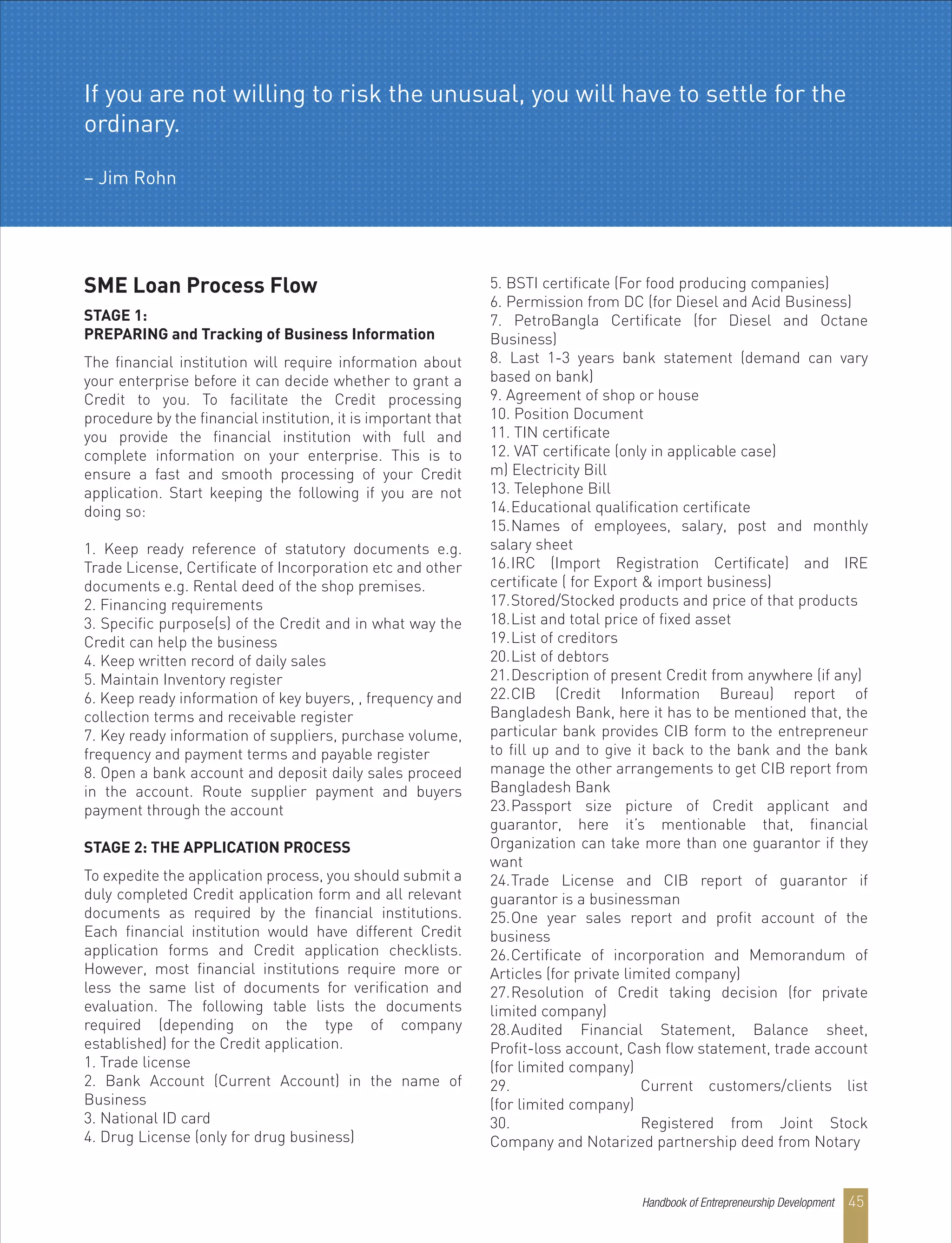 SME Loan Process Flow
STAGE 1:
PREPARING and Tracking of Business Information
The financial institution will require information about
your enterprise before it can decide whether to grant a
Credit to you. To facilitate the Credit processing
procedure by the financial institution, it is important that
you provide the financial institution with full and
complete information on your enterprise. This is to
ensure a fast and smooth processing of your Credit
application. Start keeping the following if you are not
doing so:
1. Keep ready reference of statutory documents e.g.
Trade License, Certificate of Incorporation etc and other
documents e.g. Rental deed of the shop premises.
2. Financing requirements
3. Specific purpose(s) of the Credit and in what way the
Credit can help the business
4. Keep written record of daily sales
5. Maintain Inventory register
6. Keep ready information of key buyers, , frequency and
collection terms and receivable register
7. Key ready information of suppliers, purchase volume,
frequency and payment terms and payable register
8. Open a bank account and deposit daily sales proceed
in the account. Route supplier payment and buyers
payment through the account
STAGE 2: THE APPLICATION PROCESS
To expedite the application process, you should submit a
duly completed Credit application form and all relevant
documents as required by the financial institutions.
Each financial institution would have different Credit
application forms and Credit application checklists.
However, most financial institutions require more or
less the same list of documents for verification and
evaluation. The following table lists the documents
required (depending on the type of company
established) for the Credit application.
1. Trade license
2. Bank Account (Current Account) in the name of
Business
3. National ID card
4. Drug License (only for drug business)
5. BSTI certificate (For food producing companies)
6. Permission from DC (for Diesel and Acid Business)
7. PetroBangla Certificate (for Diesel and Octane
Business)
8. Last 1-3 years bank statement (demand can vary
based on bank)
9. Agreement of shop or house
10. Position Document
11. TIN certificate
12. VAT certificate (only in applicable case)
m) Electricity Bill
13. Telephone Bill
14.Educational qualification certificate
15.Names of employees, salary, post and monthly
salary sheet
16.IRC (Import Registration Certificate) and IRE
certificate ( for Export & import business)
17.Stored/Stocked products and price of that products
18.List and total price of fixed asset
19.List of creditors
20.List of debtors
21.Description of present Credit from anywhere (if any)
22.CIB (Credit Information Bureau) report of
Bangladesh Bank, here it has to be mentioned that, the
particular bank provides CIB form to the entrepreneur
to fill up and to give it back to the bank and the bank
manage the other arrangements to get CIB report from
Bangladesh Bank
23.Passport size picture of Credit applicant and
guarantor, here it’s mentionable that, financial
Organization can take more than one guarantor if they
want
24.Trade License and CIB report of guarantor if
guarantor is a businessman
25.One year sales report and profit account of the
business
26.Certificate of incorporation and Memorandum of
Articles (for private limited company)
27.Resolution of Credit taking decision (for private
limited company)
28.Audited Financial Statement, Balance sheet,
Profit-loss account, Cash flow statement, trade account
(for limited company)
29. Current customers/clients list
(for limited company)
30. Registered from Joint Stock
Company and Notarized partnership deed from Notary
If you are not willing to risk the unusual, you will have to settle for the
ordinary.
– Jim Rohn
Handbook of Entrepreneurship Development 45
 