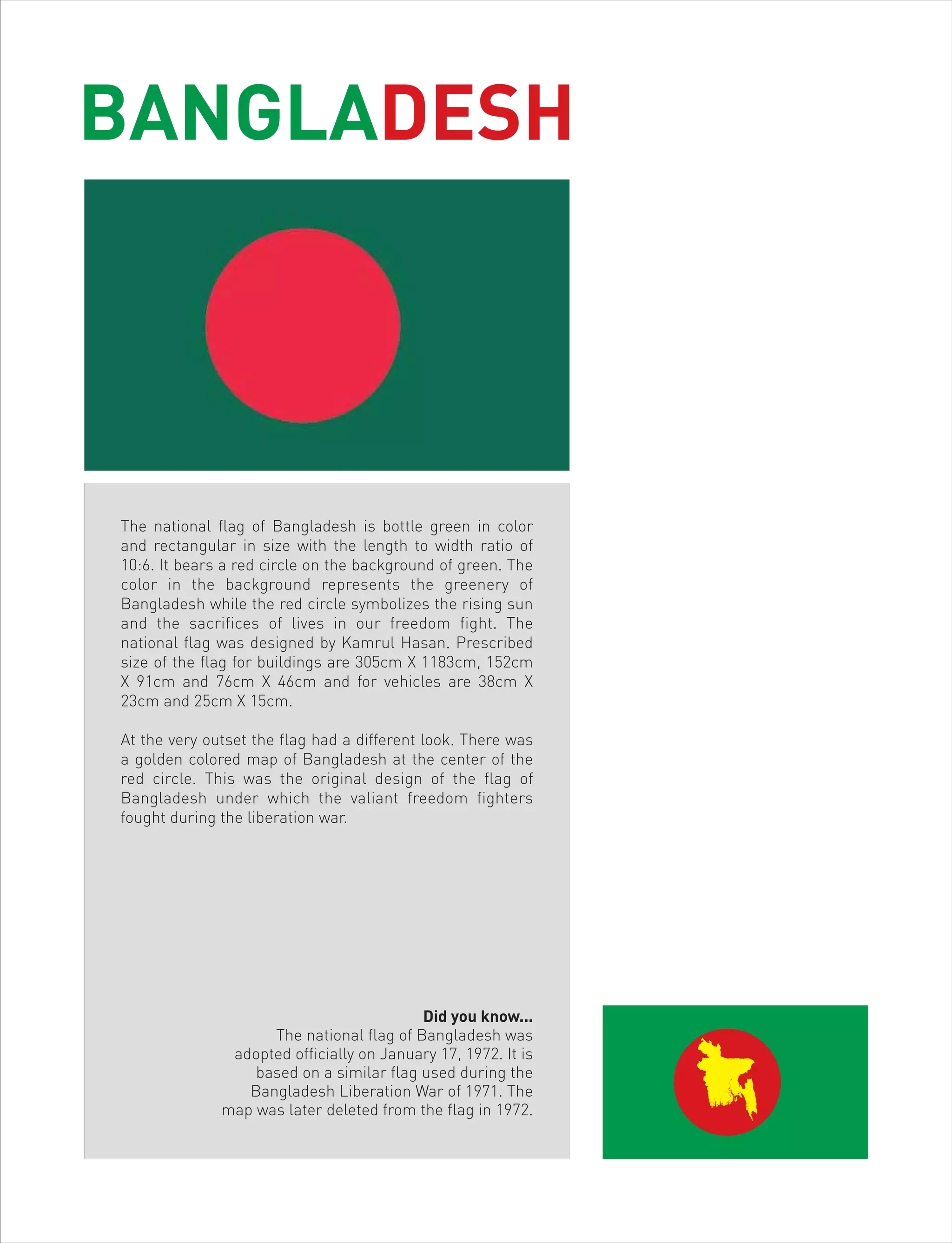 BANGLADESH
The national flag of Bangladesh is bottle green in color
and rectangular in size with the length to width ratio of
10:6. It bears a red circle on the background of green. The
color in the background represents the greenery of
Bangladesh while the red circle symbolizes the rising sun
and the sacrifices of lives in our freedom fight. The
national flag was designed by Kamrul Hasan. Prescribed
size of the flag for buildings are 305cm X 1183cm, 152cm
X 91cm and 76cm X 46cm and for vehicles are 38cm X
23cm and 25cm X 15cm.
At the very outset the flag had a different look. There was
a golden colored map of Bangladesh at the center of the
red circle. This was the original design of the flag of
Bangladesh under which the valiant freedom fighters
fought during the liberation war.
Did you know...
The national flag of Bangladesh was
adopted officially on January 17, 1972. It is
based on a similar flag used during the
Bangladesh Liberation War of 1971. The
map was later deleted from the flag in 1972.
 