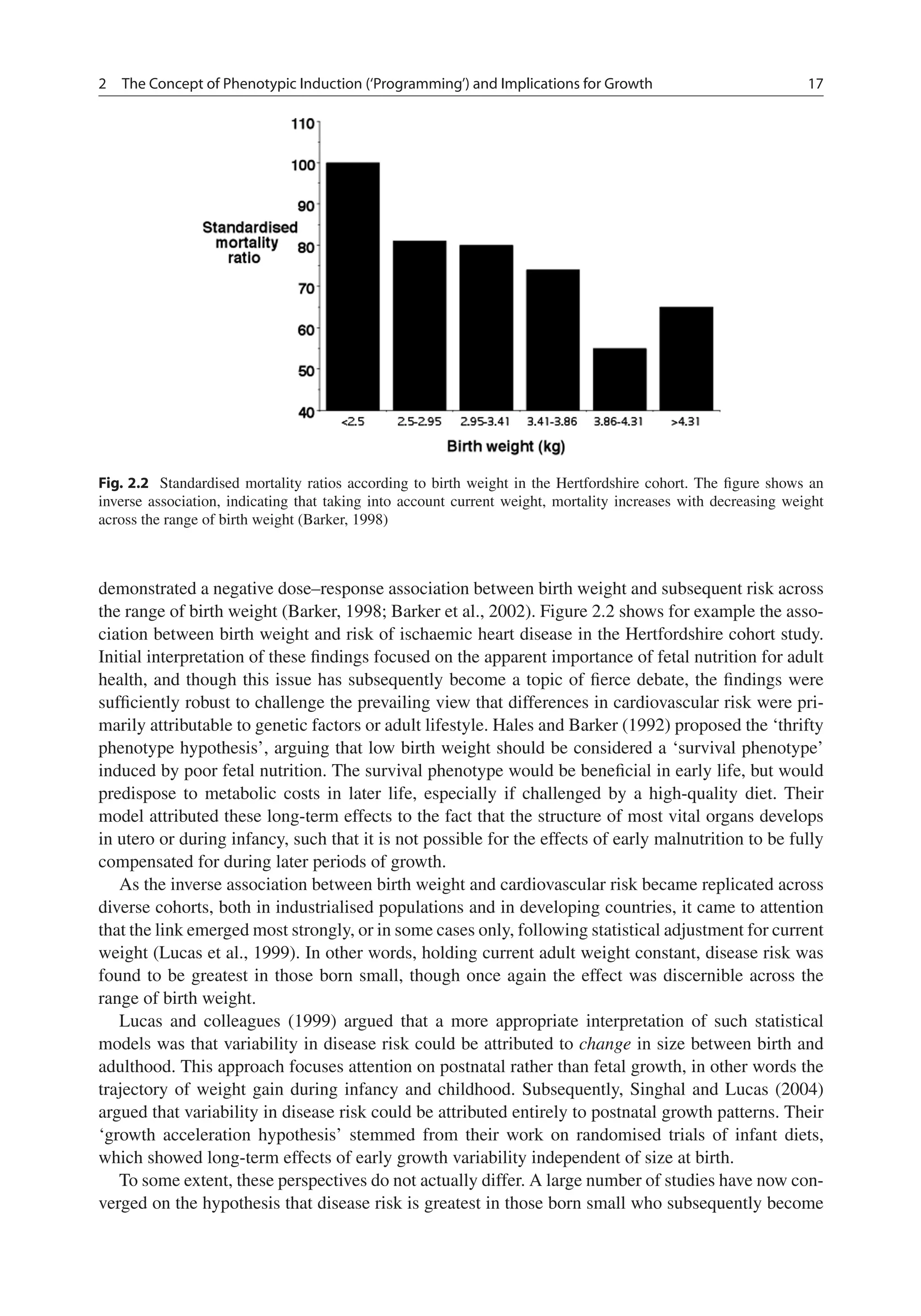 2 The Concept of Phenotypic Induction (‘Programming’) and Implications for Growth 17
Fig. 2.2 Standardised mortality ratios according to birth weight in the Hertfordshire cohort. The ﬁgure shows an
inverse association, indicating that taking into account current weight, mortality increases with decreasing weight
across the range of birth weight (Barker, 1998)
demonstrated a negative dose–response association between birth weight and subsequent risk across
the range of birth weight (Barker, 1998; Barker et al., 2002). Figure 2.2 shows for example the asso-
ciation between birth weight and risk of ischaemic heart disease in the Hertfordshire cohort study.
Initial interpretation of these ﬁndings focused on the apparent importance of fetal nutrition for adult
health, and though this issue has subsequently become a topic of ﬁerce debate, the ﬁndings were
sufﬁciently robust to challenge the prevailing view that differences in cardiovascular risk were pri-
marily attributable to genetic factors or adult lifestyle. Hales and Barker (1992) proposed the ‘thrifty
phenotype hypothesis’, arguing that low birth weight should be considered a ‘survival phenotype’
induced by poor fetal nutrition. The survival phenotype would be beneﬁcial in early life, but would
predispose to metabolic costs in later life, especially if challenged by a high-quality diet. Their
model attributed these long-term effects to the fact that the structure of most vital organs develops
in utero or during infancy, such that it is not possible for the effects of early malnutrition to be fully
compensated for during later periods of growth.
As the inverse association between birth weight and cardiovascular risk became replicated across
diverse cohorts, both in industrialised populations and in developing countries, it came to attention
that the link emerged most strongly, or in some cases only, following statistical adjustment for current
weight (Lucas et al., 1999). In other words, holding current adult weight constant, disease risk was
found to be greatest in those born small, though once again the effect was discernible across the
range of birth weight.
Lucas and colleagues (1999) argued that a more appropriate interpretation of such statistical
models was that variability in disease risk could be attributed to change in size between birth and
adulthood. This approach focuses attention on postnatal rather than fetal growth, in other words the
trajectory of weight gain during infancy and childhood. Subsequently, Singhal and Lucas (2004)
argued that variability in disease risk could be attributed entirely to postnatal growth patterns. Their
‘growth acceleration hypothesis’ stemmed from their work on randomised trials of infant diets,
which showed long-term effects of early growth variability independent of size at birth.
To some extent, these perspectives do not actually differ. A large number of studies have now con-
verged on the hypothesis that disease risk is greatest in those born small who subsequently become
 