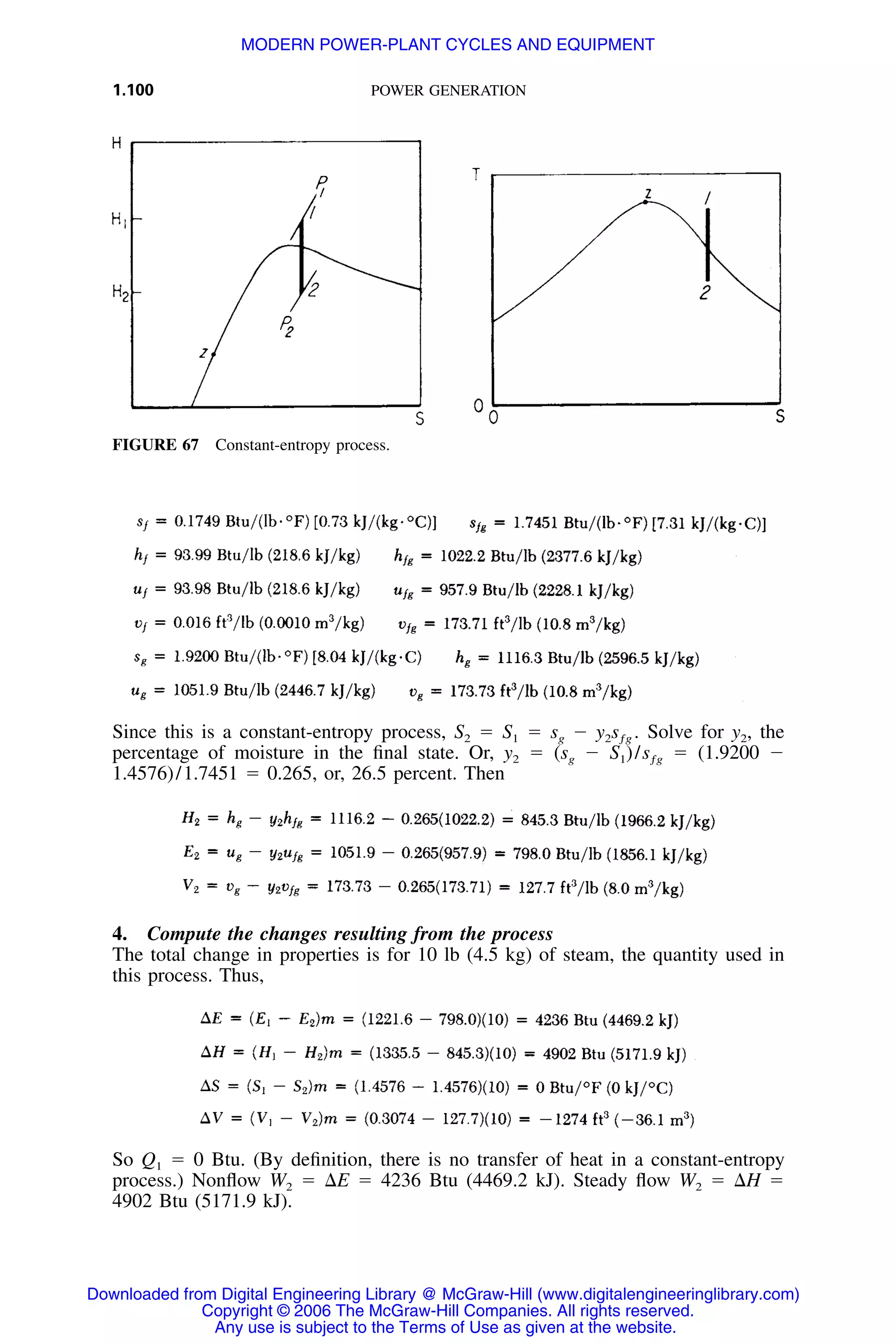 1.100 POWER GENERATION
FIGURE 67 Constant-entropy process.
Since this is a constant-entropy process, S2 ϭ S1 ϭ sg Ϫ Solve for y2, they s .2 ƒg
percentage of moisture in the ﬁnal state. Or, y2 ϭ (sg Ϫ S1)/ ϭ (1.9200 Ϫsƒg
1.4576)/1.7451 ϭ 0.265, or, 26.5 percent. Then
4. Compute the changes resulting from the process
The total change in properties is for 10 lb (4.5 kg) of steam, the quantity used in
this process. Thus,
So Q1 ϭ 0 Btu. (By deﬁnition, there is no transfer of heat in a constant-entropy
process.) Nonﬂow W2 ϭ ⌬E ϭ 4236 Btu (4469.2 kJ). Steady ﬂow W2 ϭ ⌬H ϭ
4902 Btu (5171.9 kJ).
Downloaded from Digital Engineering Library @ McGraw-Hill (www.digitalengineeringlibrary.com)
Copyright © 2006 The McGraw-Hill Companies. All rights reserved.
Any use is subject to the Terms of Use as given at the website.
MODERN POWER-PLANT CYCLES AND EQUIPMENT
 