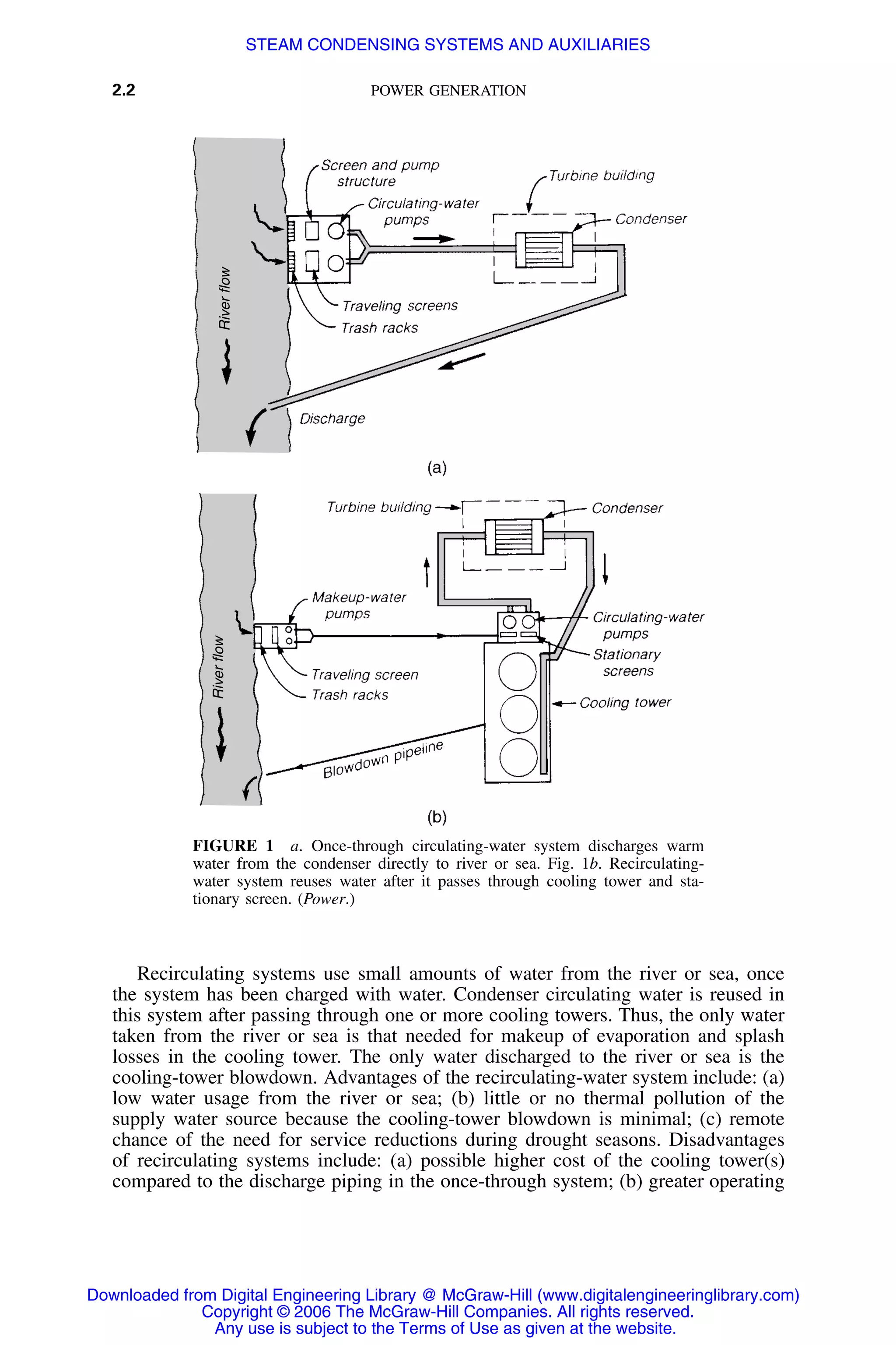 2.2 POWER GENERATION
RiverflowRiverflow
FIGURE 1 a. Once-through circulating-water system discharges warm
water from the condenser directly to river or sea. Fig. 1b. Recirculating-
water system reuses water after it passes through cooling tower and sta-
tionary screen. (Power.)
Recirculating systems use small amounts of water from the river or sea, once
the system has been charged with water. Condenser circulating water is reused in
this system after passing through one or more cooling towers. Thus, the only water
taken from the river or sea is that needed for makeup of evaporation and splash
losses in the cooling tower. The only water discharged to the river or sea is the
cooling-tower blowdown. Advantages of the recirculating-water system include: (a)
low water usage from the river or sea; (b) little or no thermal pollution of the
supply water source because the cooling-tower blowdown is minimal; (c) remote
chance of the need for service reductions during drought seasons. Disadvantages
of recirculating systems include: (a) possible higher cost of the cooling tower(s)
compared to the discharge piping in the once-through system; (b) greater operating
Downloaded from Digital Engineering Library @ McGraw-Hill (www.digitalengineeringlibrary.com)
Copyright © 2006 The McGraw-Hill Companies. All rights reserved.
Any use is subject to the Terms of Use as given at the website.
STEAM CONDENSING SYSTEMS AND AUXILIARIES
 