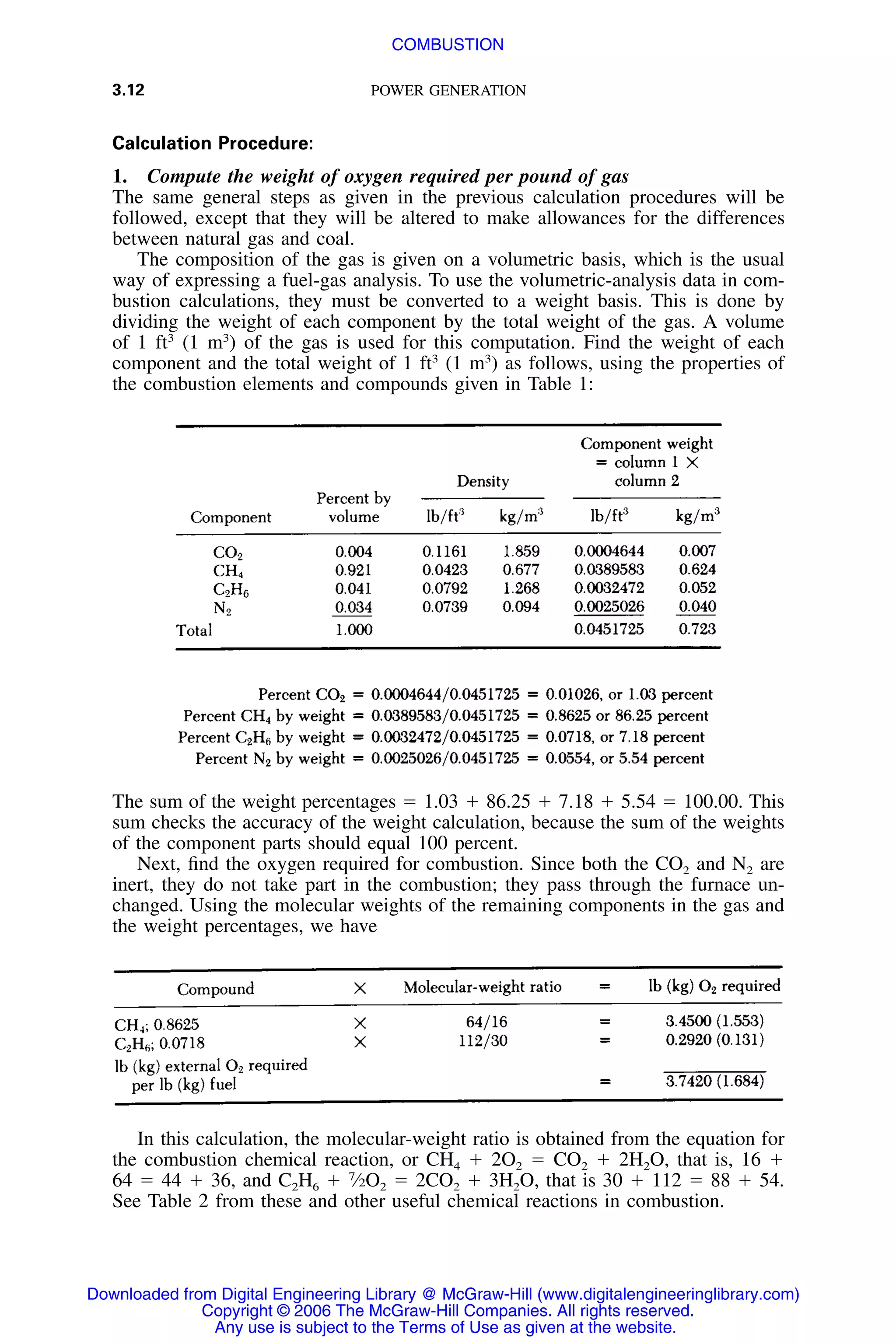 3.12 POWER GENERATION
Calculation Procedure:
1. Compute the weight of oxygen required per pound of gas
The same general steps as given in the previous calculation procedures will be
followed, except that they will be altered to make allowances for the differences
between natural gas and coal.
The composition of the gas is given on a volumetric basis, which is the usual
way of expressing a fuel-gas analysis. To use the volumetric-analysis data in com-
bustion calculations, they must be converted to a weight basis. This is done by
dividing the weight of each component by the total weight of the gas. A volume
of 1 ft3
(1 m3
) of the gas is used for this computation. Find the weight of each
component and the total weight of 1 ft3
(1 m3
) as follows, using the properties of
the combustion elements and compounds given in Table 1:
The sum of the weight percentages ϭ 1.03 ϩ 86.25 ϩ 7.18 ϩ 5.54 ϭ 100.00. This
sum checks the accuracy of the weight calculation, because the sum of the weights
of the component parts should equal 100 percent.
Next, ﬁnd the oxygen required for combustion. Since both the CO2 and N2 are
inert, they do not take part in the combustion; they pass through the furnace un-
changed. Using the molecular weights of the remaining components in the gas and
the weight percentages, we have
In this calculation, the molecular-weight ratio is obtained from the equation for
the combustion chemical reaction, or CH4 ϩ 2O2 ϭ CO2 ϩ 2H2O, that is, 16 ϩ
64 ϭ 44 ϩ 36, and C2H6 ϩ 7
⁄2O2 ϭ 2CO2 ϩ 3H2O, that is 30 ϩ 112 ϭ 88 ϩ 54.
See Table 2 from these and other useful chemical reactions in combustion.
Downloaded from Digital Engineering Library @ McGraw-Hill (www.digitalengineeringlibrary.com)
Copyright © 2006 The McGraw-Hill Companies. All rights reserved.
Any use is subject to the Terms of Use as given at the website.
COMBUSTION
 