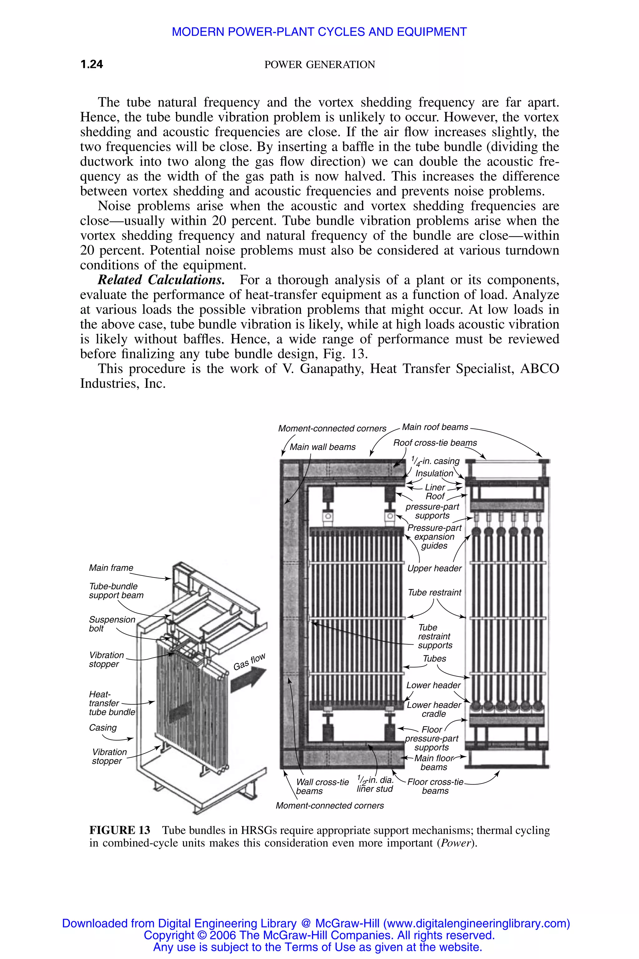 1.24 POWER GENERATION
Moment-connected corners
Main wall beams
Main roof beams
Roof cross-tie beams
Main frame
Tube-bundle
support beam
Suspension
bolt
Vibration
stopper
Heat-
transfer
tube bundle
Casing
Vibration
stopper
Insulation
Liner
Roof
pressure-part
supports
Pressure-part
expansion
guides
Upper header
Tube restraint
Tubes
Lower header
Lower header
cradle
Floor
pressure-part
supports
Main floor
beams
Floor cross-tie
beams
Moment-connected corners
Gas flow
Wall cross-tie
beams
1/2-in. dia.
liner stud
Tube
restraint
supports
1/4-in. casing
FIGURE 13 Tube bundles in HRSGs require appropriate support mechanisms; thermal cycling
in combined-cycle units makes this consideration even more important (Power).
The tube natural frequency and the vortex shedding frequency are far apart.
Hence, the tube bundle vibration problem is unlikely to occur. However, the vortex
shedding and acoustic frequencies are close. If the air ﬂow increases slightly, the
two frequencies will be close. By inserting a bafﬂe in the tube bundle (dividing the
ductwork into two along the gas ﬂow direction) we can double the acoustic fre-
quency as the width of the gas path is now halved. This increases the difference
between vortex shedding and acoustic frequencies and prevents noise problems.
Noise problems arise when the acoustic and vortex shedding frequencies are
close—usually within 20 percent. Tube bundle vibration problems arise when the
vortex shedding frequency and natural frequency of the bundle are close—within
20 percent. Potential noise problems must also be considered at various turndown
conditions of the equipment.
Related Calculations. For a thorough analysis of a plant or its components,
evaluate the performance of heat-transfer equipment as a function of load. Analyze
at various loads the possible vibration problems that might occur. At low loads in
the above case, tube bundle vibration is likely, while at high loads acoustic vibration
is likely without bafﬂes. Hence, a wide range of performance must be reviewed
before ﬁnalizing any tube bundle design, Fig. 13.
This procedure is the work of V. Ganapathy, Heat Transfer Specialist, ABCO
Industries, Inc.
Downloaded from Digital Engineering Library @ McGraw-Hill (www.digitalengineeringlibrary.com)
Copyright © 2006 The McGraw-Hill Companies. All rights reserved.
Any use is subject to the Terms of Use as given at the website.
MODERN POWER-PLANT CYCLES AND EQUIPMENT
 