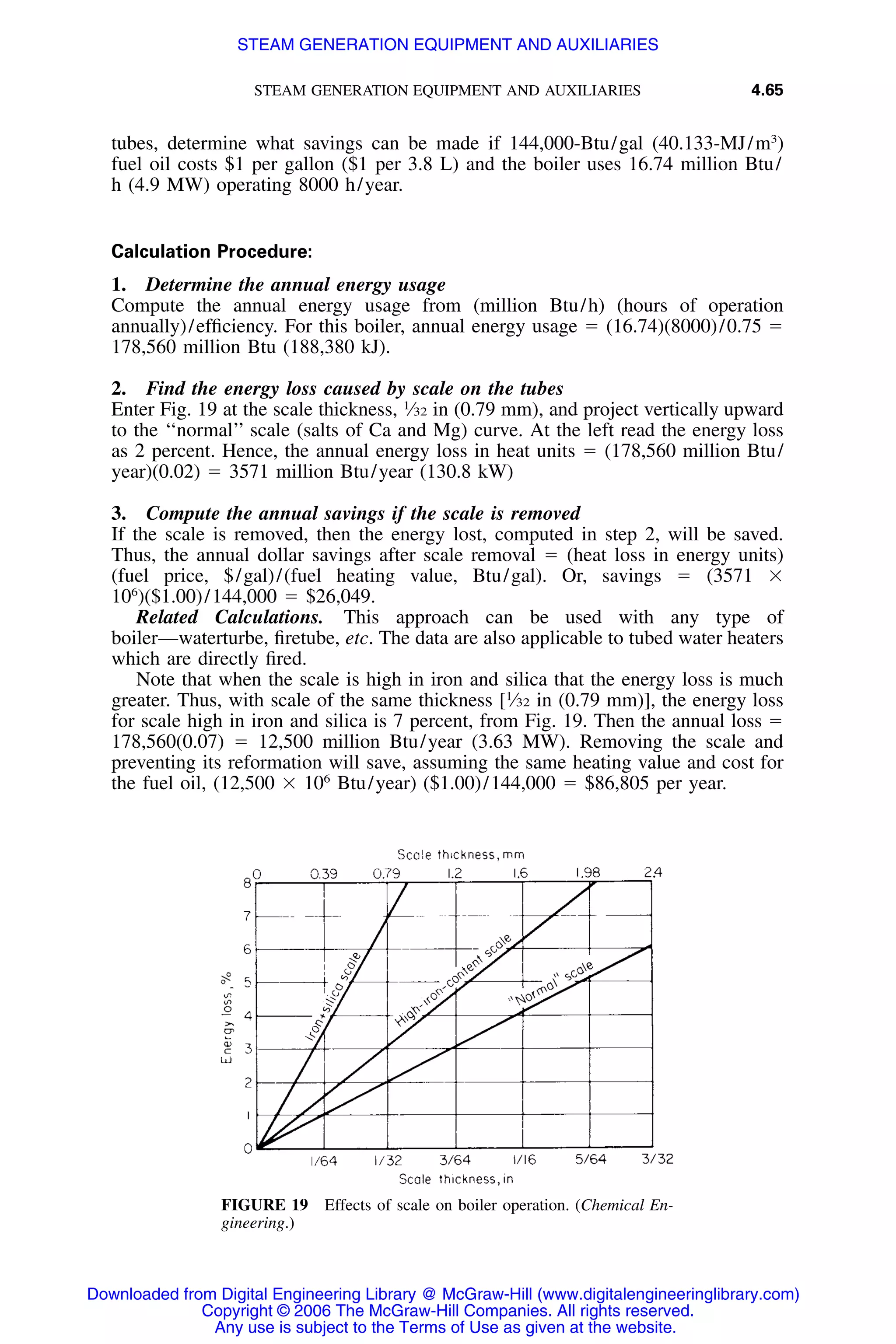 STEAM GENERATION EQUIPMENT AND AUXILIARIES 4.65
FIGURE 19 Effects of scale on boiler operation. (Chemical En-
gineering.)
tubes, determine what savings can be made if 144,000-Btu/gal (40.133-MJ/m3
)
fuel oil costs $1 per gallon ($1 per 3.8 L) and the boiler uses 16.74 million Btu/
h (4.9 MW) operating 8000 h/year.
Calculation Procedure:
1. Determine the annual energy usage
Compute the annual energy usage from (million Btu/h) (hours of operation
annually)/efﬁciency. For this boiler, annual energy usage ϭ (16.74)(8000)/0.75 ϭ
178,560 million Btu (188,380 kJ).
2. Find the energy loss caused by scale on the tubes
Enter Fig. 19 at the scale thickness, 1
⁄32 in (0.79 mm), and project vertically upward
to the ‘‘normal’’ scale (salts of Ca and Mg) curve. At the left read the energy loss
as 2 percent. Hence, the annual energy loss in heat units ϭ (178,560 million Btu/
year)(0.02) ϭ 3571 million Btu/year (130.8 kW)
3. Compute the annual savings if the scale is removed
If the scale is removed, then the energy lost, computed in step 2, will be saved.
Thus, the annual dollar savings after scale removal ϭ (heat loss in energy units)
(fuel price, $/gal)/(fuel heating value, Btu/gal). Or, savings ϭ (3571 ϫ
106
)($1.00)/144,000 ϭ $26,049.
Related Calculations. This approach can be used with any type of
boiler—waterturbe, ﬁretube, etc. The data are also applicable to tubed water heaters
which are directly ﬁred.
Note that when the scale is high in iron and silica that the energy loss is much
greater. Thus, with scale of the same thickness [1
⁄32 in (0.79 mm)], the energy loss
for scale high in iron and silica is 7 percent, from Fig. 19. Then the annual loss ϭ
178,560(0.07) ϭ 12,500 million Btu/year (3.63 MW). Removing the scale and
preventing its reformation will save, assuming the same heating value and cost for
the fuel oil, (12,500 ϫ 106
Btu/year) ($1.00)/144,000 ϭ $86,805 per year.
Downloaded from Digital Engineering Library @ McGraw-Hill (www.digitalengineeringlibrary.com)
Copyright © 2006 The McGraw-Hill Companies. All rights reserved.
Any use is subject to the Terms of Use as given at the website.
STEAM GENERATION EQUIPMENT AND AUXILIARIES
 
