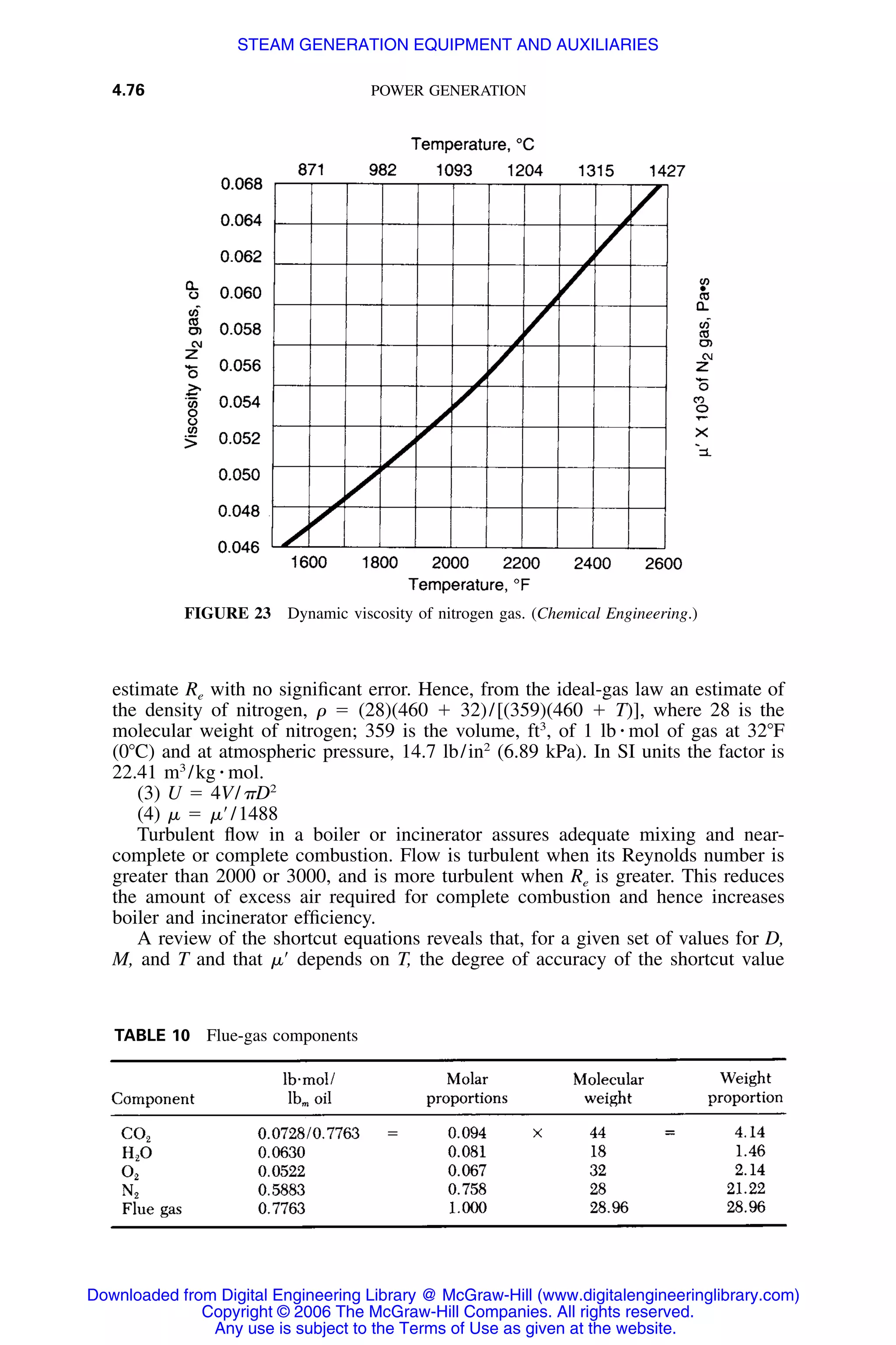 4.76 POWER GENERATION
FIGURE 23 Dynamic viscosity of nitrogen gas. (Chemical Engineering.)
TABLE 10 Flue-gas components
estimate Re with no signiﬁcant error. Hence, from the ideal-gas law an estimate of
the density of nitrogen, ␳ ϭ (28)(460 ϩ 32)/[(359)(460 ϩ T)], where 28 is the
molecular weight of nitrogen; 359 is the volume, ft3
, of 1 lb ⅐ mol of gas at 32ЊF
(0ЊC) and at atmospheric pressure, 14.7 lb/in2
(6.89 kPa). In SI units the factor is
22.41 m3
/kg ⅐ mol.
(3) U ϭ 4V/␲D2
(4) ␮ ϭ ␮Ј/1488
Turbulent ﬂow in a boiler or incinerator assures adequate mixing and near-
complete or complete combustion. Flow is turbulent when its Reynolds number is
greater than 2000 or 3000, and is more turbulent when Re is greater. This reduces
the amount of excess air required for complete combustion and hence increases
boiler and incinerator efﬁciency.
A review of the shortcut equations reveals that, for a given set of values for D,
M, and T and that ␮Ј depends on T, the degree of accuracy of the shortcut value
Downloaded from Digital Engineering Library @ McGraw-Hill (www.digitalengineeringlibrary.com)
Copyright © 2006 The McGraw-Hill Companies. All rights reserved.
Any use is subject to the Terms of Use as given at the website.
STEAM GENERATION EQUIPMENT AND AUXILIARIES
 