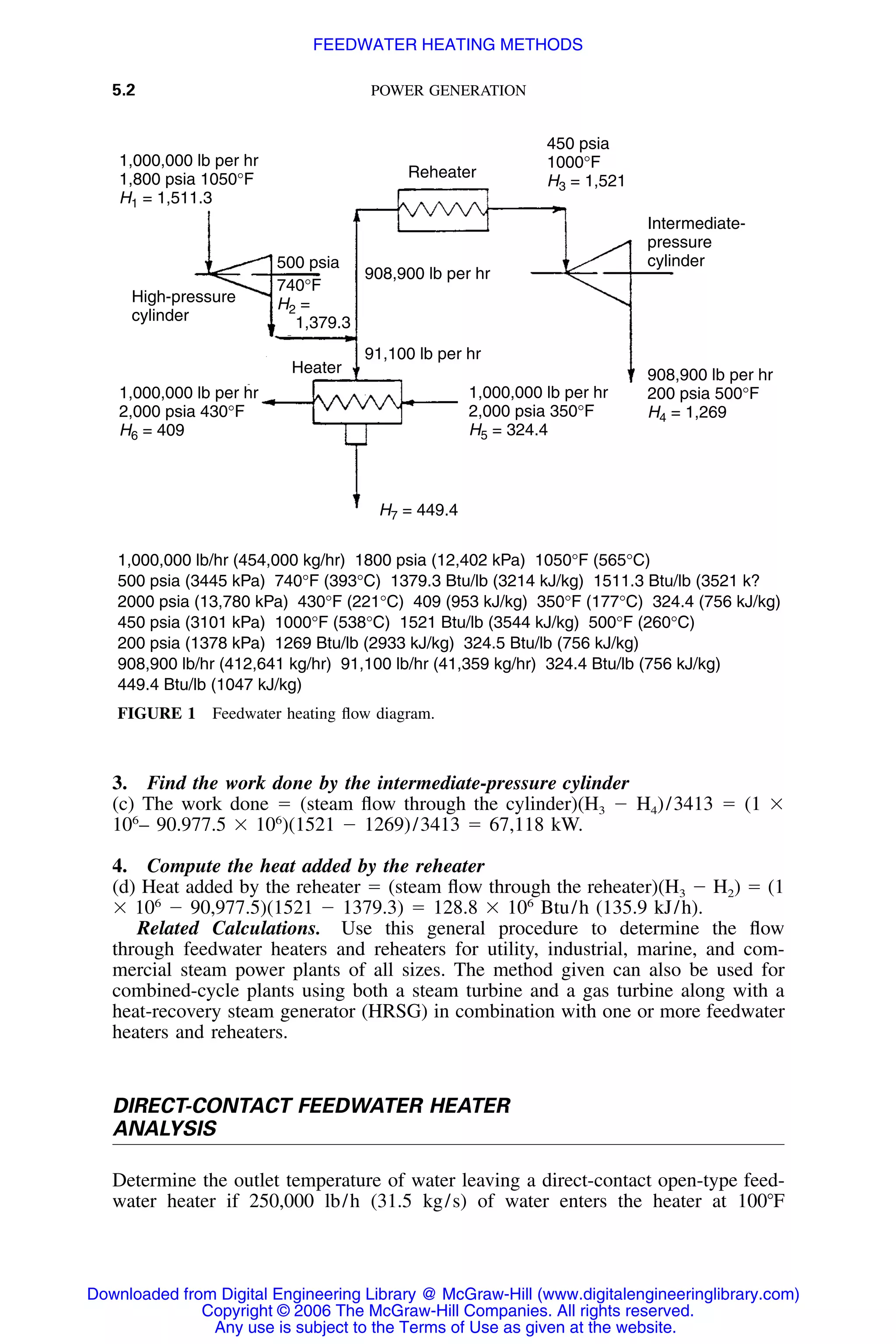 5.2 POWER GENERATION
1,000,000 lb per hr
1,800 psia 1050°F
H1 = 1,511.3
1,000,000 lb per hr
2,000 psia 430°F
H6 = 409
Reheater
450 psia
1000°F
H3 = 1,521
Intermediate-
pressure
cylinder
High-pressure
cylinder
500 psia
740°F
H2 =
1,379.3
908,900 lb per hr
200 psia 500°F
H4 = 1,269
908,900 lb per hr
91,100 lb per hr
1,000,000 lb per hr
2,000 psia 350°F
H5 = 324.4
H7 = 449.4
Heater
1,000,000 lb/hr (454,000 kg/hr) 1800 psia (12,402 kPa) 1050°F (565°C)
500 psia (3445 kPa) 740°F (393°C) 1379.3 Btu/lb (3214 kJ/kg) 1511.3 Btu/lb (3521 k?
2000 psia (13,780 kPa) 430°F (221°C) 409 (953 kJ/kg) 350°F (177°C) 324.4 (756 kJ/kg)
450 psia (3101 kPa) 1000°F (538°C) 1521 Btu/lb (3544 kJ/kg) 500°F (260°C)
200 psia (1378 kPa) 1269 Btu/lb (2933 kJ/kg) 324.5 Btu/lb (756 kJ/kg)
908,900 lb/hr (412,641 kg/hr) 91,100 lb/hr (41,359 kg/hr) 324.4 Btu/lb (756 kJ/kg)
449.4 Btu/lb (1047 kJ/kg)
FIGURE 1 Feedwater heating ﬂow diagram.
3. Find the work done by the intermediate-pressure cylinder
(c) The work done ϭ (steam ﬂow through the cylinder)(H3 Ϫ H4)/3413 ϭ (1 ϫ
106
– 90.977.5 ϫ 106
)(1521 Ϫ 1269)/3413 ϭ 67,118 kW.
4. Compute the heat added by the reheater
(d) Heat added by the reheater ϭ (steam ﬂow through the reheater)(H3 Ϫ H2) ϭ (1
ϫ 106
Ϫ 90,977.5)(1521 Ϫ 1379.3) ϭ 128.8 ϫ 106
Btu/h (135.9 kJ/h).
Related Calculations. Use this general procedure to determine the ﬂow
through feedwater heaters and reheaters for utility, industrial, marine, and com-
mercial steam power plants of all sizes. The method given can also be used for
combined-cycle plants using both a steam turbine and a gas turbine along with a
heat-recovery steam generator (HRSG) in combination with one or more feedwater
heaters and reheaters.
DIRECT-CONTACT FEEDWATER HEATER
ANALYSIS
Determine the outlet temperature of water leaving a direct-contact open-type feed-
water heater if 250,000 lb/h (31.5 kg/s) of water enters the heater at 100ЊF
Downloaded from Digital Engineering Library @ McGraw-Hill (www.digitalengineeringlibrary.com)
Copyright © 2006 The McGraw-Hill Companies. All rights reserved.
Any use is subject to the Terms of Use as given at the website.
FEEDWATER HEATING METHODS
 