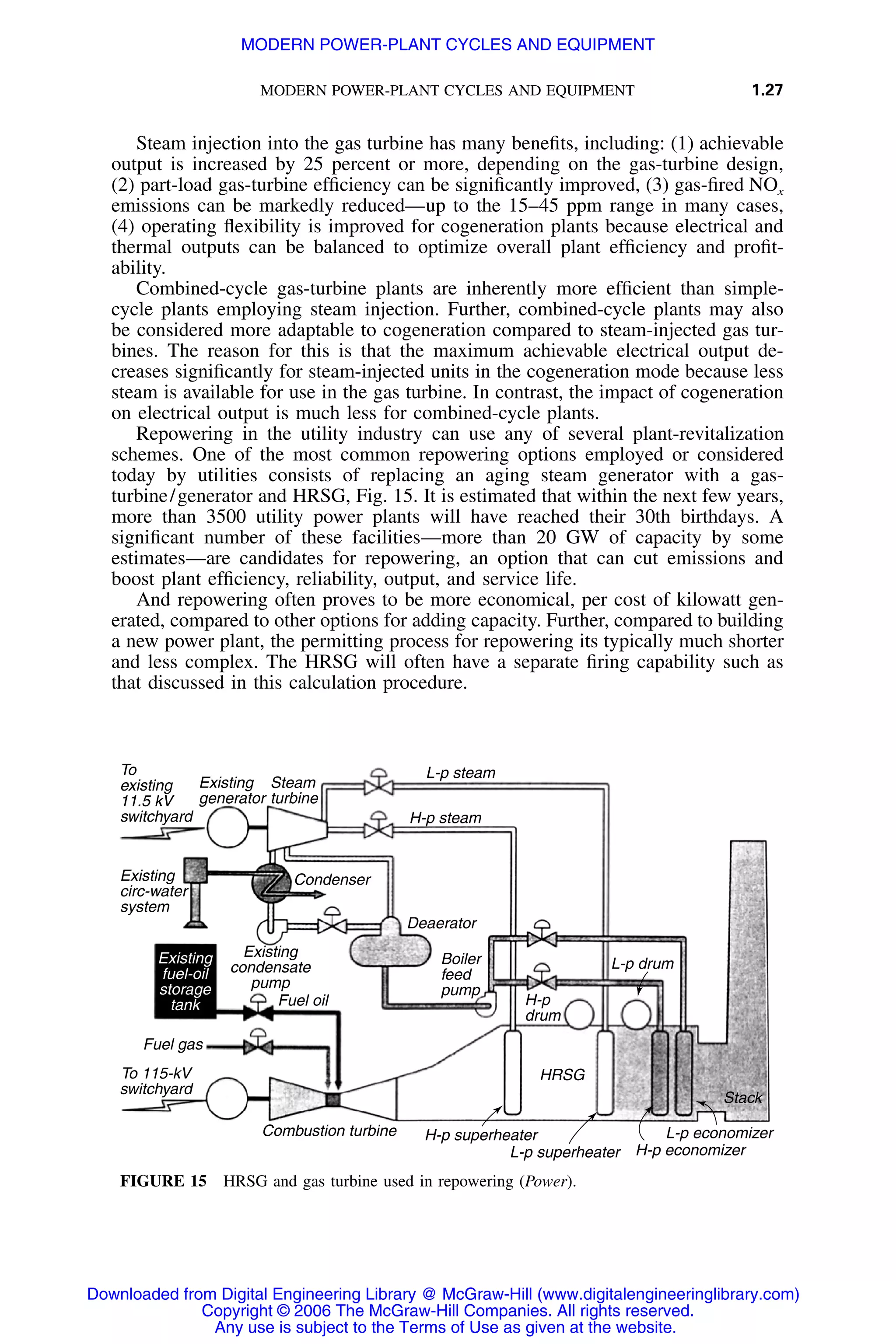MODERN POWER-PLANT CYCLES AND EQUIPMENT 1.27
To
existing
11.5 kV
switchyard
Existing
generator
Steam
turbine
L-p steam
H-p steam
Condenser
Deaerator
Boiler
feed
pump
H-p
drum
L-p drum
Stack
L-p economizer
H-p economizerL-p superheater
H-p superheater
HRSG
Existing
circ-water
system
Existing
condensate
pump
Fuel oil
Fuel gas
To 115-kV
switchyard
Combustion turbine
Existing
fuel-oil
storage
tank
FIGURE 15 HRSG and gas turbine used in repowering (Power).
Steam injection into the gas turbine has many beneﬁts, including: (1) achievable
output is increased by 25 percent or more, depending on the gas-turbine design,
(2) part-load gas-turbine efﬁciency can be signiﬁcantly improved, (3) gas-ﬁred NOx
emissions can be markedly reduced—up to the 15–45 ppm range in many cases,
(4) operating ﬂexibility is improved for cogeneration plants because electrical and
thermal outputs can be balanced to optimize overall plant efﬁciency and proﬁt-
ability.
Combined-cycle gas-turbine plants are inherently more efﬁcient than simple-
cycle plants employing steam injection. Further, combined-cycle plants may also
be considered more adaptable to cogeneration compared to steam-injected gas tur-
bines. The reason for this is that the maximum achievable electrical output de-
creases signiﬁcantly for steam-injected units in the cogeneration mode because less
steam is available for use in the gas turbine. In contrast, the impact of cogeneration
on electrical output is much less for combined-cycle plants.
Repowering in the utility industry can use any of several plant-revitalization
schemes. One of the most common repowering options employed or considered
today by utilities consists of replacing an aging steam generator with a gas-
turbine/generator and HRSG, Fig. 15. It is estimated that within the next few years,
more than 3500 utility power plants will have reached their 30th birthdays. A
signiﬁcant number of these facilities—more than 20 GW of capacity by some
estimates—are candidates for repowering, an option that can cut emissions and
boost plant efﬁciency, reliability, output, and service life.
And repowering often proves to be more economical, per cost of kilowatt gen-
erated, compared to other options for adding capacity. Further, compared to building
a new power plant, the permitting process for repowering its typically much shorter
and less complex. The HRSG will often have a separate ﬁring capability such as
that discussed in this calculation procedure.
Downloaded from Digital Engineering Library @ McGraw-Hill (www.digitalengineeringlibrary.com)
Copyright © 2006 The McGraw-Hill Companies. All rights reserved.
Any use is subject to the Terms of Use as given at the website.
MODERN POWER-PLANT CYCLES AND EQUIPMENT
 