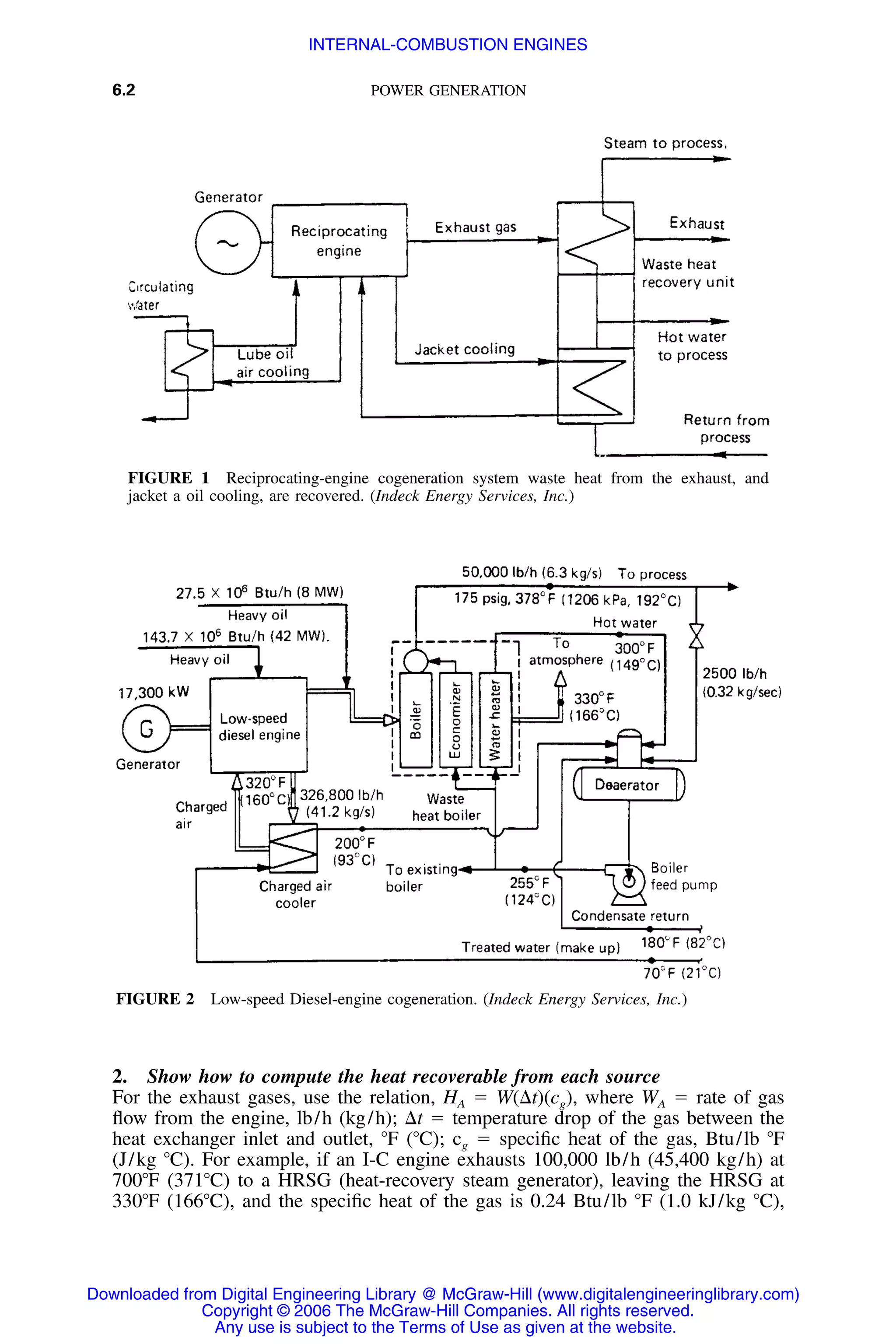 6.2 POWER GENERATION
FIGURE 1 Reciprocating-engine cogeneration system waste heat from the exhaust, and
jacket a oil cooling, are recovered. (Indeck Energy Services, Inc.)
FIGURE 2 Low-speed Diesel-engine cogeneration. (Indeck Energy Services, Inc.)
2. Show how to compute the heat recoverable from each source
For the exhaust gases, use the relation, HA ϭ W(⌬t)(cg), where WA ϭ rate of gas
ﬂow from the engine, lb/h (kg/h); ⌬t ϭ temperature drop of the gas between the
heat exchanger inlet and outlet, ЊF (ЊC); cg ϭ speciﬁc heat of the gas, Btu/lb ЊF
(J/kg ЊC). For example, if an I-C engine exhausts 100,000 lb/h (45,400 kg/h) at
700ЊF (371ЊC) to a HRSG (heat-recovery steam generator), leaving the HRSG at
330ЊF (166ЊC), and the speciﬁc heat of the gas is 0.24 Btu/lb ЊF (1.0 kJ/kg ЊC),
Downloaded from Digital Engineering Library @ McGraw-Hill (www.digitalengineeringlibrary.com)
Copyright © 2006 The McGraw-Hill Companies. All rights reserved.
Any use is subject to the Terms of Use as given at the website.
INTERNAL-COMBUSTION ENGINES
 