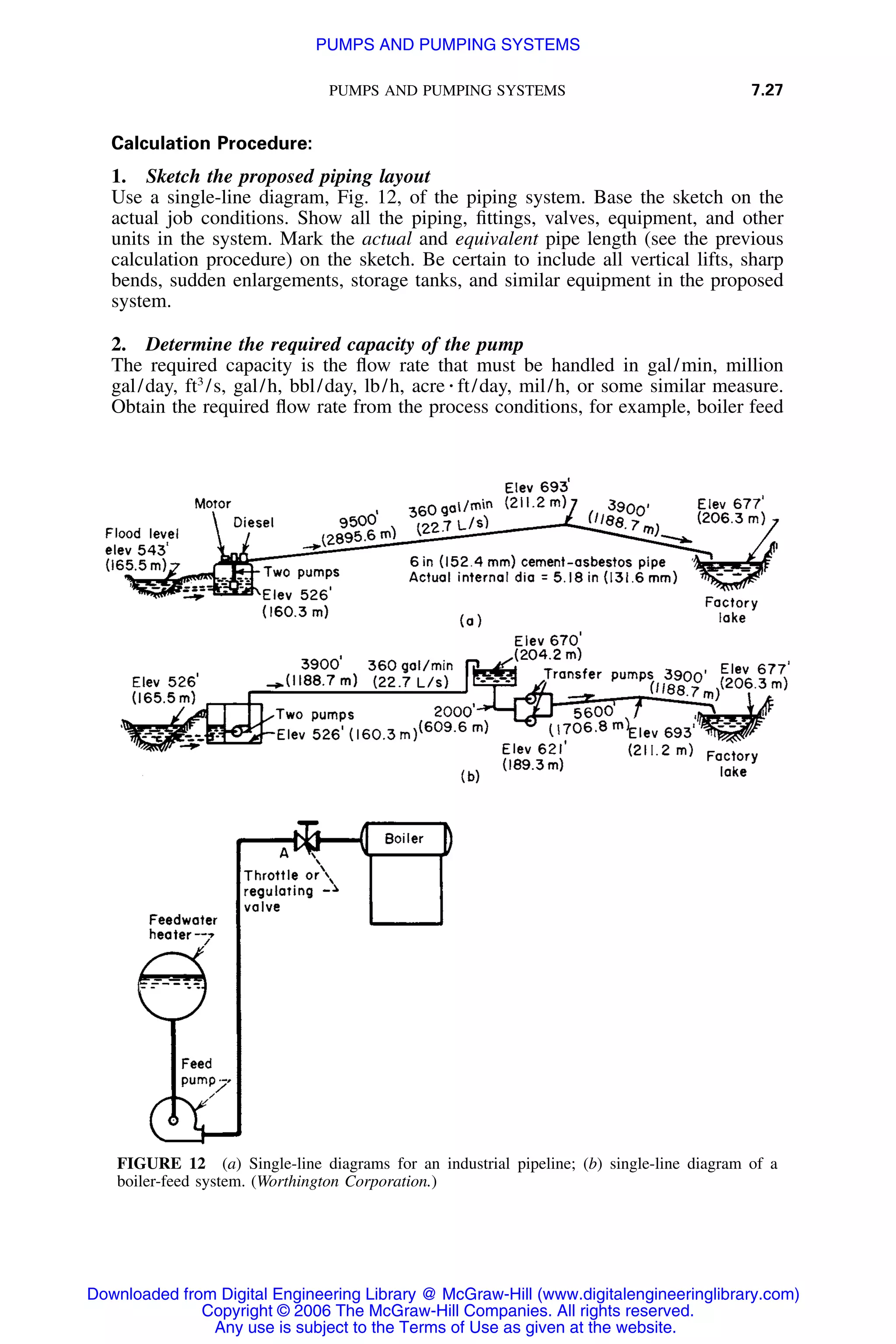PUMPS AND PUMPING SYSTEMS 7.27
FIGURE 12 (a) Single-line diagrams for an industrial pipeline; (b) single-line diagram of a
boiler-feed system. (Worthington Corporation.)
Calculation Procedure:
1. Sketch the proposed piping layout
Use a single-line diagram, Fig. 12, of the piping system. Base the sketch on the
actual job conditions. Show all the piping, ﬁttings, valves, equipment, and other
units in the system. Mark the actual and equivalent pipe length (see the previous
calculation procedure) on the sketch. Be certain to include all vertical lifts, sharp
bends, sudden enlargements, storage tanks, and similar equipment in the proposed
system.
2. Determine the required capacity of the pump
The required capacity is the ﬂow rate that must be handled in gal/min, million
gal/day, ft3
/s, gal/h, bbl/day, lb/h, acre ⅐ ft/day, mil/h, or some similar measure.
Obtain the required ﬂow rate from the process conditions, for example, boiler feed
Downloaded from Digital Engineering Library @ McGraw-Hill (www.digitalengineeringlibrary.com)
Copyright © 2006 The McGraw-Hill Companies. All rights reserved.
Any use is subject to the Terms of Use as given at the website.
PUMPS AND PUMPING SYSTEMS
 