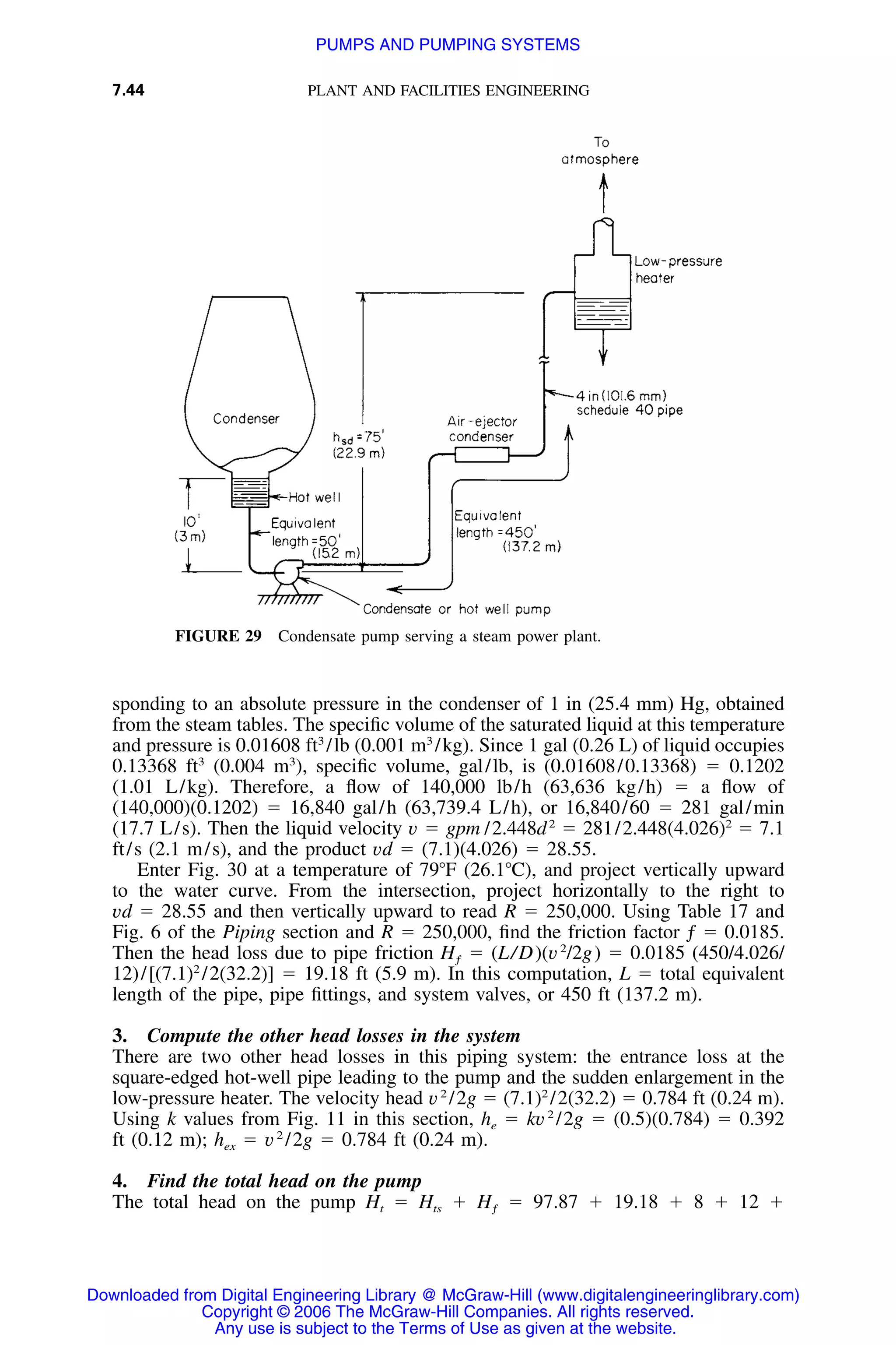 7.44 PLANT AND FACILITIES ENGINEERING
FIGURE 29 Condensate pump serving a steam power plant.
sponding to an absolute pressure in the condenser of 1 in (25.4 mm) Hg, obtained
from the steam tables. The speciﬁc volume of the saturated liquid at this temperature
and pressure is 0.01608 ft3
/lb (0.001 m3
/kg). Since 1 gal (0.26 L) of liquid occupies
0.13368 ft3
(0.004 m3
), speciﬁc volume, gal/lb, is (0.01608/0.13368) ϭ 0.1202
(1.01 L/kg). Therefore, a ﬂow of 140,000 lb/h (63,636 kg/h) ϭ a ﬂow of
(140,000)(0.1202) ϭ 16,840 gal/h (63,739.4 L/h), or 16,840/60 ϭ 281 gal/min
(17.7 L/s). Then the liquid velocity v ϭ gpm /2.448d2
ϭ 281/2.448(4.026)2
ϭ 7.1
ft/s (2.1 m/s), and the product vd ϭ (7.1)(4.026) ϭ 28.55.
Enter Fig. 30 at a temperature of 79ЊF (26.1ЊC), and project vertically upward
to the water curve. From the intersection, project horizontally to the right to
vd ϭ 28.55 and then vertically upward to read R ϭ 250,000. Using Table 17 and
Fig. 6 of the Piping section and R ϭ 250,000, ﬁnd the friction factor ƒ ϭ 0.0185.
Then the head loss due to pipe friction ϭ (L/D)(v2
/2g) ϭ 0.0185 (450/4.026/Hƒ
12)/[(7.1)2
/2(32.2)] ϭ 19.18 ft (5.9 m). In this computation, L ϭ total equivalent
length of the pipe, pipe ﬁttings, and system valves, or 450 ft (137.2 m).
3. Compute the other head losses in the system
There are two other head losses in this piping system: the entrance loss at the
square-edged hot-well pipe leading to the pump and the sudden enlargement in the
low-pressure heater. The velocity head v2
/2g ϭ (7.1)2
/2(32.2) ϭ 0.784 ft (0.24 m).
Using k values from Fig. 11 in this section, he ϭ kv2
/2g ϭ (0.5)(0.784) ϭ 0.392
ft (0.12 m); hex ϭ v2
/2g ϭ 0.784 ft (0.24 m).
4. Find the total head on the pump
The total head on the pump Ht ϭ Hts ϩ ϭ 97.87 ϩ 19.18 ϩ 8 ϩ 12 ϩHƒ
Downloaded from Digital Engineering Library @ McGraw-Hill (www.digitalengineeringlibrary.com)
Copyright © 2006 The McGraw-Hill Companies. All rights reserved.
Any use is subject to the Terms of Use as given at the website.
PUMPS AND PUMPING SYSTEMS
 
