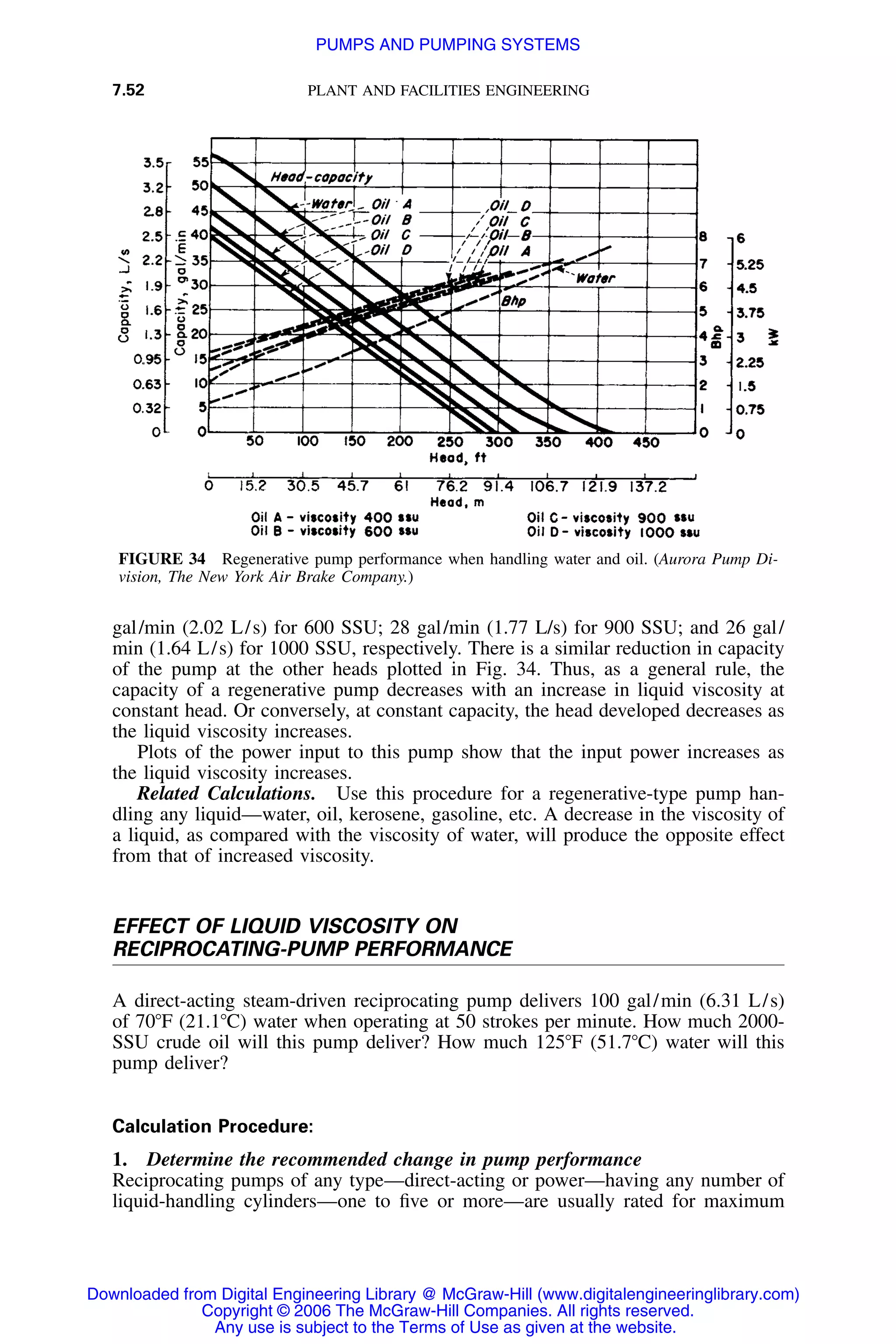 7.52 PLANT AND FACILITIES ENGINEERING
FIGURE 34 Regenerative pump performance when handling water and oil. (Aurora Pump Di-
vision, The New York Air Brake Company.)
gal/min (2.02 L/s) for 600 SSU; 28 gal/min (1.77 L/s) for 900 SSU; and 26 gal/
min (1.64 L/s) for 1000 SSU, respectively. There is a similar reduction in capacity
of the pump at the other heads plotted in Fig. 34. Thus, as a general rule, the
capacity of a regenerative pump decreases with an increase in liquid viscosity at
constant head. Or conversely, at constant capacity, the head developed decreases as
the liquid viscosity increases.
Plots of the power input to this pump show that the input power increases as
the liquid viscosity increases.
Related Calculations. Use this procedure for a regenerative-type pump han-
dling any liquid—water, oil, kerosene, gasoline, etc. A decrease in the viscosity of
a liquid, as compared with the viscosity of water, will produce the opposite effect
from that of increased viscosity.
EFFECT OF LIQUID VISCOSITY ON
RECIPROCATING-PUMP PERFORMANCE
A direct-acting steam-driven reciprocating pump delivers 100 gal/min (6.31 L/s)
of 70ЊF (21.1ЊC) water when operating at 50 strokes per minute. How much 2000-
SSU crude oil will this pump deliver? How much 125ЊF (51.7ЊC) water will this
pump deliver?
Calculation Procedure:
1. Determine the recommended change in pump performance
Reciprocating pumps of any type—direct-acting or power—having any number of
liquid-handling cylinders—one to ﬁve or more—are usually rated for maximum
Downloaded from Digital Engineering Library @ McGraw-Hill (www.digitalengineeringlibrary.com)
Copyright © 2006 The McGraw-Hill Companies. All rights reserved.
Any use is subject to the Terms of Use as given at the website.
PUMPS AND PUMPING SYSTEMS
 