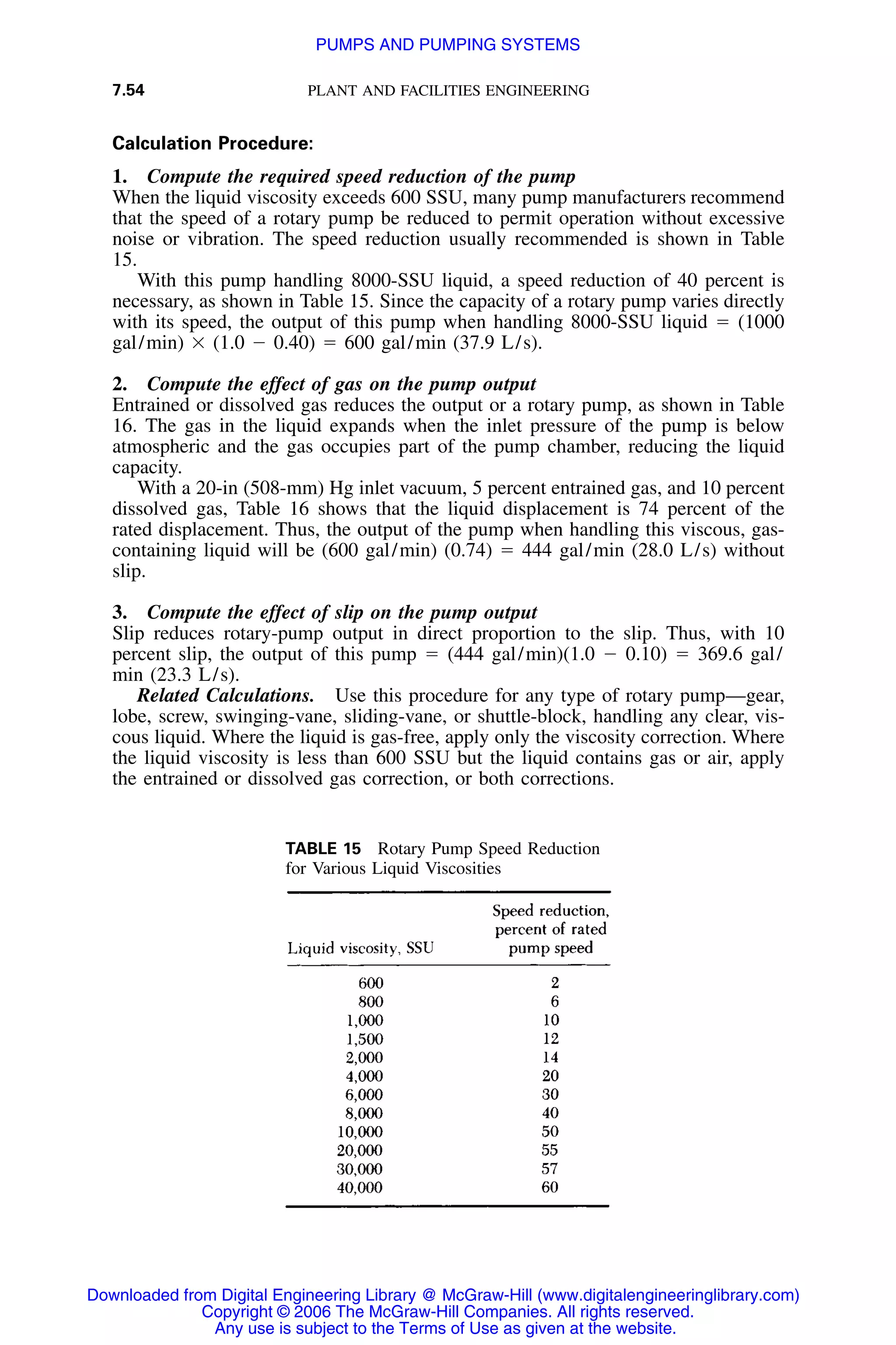 7.54 PLANT AND FACILITIES ENGINEERING
TABLE 15 Rotary Pump Speed Reduction
for Various Liquid Viscosities
Calculation Procedure:
1. Compute the required speed reduction of the pump
When the liquid viscosity exceeds 600 SSU, many pump manufacturers recommend
that the speed of a rotary pump be reduced to permit operation without excessive
noise or vibration. The speed reduction usually recommended is shown in Table
15.
With this pump handling 8000-SSU liquid, a speed reduction of 40 percent is
necessary, as shown in Table 15. Since the capacity of a rotary pump varies directly
with its speed, the output of this pump when handling 8000-SSU liquid ϭ (1000
gal/min) ϫ (1.0 Ϫ 0.40) ϭ 600 gal/min (37.9 L/s).
2. Compute the effect of gas on the pump output
Entrained or dissolved gas reduces the output or a rotary pump, as shown in Table
16. The gas in the liquid expands when the inlet pressure of the pump is below
atmospheric and the gas occupies part of the pump chamber, reducing the liquid
capacity.
With a 20-in (508-mm) Hg inlet vacuum, 5 percent entrained gas, and 10 percent
dissolved gas, Table 16 shows that the liquid displacement is 74 percent of the
rated displacement. Thus, the output of the pump when handling this viscous, gas-
containing liquid will be (600 gal/min) (0.74) ϭ 444 gal/min (28.0 L/s) without
slip.
3. Compute the effect of slip on the pump output
Slip reduces rotary-pump output in direct proportion to the slip. Thus, with 10
percent slip, the output of this pump ϭ (444 gal/min)(1.0 Ϫ 0.10) ϭ 369.6 gal/
min (23.3 L/s).
Related Calculations. Use this procedure for any type of rotary pump—gear,
lobe, screw, swinging-vane, sliding-vane, or shuttle-block, handling any clear, vis-
cous liquid. Where the liquid is gas-free, apply only the viscosity correction. Where
the liquid viscosity is less than 600 SSU but the liquid contains gas or air, apply
the entrained or dissolved gas correction, or both corrections.
Downloaded from Digital Engineering Library @ McGraw-Hill (www.digitalengineeringlibrary.com)
Copyright © 2006 The McGraw-Hill Companies. All rights reserved.
Any use is subject to the Terms of Use as given at the website.
PUMPS AND PUMPING SYSTEMS
 