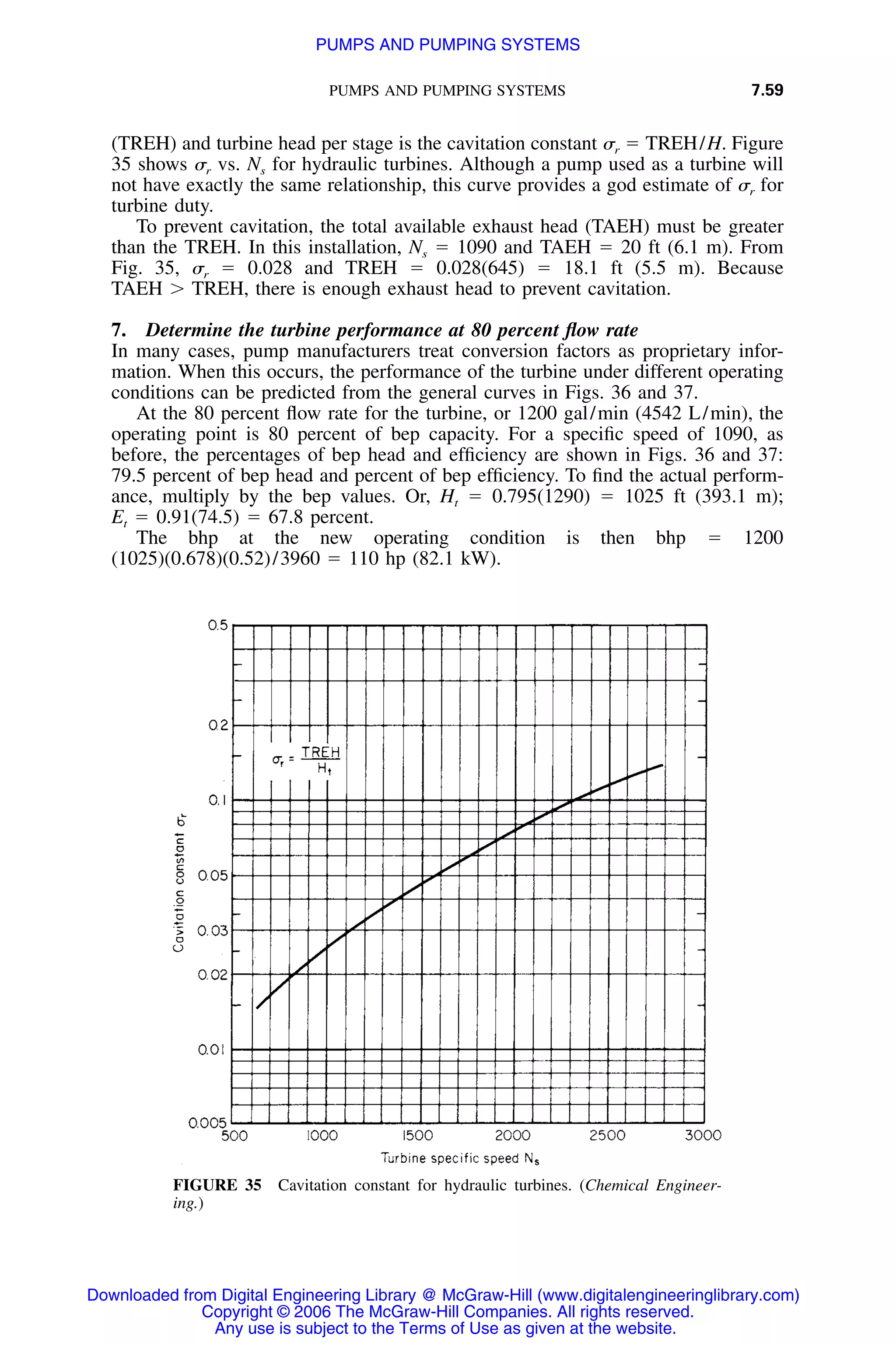 PUMPS AND PUMPING SYSTEMS 7.59
FIGURE 35 Cavitation constant for hydraulic turbines. (Chemical Engineer-
ing.)
(TREH) and turbine head per stage is the cavitation constant ␴r ϭ TREH/H. Figure
35 shows ␴r vs. Ns for hydraulic turbines. Although a pump used as a turbine will
not have exactly the same relationship, this curve provides a god estimate of ␴r for
turbine duty.
To prevent cavitation, the total available exhaust head (TAEH) must be greater
than the TREH. In this installation, Ns ϭ 1090 and TAEH ϭ 20 ft (6.1 m). From
Fig. 35, ␴r ϭ 0.028 and TREH ϭ 0.028(645) ϭ 18.1 ft (5.5 m). Because
TAEH Ͼ TREH, there is enough exhaust head to prevent cavitation.
7. Determine the turbine performance at 80 percent ﬂow rate
In many cases, pump manufacturers treat conversion factors as proprietary infor-
mation. When this occurs, the performance of the turbine under different operating
conditions can be predicted from the general curves in Figs. 36 and 37.
At the 80 percent ﬂow rate for the turbine, or 1200 gal/min (4542 L/min), the
operating point is 80 percent of bep capacity. For a speciﬁc speed of 1090, as
before, the percentages of bep head and efﬁciency are shown in Figs. 36 and 37:
79.5 percent of bep head and percent of bep efﬁciency. To ﬁnd the actual perform-
ance, multiply by the bep values. Or, Ht ϭ 0.795(1290) ϭ 1025 ft (393.1 m);
Et ϭ 0.91(74.5) ϭ 67.8 percent.
The bhp at the new operating condition is then bhp ϭ 1200
(1025)(0.678)(0.52)/3960 ϭ 110 hp (82.1 kW).
Downloaded from Digital Engineering Library @ McGraw-Hill (www.digitalengineeringlibrary.com)
Copyright © 2006 The McGraw-Hill Companies. All rights reserved.
Any use is subject to the Terms of Use as given at the website.
PUMPS AND PUMPING SYSTEMS
 