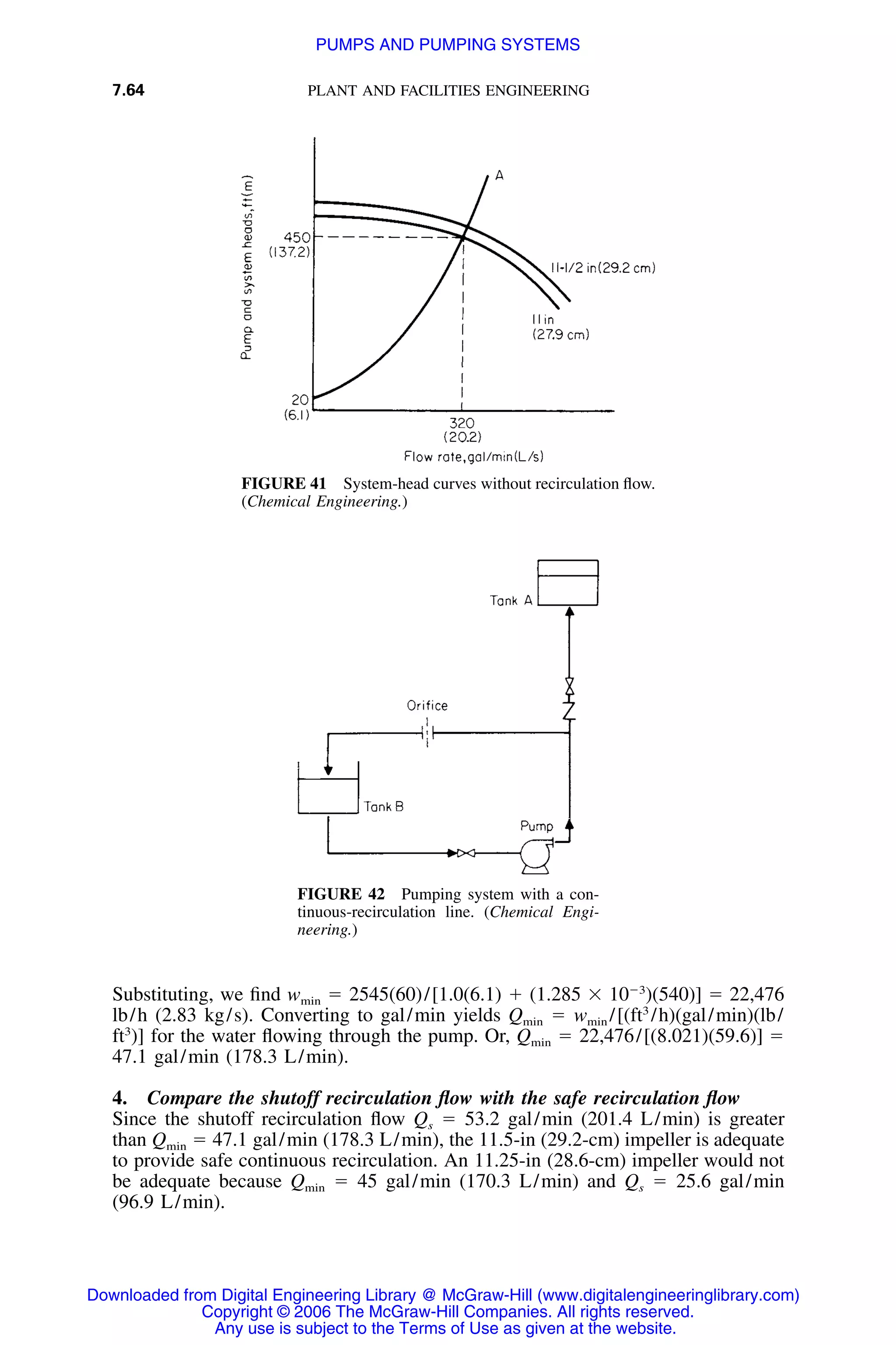 7.64 PLANT AND FACILITIES ENGINEERING
FIGURE 41 System-head curves without recirculation ﬂow.
(Chemical Engineering.)
FIGURE 42 Pumping system with a con-
tinuous-recirculation line. (Chemical Engi-
neering.)
Substituting, we ﬁnd wmin ϭ 2545(60)/[1.0(6.1) ϩ (1.285 ϫ 10Ϫ3
)(540)] ϭ 22,476
lb/h (2.83 kg/s). Converting to gal/min yields Qmin ϭ wmin /[(ft3
/h)(gal/min)(lb/
ft3
)] for the water ﬂowing through the pump. Or, Qmin ϭ 22,476/[(8.021)(59.6)] ϭ
47.1 gal/min (178.3 L/min).
4. Compare the shutoff recirculation ﬂow with the safe recirculation ﬂow
Since the shutoff recirculation ﬂow Qs ϭ 53.2 gal/min (201.4 L/min) is greater
than Qmin ϭ 47.1 gal/min (178.3 L/min), the 11.5-in (29.2-cm) impeller is adequate
to provide safe continuous recirculation. An 11.25-in (28.6-cm) impeller would not
be adequate because Qmin ϭ 45 gal/min (170.3 L/min) and Qs ϭ 25.6 gal/min
(96.9 L/min).
Downloaded from Digital Engineering Library @ McGraw-Hill (www.digitalengineeringlibrary.com)
Copyright © 2006 The McGraw-Hill Companies. All rights reserved.
Any use is subject to the Terms of Use as given at the website.
PUMPS AND PUMPING SYSTEMS
 