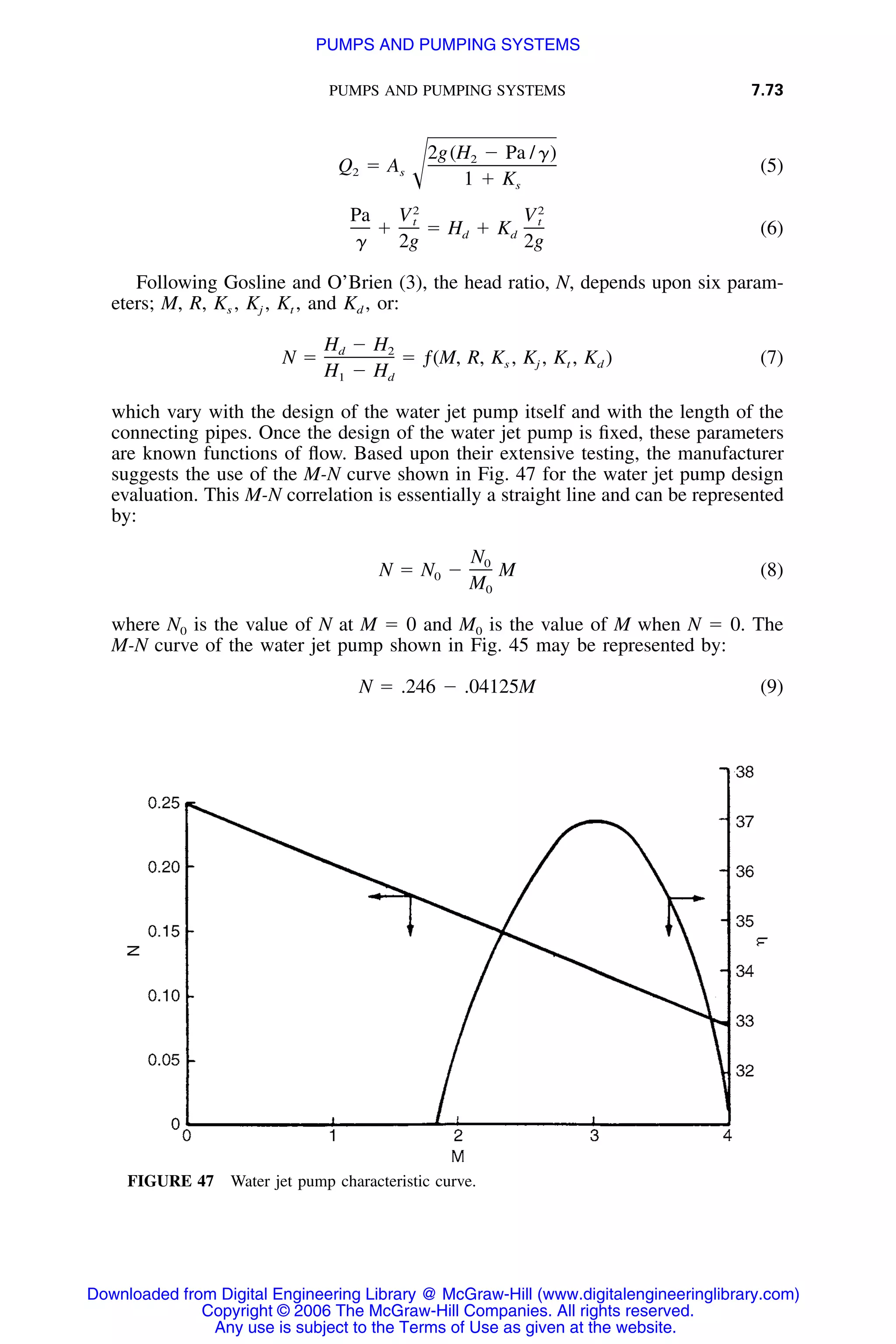 PUMPS AND PUMPING SYSTEMS 7.73
FIGURE 47 Water jet pump characteristic curve.
2g(H Ϫ Pa /␥)2
Q ϭ A (5)2 s Ί 1 ϩ Ks
2 2
Pa V Vt t
ϩ ϭ H ϩ K (6)d d
␥ 2g 2g
Following Gosline and O’Brien (3), the head ratio, N, depends upon six param-
eters; M, R, Ks , Kj , Kt , and Kd , or:
H Ϫ Hd 2
N ϭ ϭ ƒ(M, R, K , K , K , K ) (7)s j t d
H Ϫ H1 d
which vary with the design of the water jet pump itself and with the length of the
connecting pipes. Once the design of the water jet pump is ﬁxed, these parameters
are known functions of ﬂow. Based upon their extensive testing, the manufacturer
suggests the use of the M-N curve shown in Fig. 47 for the water jet pump design
evaluation. This M-N correlation is essentially a straight line and can be represented
by:
N0
N ϭ N Ϫ M (8)0
M0
where N0 is the value of N at M ϭ 0 and M0 is the value of M when N ϭ 0. The
M-N curve of the water jet pump shown in Fig. 45 may be represented by:
N ϭ .246 Ϫ .04125M (9)
Downloaded from Digital Engineering Library @ McGraw-Hill (www.digitalengineeringlibrary.com)
Copyright © 2006 The McGraw-Hill Companies. All rights reserved.
Any use is subject to the Terms of Use as given at the website.
PUMPS AND PUMPING SYSTEMS
 