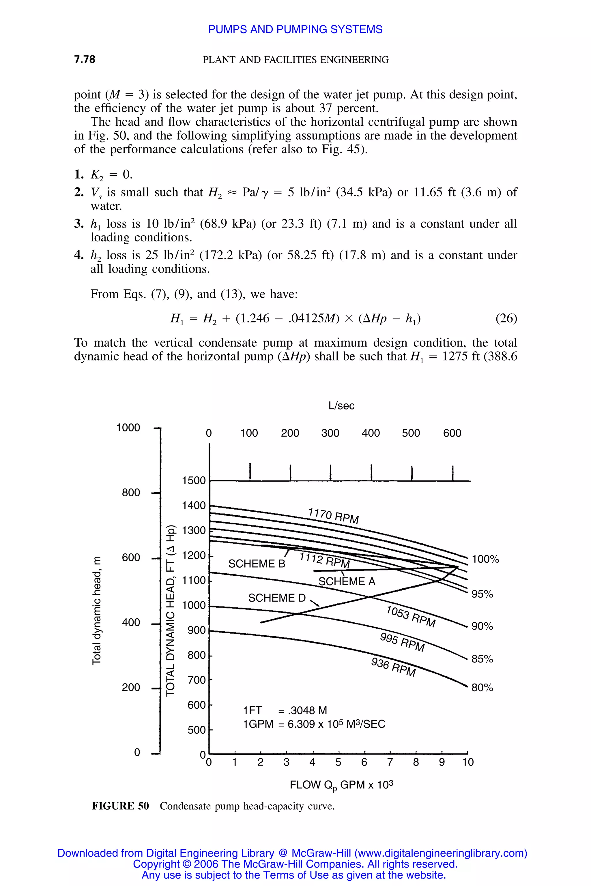7.78 PLANT AND FACILITIES ENGINEERING
Totaldynamichead,m
TOTALDYNAMICHEAD,FT(⌬Hp)
1000
800
600
400
200
0
1500
1400
1300
1200
1100
1000
900
800
700
600
500
0
0
0 100 200 300 400 500 600
1
1FT = .3048 M
1GPM = 6.309 x 105 M3/SEC
2 3 4 5 6 7 8 9 10
100%
95%
90%
85%
80%
SCHEME D
SCHEME A
SCHEME B
1170 RPM
1112 RPM
1053 RPM
995 RPM
936 RPM
FLOW Qp GPM x 103
L/sec
FIGURE 50 Condensate pump head-capacity curve.
point (M ϭ 3) is selected for the design of the water jet pump. At this design point,
the efﬁciency of the water jet pump is about 37 percent.
The head and ﬂow characteristics of the horizontal centrifugal pump are shown
in Fig. 50, and the following simplifying assumptions are made in the development
of the performance calculations (refer also to Fig. 45).
1. K2 ϭ 0.
2. Vs is small such that H2 Ϸ Pa/␥ ϭ 5 lb/in2
(34.5 kPa) or 11.65 ft (3.6 m) of
water.
3. h1 loss is 10 lb/in2
(68.9 kPa) (or 23.3 ft) (7.1 m) and is a constant under all
loading conditions.
4. h2 loss is 25 lb/in2
(172.2 kPa) (or 58.25 ft) (17.8 m) and is a constant under
all loading conditions.
From Eqs. (7), (9), and (13), we have:
H ϭ H ϩ (1.246 Ϫ .04125M) ϫ (⌬Hp Ϫ h ) (26)1 2 1
To match the vertical condensate pump at maximum design condition, the total
dynamic head of the horizontal pump (⌬Hp) shall be such that H1 ϭ 1275 ft (388.6
Downloaded from Digital Engineering Library @ McGraw-Hill (www.digitalengineeringlibrary.com)
Copyright © 2006 The McGraw-Hill Companies. All rights reserved.
Any use is subject to the Terms of Use as given at the website.
PUMPS AND PUMPING SYSTEMS
 