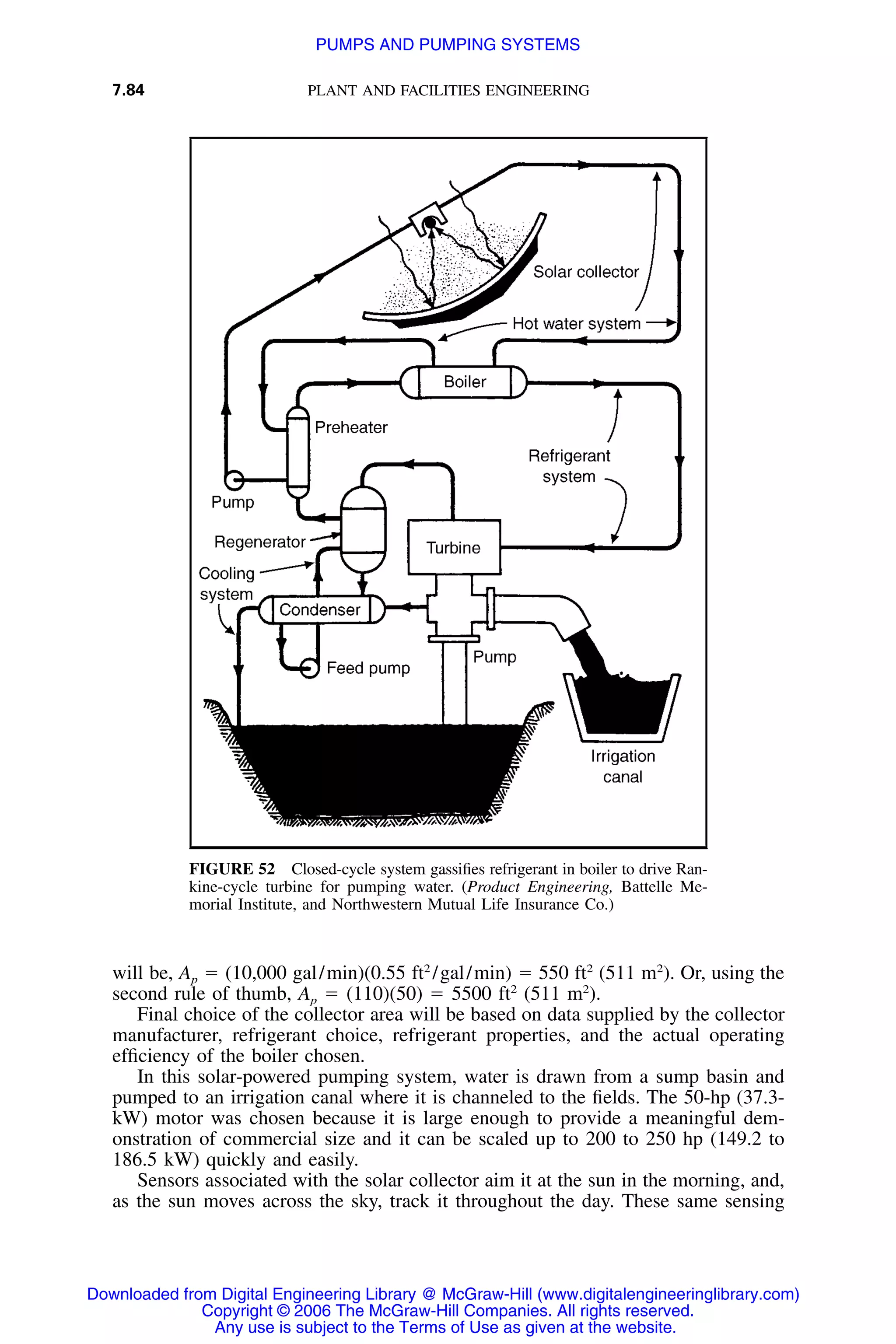 7.84 PLANT AND FACILITIES ENGINEERING
FIGURE 52 Closed-cycle system gassiﬁes refrigerant in boiler to drive Ran-
kine-cycle turbine for pumping water. (Product Engineering, Battelle Me-
morial Institute, and Northwestern Mutual Life Insurance Co.)
will be, Ap ϭ (10,000 gal/min)(0.55 ft2
/gal/min) ϭ 550 ft2
(511 m2
). Or, using the
second rule of thumb, Ap ϭ (110)(50) ϭ 5500 ft2
(511 m2
).
Final choice of the collector area will be based on data supplied by the collector
manufacturer, refrigerant choice, refrigerant properties, and the actual operating
efﬁciency of the boiler chosen.
In this solar-powered pumping system, water is drawn from a sump basin and
pumped to an irrigation canal where it is channeled to the ﬁelds. The 50-hp (37.3-
kW) motor was chosen because it is large enough to provide a meaningful dem-
onstration of commercial size and it can be scaled up to 200 to 250 hp (149.2 to
186.5 kW) quickly and easily.
Sensors associated with the solar collector aim it at the sun in the morning, and,
as the sun moves across the sky, track it throughout the day. These same sensing
Downloaded from Digital Engineering Library @ McGraw-Hill (www.digitalengineeringlibrary.com)
Copyright © 2006 The McGraw-Hill Companies. All rights reserved.
Any use is subject to the Terms of Use as given at the website.
PUMPS AND PUMPING SYSTEMS
 
