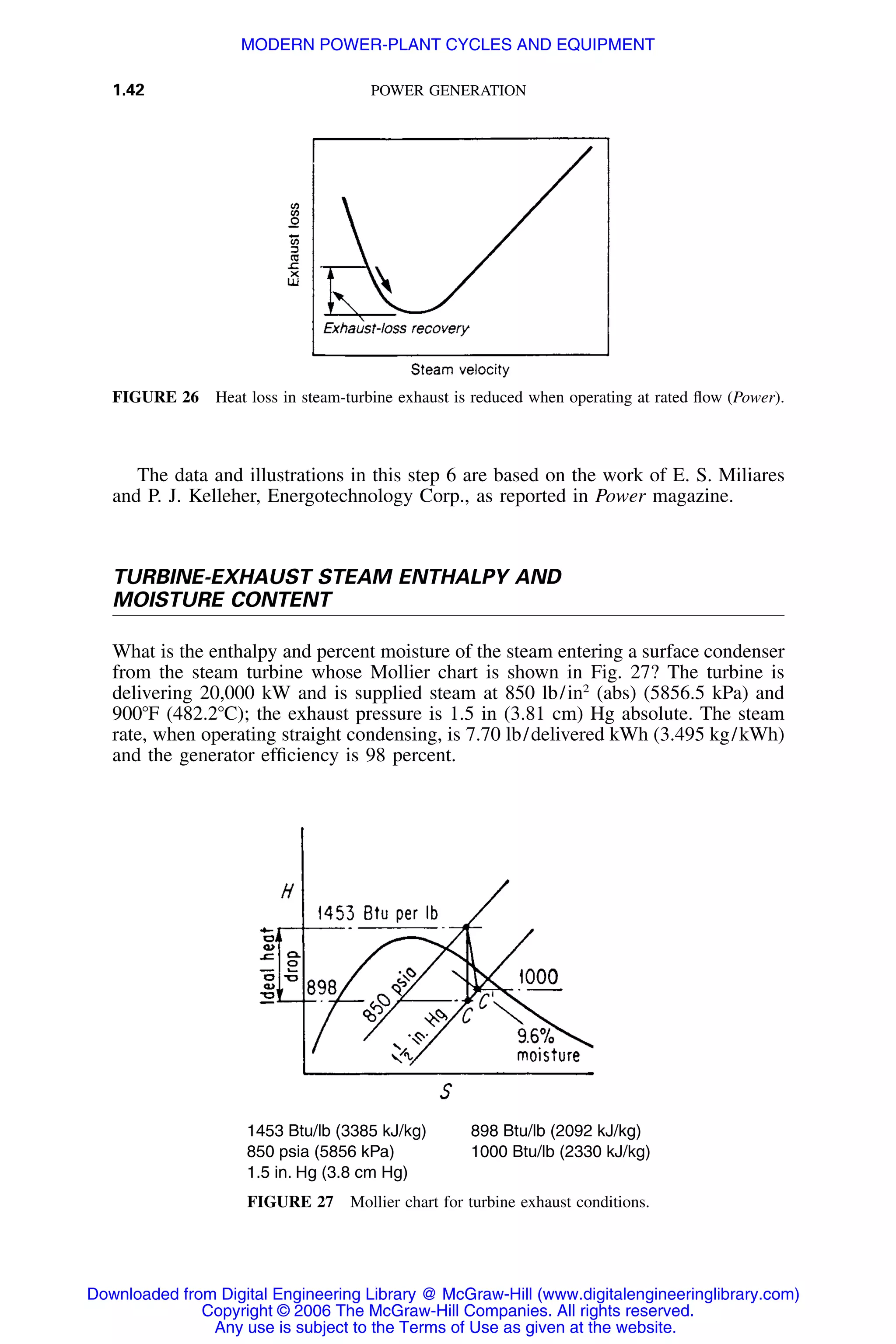 1.42 POWER GENERATION
FIGURE 26 Heat loss in steam-turbine exhaust is reduced when operating at rated ﬂow (Power).
1453 Btu/lb (3385 kJ/kg) 898 Btu/lb (2092 kJ/kg)
850 psia (5856 kPa) 1000 Btu/lb (2330 kJ/kg)
1.5 in. Hg (3.8 cm Hg)
FIGURE 27 Mollier chart for turbine exhaust conditions.
The data and illustrations in this step 6 are based on the work of E. S. Miliares
and P. J. Kelleher, Energotechnology Corp., as reported in Power magazine.
TURBINE-EXHAUST STEAM ENTHALPY AND
MOISTURE CONTENT
What is the enthalpy and percent moisture of the steam entering a surface condenser
from the steam turbine whose Mollier chart is shown in Fig. 27? The turbine is
delivering 20,000 kW and is supplied steam at 850 lb/in2
(abs) (5856.5 kPa) and
900ЊF (482.2ЊC); the exhaust pressure is 1.5 in (3.81 cm) Hg absolute. The steam
rate, when operating straight condensing, is 7.70 lb/delivered kWh (3.495 kg/kWh)
and the generator efﬁciency is 98 percent.
Downloaded from Digital Engineering Library @ McGraw-Hill (www.digitalengineeringlibrary.com)
Copyright © 2006 The McGraw-Hill Companies. All rights reserved.
Any use is subject to the Terms of Use as given at the website.
MODERN POWER-PLANT CYCLES AND EQUIPMENT
 