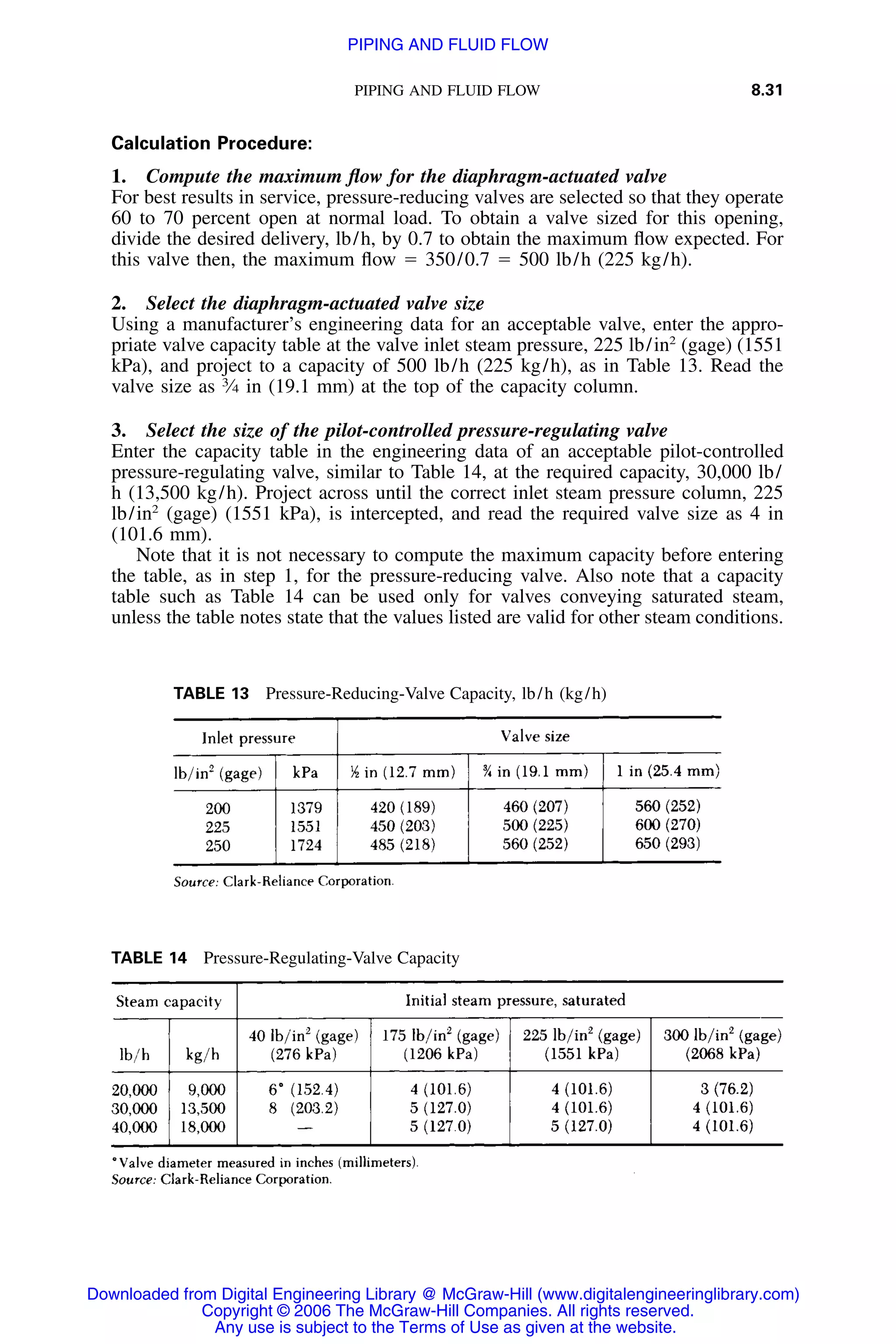 PIPING AND FLUID FLOW 8.31
TABLE 14 Pressure-Regulating-Valve Capacity
TABLE 13 Pressure-Reducing-Valve Capacity, lb/h (kg/h)
Calculation Procedure:
1. Compute the maximum ﬂow for the diaphragm-actuated valve
For best results in service, pressure-reducing valves are selected so that they operate
60 to 70 percent open at normal load. To obtain a valve sized for this opening,
divide the desired delivery, lb/h, by 0.7 to obtain the maximum ﬂow expected. For
this valve then, the maximum ﬂow ϭ 350/0.7 ϭ 500 lb/h (225 kg/h).
2. Select the diaphragm-actuated valve size
Using a manufacturer’s engineering data for an acceptable valve, enter the appro-
priate valve capacity table at the valve inlet steam pressure, 225 lb/in2
(gage) (1551
kPa), and project to a capacity of 500 lb/h (225 kg/h), as in Table 13. Read the
valve size as 3
⁄4 in (19.1 mm) at the top of the capacity column.
3. Select the size of the pilot-controlled pressure-regulating valve
Enter the capacity table in the engineering data of an acceptable pilot-controlled
pressure-regulating valve, similar to Table 14, at the required capacity, 30,000 lb/
h (13,500 kg/h). Project across until the correct inlet steam pressure column, 225
lb/in2
(gage) (1551 kPa), is intercepted, and read the required valve size as 4 in
(101.6 mm).
Note that it is not necessary to compute the maximum capacity before entering
the table, as in step 1, for the pressure-reducing valve. Also note that a capacity
table such as Table 14 can be used only for valves conveying saturated steam,
unless the table notes state that the values listed are valid for other steam conditions.
Downloaded from Digital Engineering Library @ McGraw-Hill (www.digitalengineeringlibrary.com)
Copyright © 2006 The McGraw-Hill Companies. All rights reserved.
Any use is subject to the Terms of Use as given at the website.
PIPING AND FLUID FLOW
 