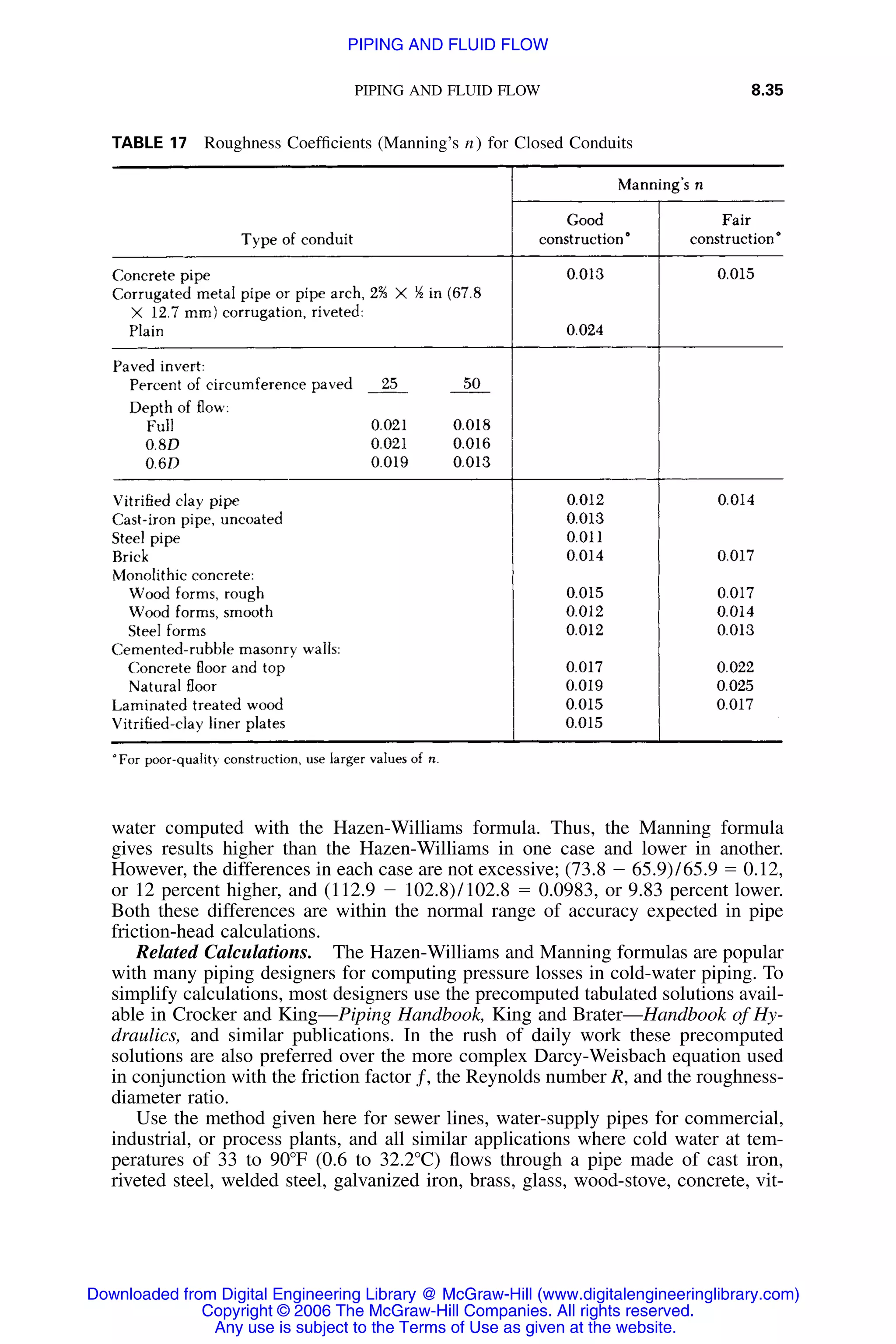 PIPING AND FLUID FLOW 8.35
TABLE 17 Roughness Coefﬁcients (Manning’s n) for Closed Conduits
water computed with the Hazen-Williams formula. Thus, the Manning formula
gives results higher than the Hazen-Williams in one case and lower in another.
However, the differences in each case are not excessive; (73.8 Ϫ 65.9)/65.9 ϭ 0.12,
or 12 percent higher, and (112.9 Ϫ 102.8)/102.8 ϭ 0.0983, or 9.83 percent lower.
Both these differences are within the normal range of accuracy expected in pipe
friction-head calculations.
Related Calculations. The Hazen-Williams and Manning formulas are popular
with many piping designers for computing pressure losses in cold-water piping. To
simplify calculations, most designers use the precomputed tabulated solutions avail-
able in Crocker and King—Piping Handbook, King and Brater—Handbook of Hy-
draulics, and similar publications. In the rush of daily work these precomputed
solutions are also preferred over the more complex Darcy-Weisbach equation used
in conjunction with the friction factor ƒ, the Reynolds number R, and the roughness-
diameter ratio.
Use the method given here for sewer lines, water-supply pipes for commercial,
industrial, or process plants, and all similar applications where cold water at tem-
peratures of 33 to 90ЊF (0.6 to 32.2ЊC) ﬂows through a pipe made of cast iron,
riveted steel, welded steel, galvanized iron, brass, glass, wood-stove, concrete, vit-
Downloaded from Digital Engineering Library @ McGraw-Hill (www.digitalengineeringlibrary.com)
Copyright © 2006 The McGraw-Hill Companies. All rights reserved.
Any use is subject to the Terms of Use as given at the website.
PIPING AND FLUID FLOW
 