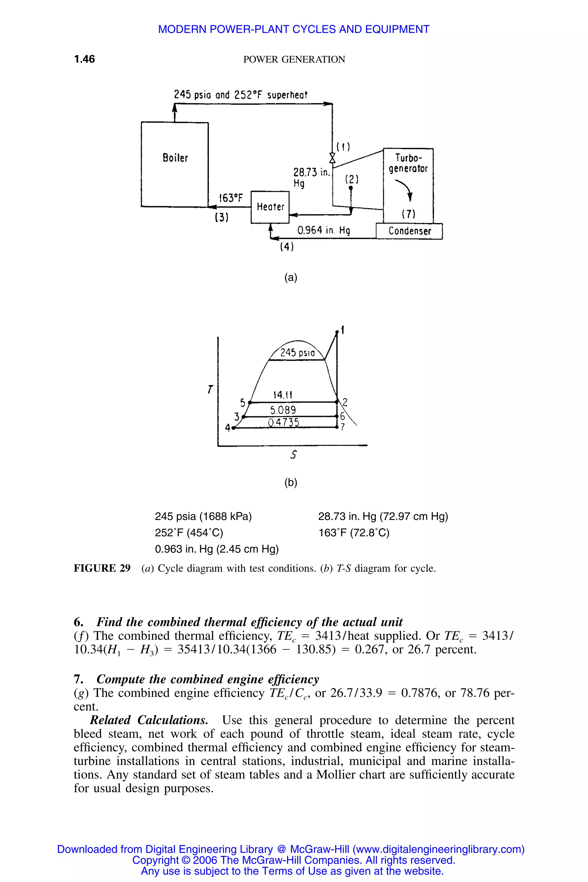1.46 POWER GENERATION
(a)
(b)
245 psia (1688 kPa) 28.73 in. Hg (72.97 cm Hg)
252˚F (454˚C) 163˚F (72.8˚C)
0.963 in. Hg (2.45 cm Hg)
FIGURE 29 (a) Cycle diagram with test conditions. (b) T-S diagram for cycle.
6. Find the combined thermal efﬁciency of the actual unit
(ƒ) The combined thermal efﬁciency, TEc ϭ 3413/heat supplied. Or TEc ϭ 3413/
10.34(H1 Ϫ H3) ϭ 35413/10.34(1366 Ϫ 130.85) ϭ 0.267, or 26.7 percent.
7. Compute the combined engine efﬁciency
(g) The combined engine efﬁciency TEc /Cc, or 26.7/33.9 ϭ 0.7876, or 78.76 per-
cent.
Related Calculations. Use this general procedure to determine the percent
bleed steam, net work of each pound of throttle steam, ideal steam rate, cycle
efﬁciency, combined thermal efﬁciency and combined engine efﬁciency for steam-
turbine installations in central stations, industrial, municipal and marine installa-
tions. Any standard set of steam tables and a Mollier chart are sufﬁciently accurate
for usual design purposes.
Downloaded from Digital Engineering Library @ McGraw-Hill (www.digitalengineeringlibrary.com)
Copyright © 2006 The McGraw-Hill Companies. All rights reserved.
Any use is subject to the Terms of Use as given at the website.
MODERN POWER-PLANT CYCLES AND EQUIPMENT
 