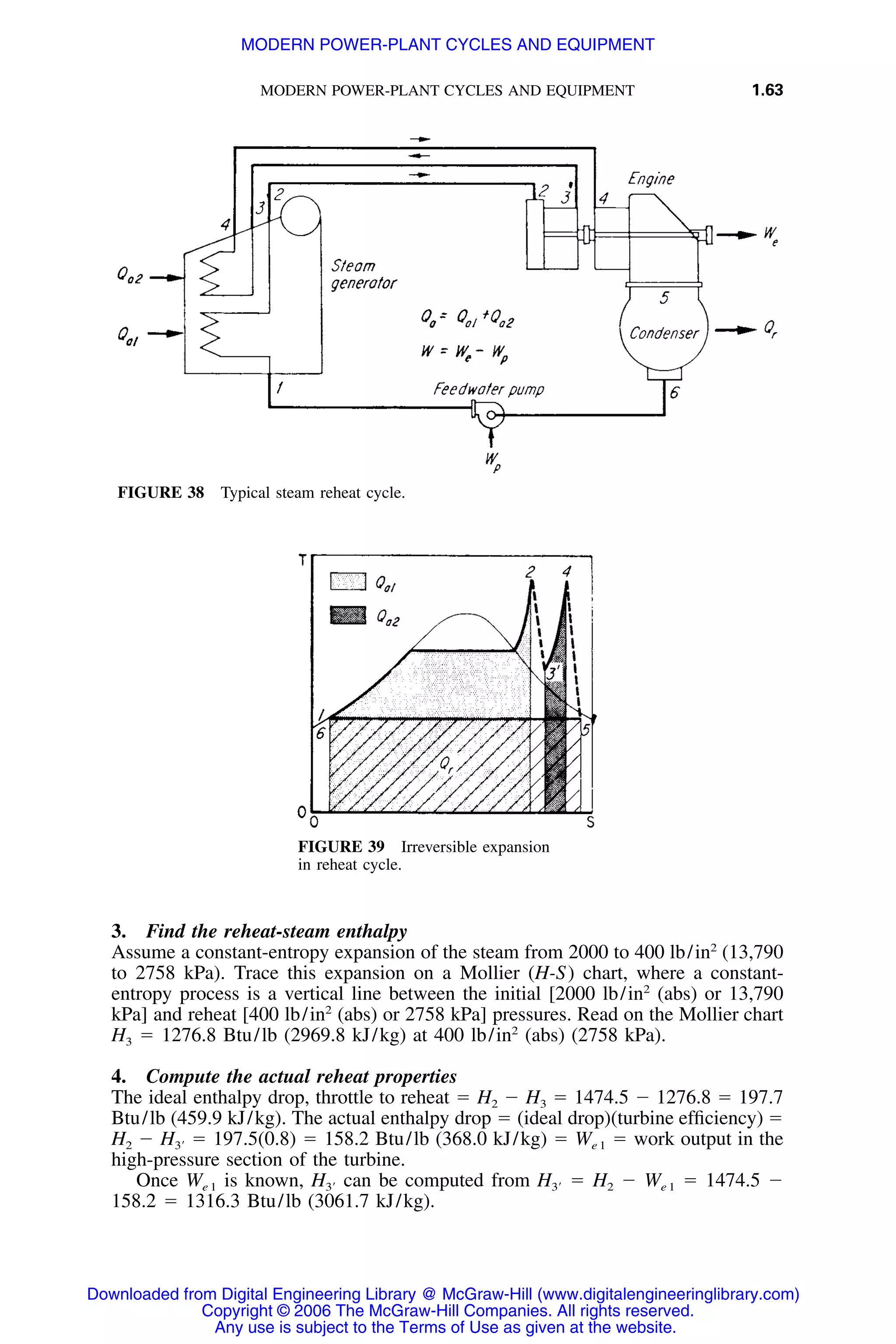 MODERN POWER-PLANT CYCLES AND EQUIPMENT 1.63
FIGURE 38 Typical steam reheat cycle.
FIGURE 39 Irreversible expansion
in reheat cycle.
3. Find the reheat-steam enthalpy
Assume a constant-entropy expansion of the steam from 2000 to 400 lb/in2
(13,790
to 2758 kPa). Trace this expansion on a Mollier (H-S) chart, where a constant-
entropy process is a vertical line between the initial [2000 lb/in2
(abs) or 13,790
kPa] and reheat [400 lb/in2
(abs) or 2758 kPa] pressures. Read on the Mollier chart
H3 ϭ 1276.8 Btu/lb (2969.8 kJ/kg) at 400 lb/in2
(abs) (2758 kPa).
4. Compute the actual reheat properties
The ideal enthalpy drop, throttle to reheat ϭ H2 Ϫ H3 ϭ 1474.5 Ϫ 1276.8 ϭ 197.7
Btu/lb (459.9 kJ/kg). The actual enthalpy drop ϭ (ideal drop)(turbine efﬁciency) ϭ
H2 Ϫ ϭ 197.5(0.8) ϭ 158.2 Btu/lb (368.0 kJ/kg) ϭ We 1 ϭ work output in theH3Ј
high-pressure section of the turbine.
Once We 1 is known, can be computed from ϭ H2 Ϫ We 1 ϭ 1474.5 ϪH H3Ј 3Ј
158.2 ϭ 1316.3 Btu/lb (3061.7 kJ/kg).
Downloaded from Digital Engineering Library @ McGraw-Hill (www.digitalengineeringlibrary.com)
Copyright © 2006 The McGraw-Hill Companies. All rights reserved.
Any use is subject to the Terms of Use as given at the website.
MODERN POWER-PLANT CYCLES AND EQUIPMENT
 