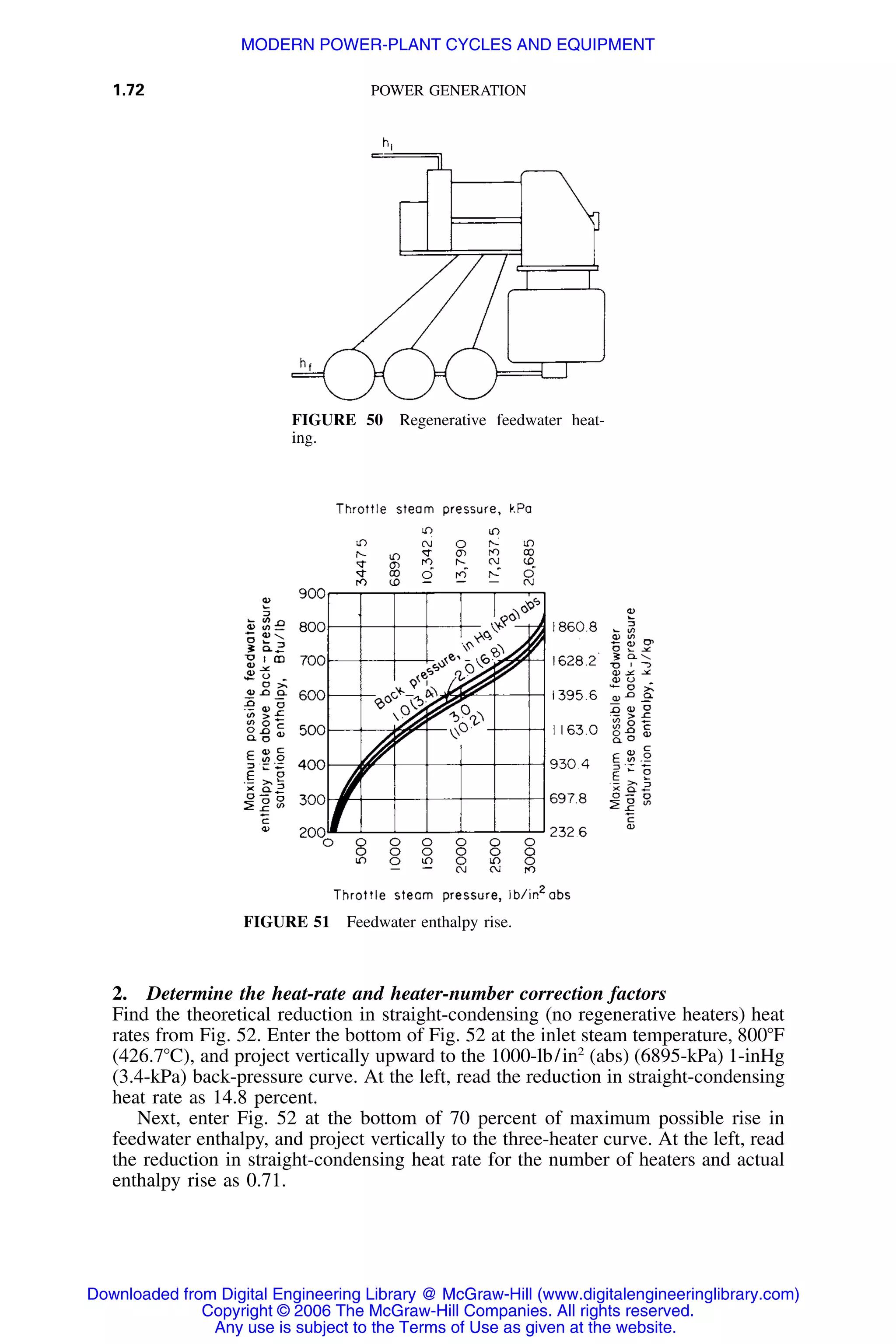 1.72 POWER GENERATION
FIGURE 50 Regenerative feedwater heat-
ing.
FIGURE 51 Feedwater enthalpy rise.
2. Determine the heat-rate and heater-number correction factors
Find the theoretical reduction in straight-condensing (no regenerative heaters) heat
rates from Fig. 52. Enter the bottom of Fig. 52 at the inlet steam temperature, 800ЊF
(426.7ЊC), and project vertically upward to the 1000-lb/in2
(abs) (6895-kPa) 1-inHg
(3.4-kPa) back-pressure curve. At the left, read the reduction in straight-condensing
heat rate as 14.8 percent.
Next, enter Fig. 52 at the bottom of 70 percent of maximum possible rise in
feedwater enthalpy, and project vertically to the three-heater curve. At the left, read
the reduction in straight-condensing heat rate for the number of heaters and actual
enthalpy rise as 0.71.
Downloaded from Digital Engineering Library @ McGraw-Hill (www.digitalengineeringlibrary.com)
Copyright © 2006 The McGraw-Hill Companies. All rights reserved.
Any use is subject to the Terms of Use as given at the website.
MODERN POWER-PLANT CYCLES AND EQUIPMENT
 