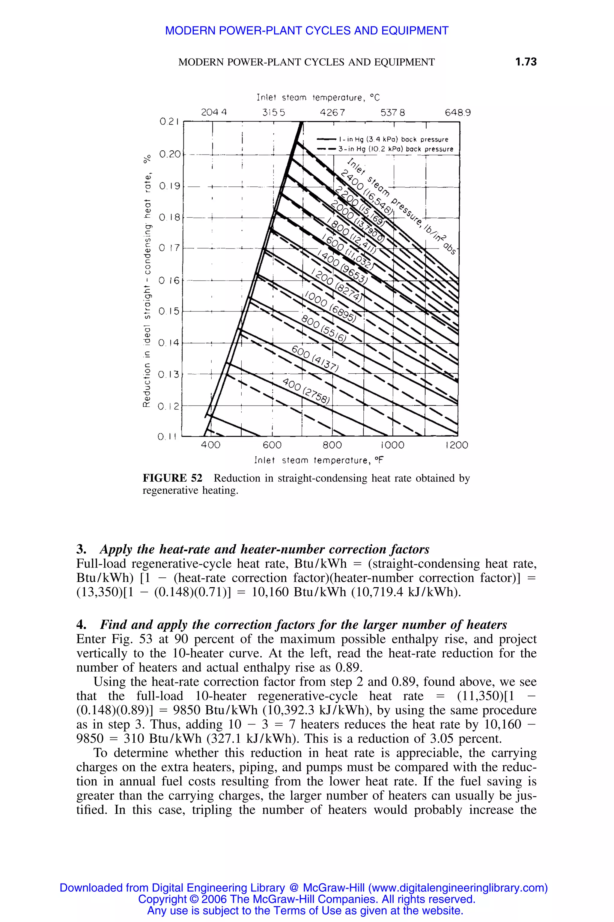 MODERN POWER-PLANT CYCLES AND EQUIPMENT 1.73
FIGURE 52 Reduction in straight-condensing heat rate obtained by
regenerative heating.
3. Apply the heat-rate and heater-number correction factors
Full-load regenerative-cycle heat rate, Btu/kWh ϭ (straight-condensing heat rate,
Btu/kWh) [1 Ϫ (heat-rate correction factor)(heater-number correction factor)] ϭ
(13,350)[1 Ϫ (0.148)(0.71)] ϭ 10,160 Btu/kWh (10,719.4 kJ/kWh).
4. Find and apply the correction factors for the larger number of heaters
Enter Fig. 53 at 90 percent of the maximum possible enthalpy rise, and project
vertically to the 10-heater curve. At the left, read the heat-rate reduction for the
number of heaters and actual enthalpy rise as 0.89.
Using the heat-rate correction factor from step 2 and 0.89, found above, we see
that the full-load 10-heater regenerative-cycle heat rate ϭ (11,350)[1 Ϫ
(0.148)(0.89)] ϭ 9850 Btu/kWh (10,392.3 kJ/kWh), by using the same procedure
as in step 3. Thus, adding 10 Ϫ 3 ϭ 7 heaters reduces the heat rate by 10,160 Ϫ
9850 ϭ 310 Btu/kWh (327.1 kJ/kWh). This is a reduction of 3.05 percent.
To determine whether this reduction in heat rate is appreciable, the carrying
charges on the extra heaters, piping, and pumps must be compared with the reduc-
tion in annual fuel costs resulting from the lower heat rate. If the fuel saving is
greater than the carrying charges, the larger number of heaters can usually be jus-
tiﬁed. In this case, tripling the number of heaters would probably increase the
Downloaded from Digital Engineering Library @ McGraw-Hill (www.digitalengineeringlibrary.com)
Copyright © 2006 The McGraw-Hill Companies. All rights reserved.
Any use is subject to the Terms of Use as given at the website.
MODERN POWER-PLANT CYCLES AND EQUIPMENT
 
