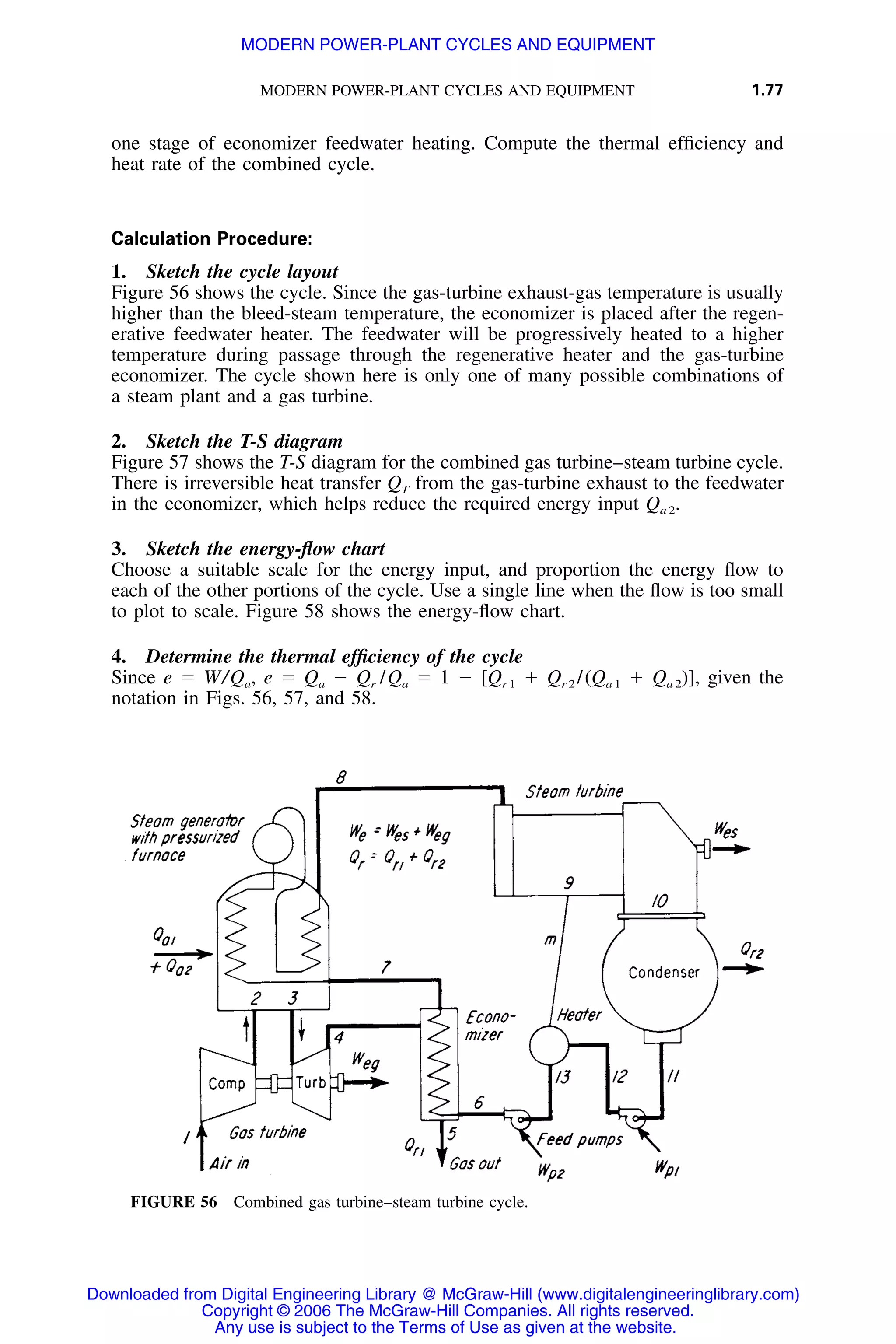 MODERN POWER-PLANT CYCLES AND EQUIPMENT 1.77
FIGURE 56 Combined gas turbine–steam turbine cycle.
one stage of economizer feedwater heating. Compute the thermal efﬁciency and
heat rate of the combined cycle.
Calculation Procedure:
1. Sketch the cycle layout
Figure 56 shows the cycle. Since the gas-turbine exhaust-gas temperature is usually
higher than the bleed-steam temperature, the economizer is placed after the regen-
erative feedwater heater. The feedwater will be progressively heated to a higher
temperature during passage through the regenerative heater and the gas-turbine
economizer. The cycle shown here is only one of many possible combinations of
a steam plant and a gas turbine.
2. Sketch the T-S diagram
Figure 57 shows the T-S diagram for the combined gas turbine–steam turbine cycle.
There is irreversible heat transfer QT from the gas-turbine exhaust to the feedwater
in the economizer, which helps reduce the required energy input Qa 2.
3. Sketch the energy-ﬂow chart
Choose a suitable scale for the energy input, and proportion the energy ﬂow to
each of the other portions of the cycle. Use a single line when the ﬂow is too small
to plot to scale. Figure 58 shows the energy-ﬂow chart.
4. Determine the thermal efﬁciency of the cycle
Since e ϭ W/Qa, e ϭ Qa Ϫ Qr /Qa ϭ 1 Ϫ [Qr 1 ϩ Qr 2 /(Qa 1 ϩ Qa 2)], given the
notation in Figs. 56, 57, and 58.
Downloaded from Digital Engineering Library @ McGraw-Hill (www.digitalengineeringlibrary.com)
Copyright © 2006 The McGraw-Hill Companies. All rights reserved.
Any use is subject to the Terms of Use as given at the website.
MODERN POWER-PLANT CYCLES AND EQUIPMENT
 