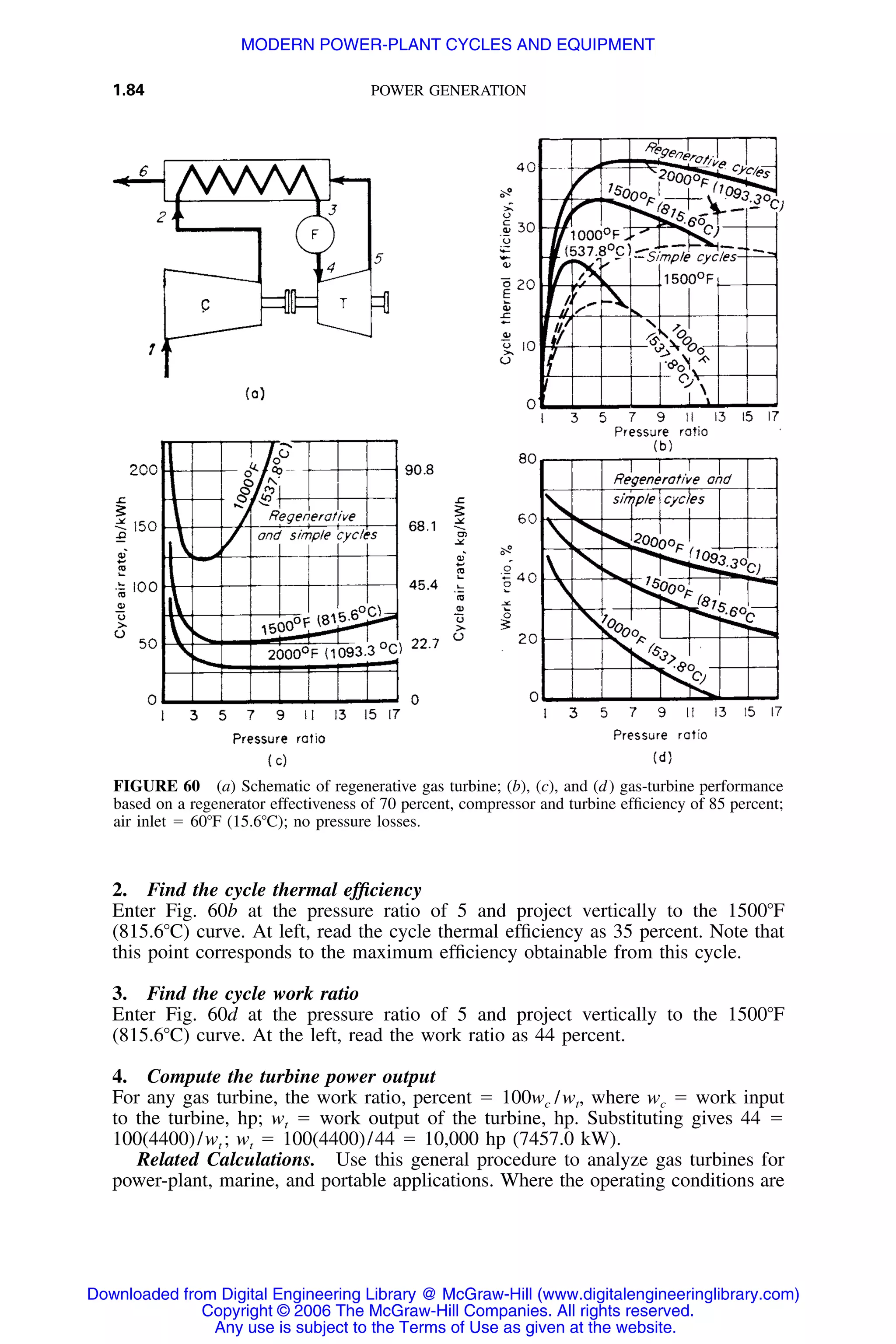 1.84 POWER GENERATION
FIGURE 60 (a) Schematic of regenerative gas turbine; (b), (c), and (d) gas-turbine performance
based on a regenerator effectiveness of 70 percent, compressor and turbine efﬁciency of 85 percent;
air inlet ϭ 60ЊF (15.6ЊC); no pressure losses.
2. Find the cycle thermal efﬁciency
Enter Fig. 60b at the pressure ratio of 5 and project vertically to the 1500ЊF
(815.6ЊC) curve. At left, read the cycle thermal efﬁciency as 35 percent. Note that
this point corresponds to the maximum efﬁciency obtainable from this cycle.
3. Find the cycle work ratio
Enter Fig. 60d at the pressure ratio of 5 and project vertically to the 1500ЊF
(815.6ЊC) curve. At the left, read the work ratio as 44 percent.
4. Compute the turbine power output
For any gas turbine, the work ratio, percent ϭ 100wc /wt, where wc ϭ work input
to the turbine, hp; wt ϭ work output of the turbine, hp. Substituting gives 44 ϭ
100(4400)/wt ; wt ϭ 100(4400)/44 ϭ 10,000 hp (7457.0 kW).
Related Calculations. Use this general procedure to analyze gas turbines for
power-plant, marine, and portable applications. Where the operating conditions are
Downloaded from Digital Engineering Library @ McGraw-Hill (www.digitalengineeringlibrary.com)
Copyright © 2006 The McGraw-Hill Companies. All rights reserved.
Any use is subject to the Terms of Use as given at the website.
MODERN POWER-PLANT CYCLES AND EQUIPMENT
 