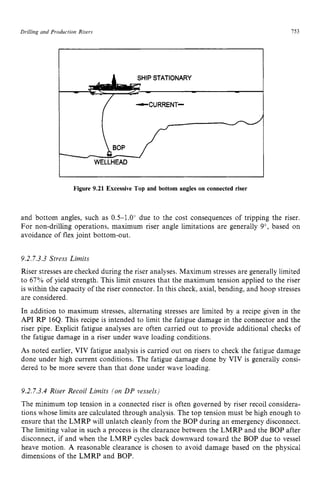 Drilling and Production Risers 153 z
HIP STATIONARY
-CURRENT- zyxwv
Figure 9.21 Excessive Top and bottom angles on connected riser zyx
and bottom angles, such as 0.5-1.0" due to the cost consequences of tripping the riser.
For non-drilling operations, maximum riser angle limitations are generally zy
9", based on
avoidance of flex joint bottom-out.
9.2.7.3.3 Stress Limits
Riser stresses are checked during the riser analyses. Maximum stresses are generally limited
to 67% of yield strength. This limit ensures that the maximum tension applied to the riser
is within the capacity of the riser connector. In this check, axial, bending, and hoop stresses
are considered.
In addition to maximum stresses, alternating stresses are limited by a recipe given in the
API RP 164. This recipe is intended to limit the fatigue damage in the connector and the
riser pipe. Explicit fatigue analyses are often carried out to provide additional checks of
the fatigue damage in a riser under wave loading conditions.
As noted earlier, VIV fatigue analysis is carried out on risers to check the fatigue damage
done under high current conditions. The fatigue damage done by VIV is generally consi-
dered to be more severe than that done under wave loading.
9.2.7.3.4 Riser Recoil Limits ion DP vessels)
The minimum top tension in a connected riser is often governed by riser recoil considera-
tions whose limits are calculated through analysis. The top tension must be high enough to
ensure that the LMRP will unlatch cleanly from the BOP during an emergency disconnect.
The limiting value in such a process is the clearance between the LMRP and the BOP after
disconnect, if and when the LMRP cycles back downward toward the BOP due to vessel
heave motion. A reasonable clearance is chosen to avoid damage based on the physical
dimensions of the LMRP and BOP.
 