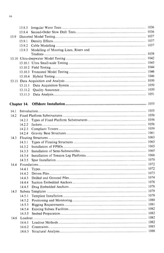 xx zyxwvutsrqponm
13.8.3 Irregular Wave Tests zyxwvu
................ .......................................................... 1036
13.8.4 Second-Order Slow Drift Tests.............................. ..................... 1036
13.9.1 Density Effects........ .......................................................... 1037
13.9.2 Cable Modelling ........................................ ........................................ 1037
13.9 Distorted Model Testing...............................................................................................
13.9.3 Modelling of Mooring Lines, Risers and
Tendons ............................................................................................ 1038
........................................................... 1042
....................................... 1044
13.10 Ultra-deepwater Model Testing ...
13.10.1 Ultra Small-scale Testing ........................................................... 1043
13.10.2 Field Testing................................................
13.10.3 Truncated Model Testing ...............................................
13.10.4 Hybrid Testi .................................................................................... 1046
13.11.1 Data Acquisi em .............................................. .................... 1050
13.11.3 Data Analysis................... ........................................................... 1051
13.11 Data Acquisition and ........................................ 1050
13.11.2 Quality Ass zyxwvut
Chapter 14. Offshore Installation ................................................................................ 1055
14.1
14.2
14.3
14.4
14.5
14.6
Introduction .................................... ........................................................... 1055
Fixed Platform Substructures .................................................. ..................... 1056
14.2.2 Jackets ................... ............................................................................. 1056
14.2.3 Compliant Towers ............................................................................. 1059
14.2.4 Gravity Base Struc ............................................................................. 1061
Floating Structures ................................................. ........................................ 1063
14.3.1 Types of Floating Structures ......................................... ..................... 1063
14.2.1 Types of Fixed Platform Substructures ................................................................. 1056
14.3.2 Installation of FPSOs .......................................................................
14.3.5 Spar Installation ............................................................ ...................... 1070
14.4.1 Types....................... ................................................................... 1072
14.4.2 Driven Piles................................. ............................................... 1073
14.4.3 Drilled and Grouted Piles............................ .............................. 1074
14.4.4 Suction Embedded Anchors .............................................................
14.4.5 Drag Embedded Anchors ...................................................................................... 1078
14.5.1 Template Installation ........................................................................ 1079
14.5.2 Positioning and Monitoring..................................................................... 1080
14.5.3 Rigging Requirements....................................................................... 1081
14.5.4 Existing Subsea Facilities....................................................................................... 1082
Subsea Templates ......................................... ....................................... 1079
14.5.5 Seabed Preparation ............................................................................. 1082
Loadout .................................................... ........................................... 1082
14.6.1 Loadout Methods .......................................................... .................... 1082
14.6.2 Constraints ........................................................................... ... 1085
14.6.3 Structural Analysis .................................................................................... 1086
 