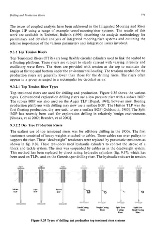 Drilling and Production zyxwvutsrqp
Risers zyxwvutsr
779 z
The issues of coupled analysis have been addressed in the Integrated Mooring and Riser
Design JIP using a range of example vessellmooringlriser systems. The results of this
work are available in Technical Bulletin (1999) describing the analysis methodology for
preliminary and detailed analysis of integrated mooring/riser systems and outlining the
relative importance of the various parameters and integration issues involved.
9.3.2 Top Tension Risers
Top Tensioned Risers (TTRs) are long flexible circular cylinders used to link the seabed to
a floating platform. These risers are subject to steady current with varying intensity and
oscillatory wave flows. The risers are provided with tension at the top to maintain the
angles at the top and bottom under the environmental loading. The tensions needed for the
production risers are generally lower than those for the drilling risers. The risers often
appear in a group arranged in a rectangular (or circular) array.
9.3.2.1 Top Tension Riser Types
Top tensioned risers are used for drilling and production. Figure 9.35 shows the various
types. Conventional exploration drilling risers use a low pressure riser with a subsea BOP.
The subsea BOP was also used on the Auger TLP [Dupal, 19911, however most floating
production platforms with drilling may now use a surface BOP. The Hutton TLP was the
first floating production, dry tree unit, to use a surface BOP [Goldsmith, 19801. The Split
BOP has recently been used for exploration drilling in relatively benign environments
[Shanks, et a1 2002; Brander, et a1 20031.
9.3.2.2 Dry Tree Production Risers
The earliest use of top tensioned risers was for offshore drilling in the 1950s. The first
tensioners consisted of heavy weights attached to cables. These cables ran over pulleys to
support the riser. These “deadweight” tensioners were replaced by pneumatic tensioners as
shown in fig. 9.36. These tensioners used hydraulic cylinders to control the stroke of a
block and tackle system. The riser was suspended by cables as in the deadweight system.
This method has been replaced by direct acting hydraulic cylinders (fig. 9.37), which has
been used on TLPs, and on the Genesis spar drilling riser. The hydraulic rods are in tension
Figure 9.35 Types of drilling and production top tensioned riser systems
 