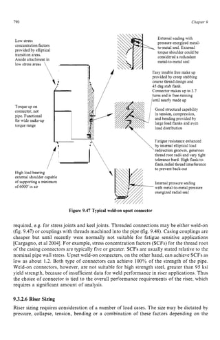 790 zyxwvutsrqpo
Chapter 9
External sealing with
pressure energized metal-
to-metal seal. External
torque shoulder could be
considered a redundant
metal-to-metal seal
Easy trouble free make up
provided by creep stabbing
coursethread design and
45 deg stab flank.
Connector makes up in 3.7
turns and is free running
Low stress
concentration factors
provided by elliptical
transition areas.
low stress areas
Torque up on
connector, not
pipe. Functional
for wide make-up
torque range
large load flanks and even
load distribution
Fatigue resistance enhanced
by internal elliptical load
redirection grooves, generous
thread root radii and very tight
tolerance bard. High flank-to-
flank radial thread interference
to prevent back-out
Internal pressure sealing
with metal-to-metal pressure
energized radial seal
High load bearing
external shoulder capable
of supportinga minimum
of 6000' in air zyxwvutsrq
Figure 9.47 Typical weld-on upset connector
required, e.g. for stress joints and keel joints. Threaded connections may be either weld-on
(fig. 9.47) or couplings with threads machined into the pipe (fig. 9.48). Casing couplings are
cheaper but until recently were normally not suitable for fatigue sensitive applications
[Cargagno, et a1 20041. For example, stress concentration factors (SCFs) for the thread root
of the casing connectors are typically five or greater. SCFs are usually stated relative to the
nominal pipe wall stress. Upset weld-on connecters, on the other hand, can achieve SCFs as
low as about 1.2. Both type of connectors can achieve 100% of the strength of the pipe.
Weld-on connectors, however, are not suitable for high strength steel, greater than 95 ksi
yield strength, because of insufficient data for weld performance in riser applications. Thus
the choice of connector is tied to the overall performance requirements of the riser, which
requires a significant amount of analysis.
9.3.2.6 Riser Sizing
Riser sizing requires consideration of a number of load cases. The size may be dictated by
pressure, collapse, tension, bending or a combination of these factors depending on the
 